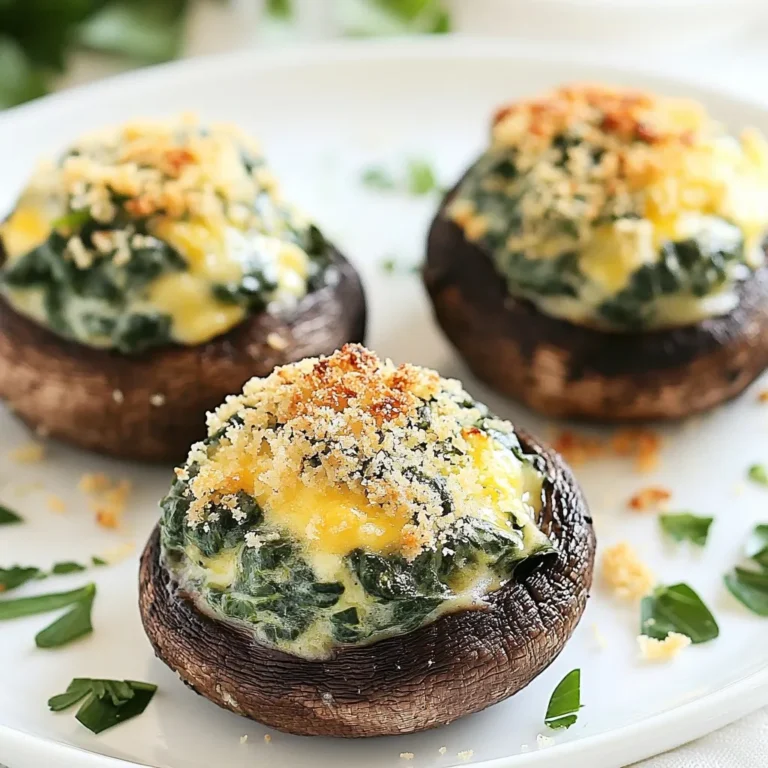 To make creamy spinach stuffed mushrooms, gather these tasty ingredients: - 12 large portobello mushrooms - 2 cups fresh spinach - 1 cup cream cheese - 1/2 cup grated Parmesan cheese - 1/4 cup breadcrumbs - 2 cloves garlic - 1 tablespoon lemon juice - 1 teaspoon dried oregano - Salt and pepper - 2 tablespoons olive oil - Fresh parsley Each item plays a key role in the dish. The portobello mushrooms serve as the perfect base. They have a rich flavor and a meaty texture. Fresh spinach adds a pop of color and nutrients. Cream cheese gives the filling a smooth and creamy base. Parmesan cheese adds depth and a savory taste. Garlic brings warmth to the dish. Lemon juice adds brightness, making the flavors sing. Dried oregano brings an earthy note. Don’t forget salt and pepper to enhance all the flavors. Olive oil helps to sauté the garlic and spinach, adding richness. Garnish with fresh parsley for a lovely touch when serving. With these ingredients, you can create a dish that is both delicious and visually appealing. {{ingredient_image_1}} First, clean the portobello mushrooms. Use a damp cloth to wipe them gently. Remove the stems and place the mushrooms on a baking sheet, gill side up. This setup helps hold the filling and allows for even cooking. In a skillet, heat olive oil over medium heat. Add minced garlic and sauté for about 30 seconds. When the garlic smells good, add the chopped spinach. Cook it until it wilts, which takes about 2-3 minutes. After that, remove the skillet from the heat and let it cool slightly. In a mixing bowl, combine cream cheese, grated Parmesan cheese, lemon juice, dried oregano, salt, and pepper. Stir until smooth. Now, fold the sautéed spinach into the cream cheese mixture until well blended. Spoon the creamy spinach filling into each portobello mushroom. Make sure to divide it evenly. Next, sprinkle breadcrumbs on top of the stuffed mushrooms. This creates a nice, crispy layer. Bake them in your preheated oven at 375°F (190°C) for 20-25 minutes. They are ready when the mushrooms are tender and the tops are golden brown. Once out of the oven, let them cool for a minute. Garnish with fresh parsley before serving. Enjoy your flavorful treat! To make the best creamy spinach filling, focus on the cream cheese. Use softened cream cheese for easy mixing. It should be smooth and spreadable. If it is too firm, let it sit out for a few minutes. For flavor, add salt and pepper to the cream cheese. You can also try a pinch of garlic powder or red pepper flakes. Experiment with fresh herbs like basil or thyme for a twist. These small tweaks can make a big difference! To get golden brown tops, sprinkle breadcrumbs evenly on each mushroom. This helps create a nice crust. Bake them until the tops look crisp and golden, usually around 20-25 minutes. Make sure the mushrooms are tender when done. You can test this by gently pressing them with a fork. They should be soft but not mushy. If they need more time, check them every few minutes. This way, you get the perfect texture every time! Pro Tips Choose Fresh Mushrooms: Select portobello mushrooms that are firm and free from blemishes for the best texture and flavor. Make Ahead: You can prepare the filling a day in advance and store it in the refrigerator until you're ready to stuff the mushrooms. Vary the Cheese: Experiment with different cheeses such as feta or goat cheese for a unique flavor profile in your stuffed mushrooms. Don’t Overstuff: Avoid overfilling the mushrooms to prevent the filling from spilling out during baking; a heaping spoonful per mushroom is perfect. {{image_2}} You can change the cheese in these stuffed mushrooms. For a lighter taste, try using ricotta. Feta adds a nice tang, too. Mixing in gouda or mozzarella gives a creamy texture. Just blend your favorite cheese with the cream cheese mix. This makes the filling even richer. Experiment with flavors to find what you love. If you want a vegan option, replace cream cheese with cashew cheese or tofu. You can use nutritional yeast for a cheesy flavor. Olive oil works great for sautéing to keep it plant-based. With these swaps, you still get a tasty dish that everyone can enjoy. Just follow the same steps in the recipe for a great meal. To store your creamy spinach stuffed mushrooms in the fridge, place them in an airtight container. Make sure they are completely cool before sealing. This helps keep them fresh. You can keep them in the fridge for up to three days. When reheating, preheat your oven to 350°F (175°C). Place the mushrooms on a baking sheet and cover them with foil to prevent drying out. Heat for about 10-15 minutes. Check if they are warm all the way through before serving. You can freeze both unbaked and baked stuffed mushrooms. For unbaked mushrooms, fill them with the creamy spinach mixture, then place them on a baking sheet. Freeze until solid, then transfer them to a freezer bag. For baked mushrooms, allow them to cool completely before freezing. Wrap them tightly in plastic wrap and then foil. This keeps them fresh for up to three months. To thaw, move the mushrooms from the freezer to the fridge overnight. Reheat them in the oven at 350°F (175°C) for about 15-20 minutes, until warm. You can enjoy creamy spinach stuffed mushrooms with many sides. Here are some great options: - A fresh green salad with lemon vinaigrette. - Toasted bread or garlic bread for dipping. - A warm bowl of soup, like tomato basil. - Crispy roasted vegetables, such as carrots or broccoli. - A simple pasta dish, like spaghetti aglio e olio. These pairings make for a colorful plate and add flavor to your meal. Yes, you can prep these mushrooms in advance. Here’s how: - Prepare the filling and stuff the mushrooms. - Cover them tightly with plastic wrap or foil. - Store them in the fridge for up to 24 hours. When you're ready to bake, just take them out and pop them in the oven. You may need to add a few extra minutes to the bake time. You can tell the mushrooms are ready by checking a few signs: - The mushrooms should be tender to the touch. - The tops should turn a nice golden brown. - The filling should feel hot and bubbly. These signs mean your creamy spinach stuffed mushrooms are ready to enjoy! You learned how to make creamy spinach stuffed mushrooms with simple ingredients. We covered the process, from prepping mushrooms to baking them perfectly. Remember to experiment with different cheeses or vegan options for variety. Store and reheat leftovers properly to enjoy later. Stuffed mushrooms are versatile and crowd-pleasing. With these tips, you can create a tasty dish for any occasion. Try it out, and enjoy!