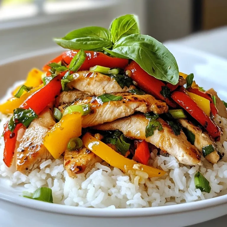 - 1 lb (450g) chicken breast, thinly sliced - 2 cups fresh Thai basil leaves - 1 red bell pepper, sliced - 1 yellow bell pepper, sliced - 4 cloves garlic, minced - 2-3 Thai bird’s eye chilies, sliced (adjust to taste) - 3 tablespoons soy sauce - 1 tablespoon fish sauce - 1 tablespoon oyster sauce - 1 teaspoon sugar - 2 tablespoons vegetable oil - 1 cup jasmine rice (for serving) - Optional: sliced green onions for garnish To keep your ingredients fresh, buy them just before cooking. Thai basil is best when it's bright green and fragrant. Look for firm chicken with no dark spots. When choosing bell peppers, select ones with smooth skin and vibrant colors. Garlic should be firm and dry. For chilies, pick ones that are shiny and firm. If you cannot find Thai basil, use sweet basil or mint for a different taste. You can replace chicken with tofu for a vegetarian option. If you don’t have bird’s eye chilies, try jalapeños for a milder heat. Instead of oyster sauce, use mushroom sauce for a plant-based alternative. Finally, brown rice can replace jasmine rice for a healthier twist. {{ingredient_image_1}} Start cooking your jasmine rice first. Rinse 1 cup of rice under cold water. This helps remove excess starch. Add the rice to a pot with 1.5 cups of water. Bring it to a boil. Once boiling, cover the pot and reduce the heat to low. Let it simmer for about 15 minutes. After that, turn off the heat and let it sit for 5 minutes. Fluff the rice with a fork before serving. Next, prepare the chicken. Take 1 pound of thinly sliced chicken breast. Place it in a mixing bowl. Add 3 tablespoons of soy sauce, 1 tablespoon of fish sauce, 1 tablespoon of oyster sauce, and 1 teaspoon of sugar. Mix well to coat the chicken. Let it marinate for 15 to 20 minutes. This step adds deep flavor to your dish. Now, let’s stir-fry. Heat 2 tablespoons of vegetable oil in a large wok or skillet. Wait until the oil shimmers. Add 4 cloves of minced garlic and 2-3 sliced bird’s eye chilies. Stir for about 30 seconds. You want the garlic to smell good but not burn. Next, add the marinated chicken in a single layer. Cook for 5-7 minutes until it’s cooked through. Once the chicken is browned, toss in 1 sliced red bell pepper and 1 sliced yellow bell pepper. Stir-fry this for another 2-3 minutes. Finally, remove the pan from heat and fold in 2 cups of fresh Thai basil leaves. They should wilt quickly. Serve your stir-fry over the jasmine rice. Enjoy your meal! To get the true taste of Thai food, use fresh ingredients. Fresh Thai basil is key. It adds a sweet and spicy note. Use bird’s eye chilies for heat. They pack a punch! Don't skip the fish sauce; it gives depth. If you can, find high-quality soy sauce. This makes a big difference in flavor. The heat of your dish is up to you. Start with one or two bird’s eye chilies. You can always add more later. If you want less heat, remove the seeds. If you love spice, leave them in. For a milder taste, use sweet bell peppers. They balance out the heat well. Stir-frying is quick and easy, but timing is everything. Prep all your ingredients first. This way, you can add them quickly. Make sure your oil is hot before adding garlic. This helps release its flavor. Stir constantly to avoid burning. Add vegetables last to keep them crisp. The goal is tender chicken and crunchy veggies. Enjoy the process! Pro Tips Marinate for More Flavor: Allow the chicken to marinate for at least 20 minutes, or even longer if time permits, to deepen the flavors. Adjust the Heat: Modify the number of bird’s eye chilies based on your spice tolerance; a little goes a long way! Fresh Basil is Key: Use fresh Thai basil for the best aroma and flavor; avoid dried basil as it won’t provide the same taste. Don’t Overcook the Veggies: Stir-fry the bell peppers just until they are tender but still crisp for the best texture. {{image_2}} You can easily make this dish vegetarian or vegan. Use sliced mushrooms instead of chicken. Mushrooms add a nice texture and flavor. You can also use firm tofu. Press the tofu to remove excess water. Then cube it and stir-fry until golden. Replace the fish sauce with soy sauce for a vegan option. If you want to switch proteins, beef works well. Use thinly sliced flank steak or sirloin. Cook it the same way as chicken. Shrimp is another great choice. Use peeled, deveined shrimp and cook until they turn pink. Tofu is versatile and can absorb the flavors well. Each option adds a unique taste to the dish. Feel free to mix different veggies in your stir fry. Broccoli, snap peas, or carrots add color and crunch. You can use green beans for a fresh taste. Seasonal vegetables work best. Just remember to cut them into even pieces for uniform cooking. Each veggie brings its own flavor and texture to the dish. After cooking, let your Thai basil chicken cool down. Place it in an airtight container. Store it in the fridge for up to 3 days. Make sure it’s well-sealed to keep it fresh. This dish tastes even better the next day! If you want to freeze it, portion the stir fry into freezer-safe bags. Remove as much air as possible. Label the bags with the date. You can freeze it for up to 2 months. When you’re ready to eat, thaw it in the fridge overnight. To reheat, use a pan over medium heat. Add a splash of water or broth to keep it moist. Stir occasionally until heated through. You can also use the microwave, but cover it to avoid drying out. Enjoy it with fresh jasmine rice! You can use regular basil if you can't find Thai basil. Regular basil has a milder taste. Another option is to mix sweet basil with mint. This mix gives a hint of Thai flavor. You can also try using coriander, but the taste will change. If you use these substitutes, adjust the amount to fit your taste. Yes, you can use pre-cooked chicken for this recipe. It saves time and still tastes great. Just make sure to cut it into small pieces. Heat it in the wok with some oil. Then, add the veggies and sauces. Stir until everything is warm and mixed well. This method works well if you're in a hurry. To make your Thai basil chicken stir fry spicier, add more Thai bird’s eye chilies. You can slice them thin and mix them in during cooking. If you want extra heat, you can also add chili paste or hot sauce. Taste as you go to find the right level of spice for you. Enjoy the heat! This blog post covered key steps to make a great dish, focusing on fresh ingredients, cooking methods, and variations. You learned how to cook jasmine rice, marinate chicken, and stir-fry veggies to get authentic Thai flavor. Remember, you can customize your meal with different proteins or spice levels. Store leftovers properly for future meals. This simple approach helps anyone enjoy cooking at home, no matter their skill level. Grab your ingredients and start creating a delicious home-cooked dish. Enjoy every bite!