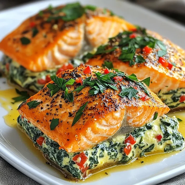 - 4 salmon fillets (6 oz each) - 2 cups fresh spinach, chopped - 1 cup cream cheese, softened - 1/2 cup grated Parmesan cheese - 1/4 cup roasted red peppers, chopped - 2 cloves garlic, minced - 1 tablespoon lemon juice - 1/2 teaspoon salt - 1/4 teaspoon black pepper - 1 tablespoon olive oil - Fresh parsley for garnish You can swap ingredients for your taste. Here are some ideas: - Use feta cheese instead of Parmesan for a tangy twist. - Replace fresh spinach with kale for a heartier filling. - Try sun-dried tomatoes if you don’t have roasted red peppers. - Use vegan cream cheese for a dairy-free option. When buying salmon, look for these signs: - The flesh should be bright and moist, not dull. - Check for a fresh ocean smell. Avoid fish with a strong odor. - The skin should be shiny and tight against the flesh. - If possible, choose wild-caught salmon for better flavor and health benefits. These tips help ensure your Creamy Spinach Stuffed Salmon will taste great! {{ingredient_image_1}} 1. Preheat the Oven: First, set your oven to 375°F (190°C). This gives it time to get hot. 2. Make the Filling: In a medium bowl, mix 2 cups of chopped spinach, 1 cup of softened cream cheese, and 1/2 cup of grated Parmesan cheese. Add 1/4 cup of chopped roasted red peppers, 2 minced garlic cloves, 1 tablespoon of lemon juice, 1/2 teaspoon of salt, and 1/4 teaspoon of black pepper. Stir until it’s creamy and smooth. 3. Prepare the Salmon: Take 4 salmon fillets and place them skin-side down on a cutting board. Use a sharp knife to cut a pocket into each fillet. Be careful not to cut all the way through. 4. Stuff the Salmon: Fill each salmon pocket with the creamy spinach mixture. Use your fingers or a spoon to pack it in gently. 5. Sear the Salmon: Heat 1 tablespoon of olive oil in a large oven-safe skillet over medium-high heat. Place the stuffed salmon fillets skin-side down in the skillet. Cook for about 3-4 minutes until the skin is crispy. 6. Bake the Salmon: Flip the fillets carefully. Then, transfer the skillet to the preheated oven. Bake for 10-12 minutes. 7. Check the Salmon: The salmon is done when it flakes easily with a fork. You can also use a meat thermometer. The internal temperature should reach 145°F (63°C). After baking, let the salmon rest for a few minutes. Garnish with fresh parsley before serving. To make the creamy spinach stuffing shine, use fresh ingredients. I love using fresh spinach, as it gives a burst of flavor. You can mix in other greens too, like kale or arugula. The cream cheese should be soft, so it blends easily. If you want a more tangy taste, add more lemon juice. Roasted red peppers add a nice sweetness. Make sure to chop them small for even mixing. To boost flavor, don’t skip the garlic. Mince it well and mix it in with the other ingredients. You can also add a pinch of red pepper flakes for a little heat. Fresh herbs like dill or basil can enhance the dish, too. Just chop them finely and mix them right in. If you want a more cheesy taste, try adding more Parmesan cheese. It melts beautifully and makes the stuffing richer. For the best salmon, start by preheating your oven. Searing the salmon first gives it a nice crispy skin. Use medium-high heat and let it cook for about 3-4 minutes. When you flip it, be gentle to keep the stuffing inside. After searing, transfer the skillet to the oven. Bake it until the salmon flakes easily with a fork. This should take about 10-12 minutes. Let the salmon rest for a few minutes before serving. This helps keep it juicy and delicious. Pro Tips Choose Fresh Ingredients: Always opt for fresh spinach and high-quality salmon for the best flavor and texture. Don't Overstuff: Be careful not to overstuff the salmon fillets, as this can cause them to break apart during cooking. Check for Doneness: Use a fork to gently flake the salmon at the thickest part; it should flake easily when fully cooked. Experiment with Herbs: Feel free to add different herbs like dill or basil to the spinach mixture for an extra flavor boost. {{image_2}} You can switch up the stuffing in many ways. For a different flavor, try using feta cheese instead of cream cheese. This adds a tangy taste. You can also mix in some fresh herbs, like dill or basil, for more aroma. If you want a bit of heat, add chopped jalapeños or red pepper flakes. For a heartier option, consider mixing in cooked quinoa or rice. These add texture and make the dish more filling. If you need a dairy-free version, replace cream cheese with a nut-based cheese or a dairy-free cream cheese. You can also use nutritional yeast for a cheesy flavor. For gluten-free needs, ensure the Parmesan is labeled gluten-free. Most cheeses are naturally gluten-free, but it’s always good to check. These changes let everyone enjoy this dish without worry. Get creative with flavor! Try adding sun-dried tomatoes for a sweet and tangy taste. A touch of lemon zest can brighten the dish. You could also mix in artichoke hearts or olives for a Mediterranean twist. If you like seafood, consider adding crab meat to the stuffing. Each of these options can turn your creamy spinach stuffed salmon into a unique meal that fits your taste. To store leftovers, first let the salmon cool to room temperature. Then, place it in an airtight container. You can keep it in the fridge for up to three days. Make sure to separate the salmon from any sauce to keep it fresh. When you are ready to enjoy leftovers, preheat your oven to 350°F (175°C). Place the salmon on a baking sheet. Cover it with foil to keep it moist. Heat for about 10-15 minutes. You can also reheat it in the microwave. Just use a microwave-safe dish and cover it with a damp paper towel. Heat for 1-2 minutes, checking to avoid overcooking. If you want to freeze the salmon, wrap each piece tightly in plastic wrap. Then place them in a freezer-safe bag. They can last for up to three months in the freezer. To thaw, move the salmon to the fridge overnight. Avoid thawing in warm water, as it can affect the texture. Bake the stuffed salmon for 10-12 minutes at 375°F. Check for doneness by using a fork. The salmon should flake easily when cooked. If it's still raw at the thickest part, bake a little longer. Keep an eye on it to avoid overcooking. Salmon cooks quickly, so stay close! Yes, you can use frozen salmon. Just make sure to thaw it first. Thaw it overnight in the fridge or use cold water to speed up the process. Pat it dry after thawing to remove excess moisture. This helps the skin crisp up nicely when cooked. You can serve many sides with this dish. Here are some great options: - Roasted asparagus - Garlic mashed potatoes - Steamed broccoli - Quinoa salad - Mixed greens salad These sides complement the rich flavors of the salmon. They also add color and nutrition to your meal. Enjoy mixing and matching your favorites! In this blog post, we explored the key ingredients needed for stuffed salmon, along with smart substitutions and tips for choosing fresh fish. I shared a step-by-step guide on preparation, cooking, and checking for doneness. I also offered useful tips to perfect the stuffing and enhance flavors. Lastly, we looked at variations and storage info for leftovers. Stuffed salmon is versatile and easy. Use these insights to create a meal everyone will love. Enjoy your cooking!