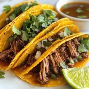 To make classic birria tacos, you need a few key ingredients. Here are the essentials: - 2 lbs beef chuck roast, cut into chunks - 1 lb short ribs - 4 dried guajillo chiles, stems and seeds removed - 2 dried ancho chiles, stems and seeds removed - 4 cloves garlic, minced - 1 onion, chopped - 1 tablespoon cumin - 1 tablespoon oregano - 1 teaspoon cinnamon - 4 cups beef broth - 2 tablespoons apple cider vinegar - Salt and pepper to taste - Corn tortillas These ingredients give your birria its rich flavor and tender texture. The two types of beef create a wonderful mix of taste. The dried chiles bring heat and depth. You can enhance your birria tacos with a few optional garnishes: - Chopped cilantro - Diced onion - Lime wedges for serving These toppings add freshness and brightness. A squeeze of lime can really lift the flavors. If you need to make any changes, there are good options. You might use different cuts of meat, like brisket or pork. For a lighter version, try jackfruit for a vegetarian twist. If you can't find guajillo or ancho chiles, use any dried chiles you like. Just remember, this will change the flavor. These substitutions allow you to adjust based on what you have or prefer. {{ingredient_image_1}} First, toast the guajillo and ancho chiles in a dry skillet. Use medium heat for about 2-3 minutes. You want them to smell fragrant. After toasting, soak them in hot water for 20 minutes. This softens the chiles. Drain and blend them with 1 cup of beef broth until smooth. This blend adds rich flavor to the dish. Next, heat a splash of oil in a large pot over medium-high heat. Season the beef chuck and short ribs with salt and pepper. Brown the meat on all sides for about 5-7 minutes. This step builds flavor. Once browned, remove the meat and set it aside. In the same pot, add the chopped onion and minced garlic. Sauté them until soft and fragrant, about 3-4 minutes. This step brings out their natural sweetness and adds depth to your dish. Return the browned meat to the pot. Pour in the blended chile sauce, the remaining beef broth, apple cider vinegar, cumin, oregano, and cinnamon. Stir everything together well. This mix brings all the flavors together. Bring the mixture to a simmer. Cover the pot and reduce the heat to low. Let it cook for about 2-3 hours. The meat needs to be tender and easily pulled apart. This slow cooking makes the meat juicy and full of flavor. Once cooked, remove the meat from the pot. Use two forks to shred it. Return the shredded meat to the pot, mixing it well with the broth. This helps the meat soak up all the tasty juices. Warm the corn tortillas in a pan or over an open flame. Fill each tortilla with a generous amount of the birria meat. Don’t be shy; the more, the better! Serve the tacos with a small bowl of the broth for dipping. Top each taco with chopped cilantro and diced onion. A squeeze of lime adds a nice touch. Enjoy the burst of flavors in every bite! For the best birria tacos, I recommend using beef chuck roast and short ribs. These cuts have fat that adds flavor and keeps the meat tender. The fat melts while cooking, making the meat juicy and rich. If you want to try different meats, lamb or goat are also great options. Just remember, tougher cuts work best for this long-cooking method. The broth is key to birria tacos. Start by toasting the dried guajillo and ancho chiles. This step brings out their rich flavor. After soaking, blend them with beef broth for a smooth sauce. The mix of cumin, oregano, and cinnamon gives the broth depth. Don't forget to taste as you go! Adjust the salt and pepper to your liking. Warming the corn tortillas makes a big difference. I like to heat them in a dry skillet over medium heat for about 30 seconds on each side. If you want a smoky taste, try warming them over an open flame. Just keep an eye on them to avoid burning. Warm tortillas make the tacos soft and tasty. Dip your tacos in the rich broth for the best experience. This adds flavor and keeps them moist. Serve each taco with a small bowl of broth on the side. You can also top with chopped cilantro and diced onion for extra flavor. Squeeze a fresh lime wedge over the top for a bright finish. Enjoy each bite! Pro Tips Quality Ingredients: Use high-quality beef and fresh spices for the best flavor in your birria tacos. Chiles Matter: Toasting the chiles enhances their flavor, so don't skip this step for a richer sauce. Slow and Low: The longer you simmer the meat, the more tender it becomes. Aim for at least 2-3 hours. Broth is Key: Serve the tacos with the broth for dipping; it adds moisture and depth to the flavor. {{image_2}} You can enjoy birria tacos without meat. Use jackfruit or mushrooms to mimic the texture. Both options soak up flavors well. Use the same spices and broth for a rich taste. Cook them down until tender. You’ll get a savory bite that’s full of flavor. While beef is classic, you can try other meats. Pork is a great choice for a different taste. Goat meat also works well, giving a unique flavor. Chicken can be a lighter option, too. Each meat will soak up the spices, making it delicious. Presentation makes your tacos even more fun. Stack your tacos on a colorful plate. Add a small bowl of broth for dipping. Garnish with fresh cilantro and diced onion on top. Serve lime wedges on the side for extra zest. This makes your meal not only tasty but also beautiful! After enjoying your birria tacos, let any leftovers cool down. Place the meat and broth in separate airtight containers. This keeps the meat juicy and tasty. Store them in the fridge for up to three days. If you want to save them for longer, check out the freezing instructions below. To freeze your birria, first ensure it cools completely. Place the shredded meat and broth in freezer-safe bags. Remove as much air as possible. Label the bags with the date. This way, you'll know when to use them. You can freeze the birria for up to three months. When you’re ready to use it, thaw it in the fridge overnight. When you’re ready to enjoy your birria again, reheat it gently. Pour the broth into a pot and add the meat. Heat it over low heat, stirring occasionally until warmed through. This helps keep the flavors intact. You can also reheat the meat in the microwave, but be careful not to overcook it. Serve with fresh tortillas and your favorite toppings for a delicious meal. Traditional birria is a rich stew from Mexico. It often uses goat, but beef is popular too. The meat simmers in a mix of spices and chiles for hours. This makes it tender and full of flavor. People serve birria in tacos or in bowls with broth. It’s a dish that brings warmth and comfort to the table. Yes, you can use a slow cooker for birria tacos. First, sear the meat on the stove. This adds great flavor. Then, place the meat in the slow cooker. Add the blended chiles, broth, and spices. Cook on low for 6-8 hours. The meat will be tender and easy to shred. Classic birria tacos have a mild to medium spice level. The guajillo and ancho chiles give flavor without too much heat. If you like it spicier, add more chiles or some jalapeños. You can adjust the heat to suit your taste. For birria tacos, you can use various toppings. Here are some great options: - Chopped cilantro - Diced onion - Lime wedges - Crumbled queso fresco - Sliced radishes These toppings add color and flavor, making your tacos even better. This recipe yields about six servings. Each taco is filled with tender meat and rich broth. You can easily adjust the recipe for more guests by doubling the ingredients. Enjoy sharing these tasty tacos with friends and family! Classic Birria Tacos are rich in flavor and easy to make. We covered key ingredients, from meat choices to optional garnishes. I shared a step-by-step guide for perfect preparation, along with tips for the best taste. You learned about variations, storage options, and common questions. Enjoy crafting your tacos with your own twist! Each bite takes you to new flavors and experiences. Dive in, experiment, and share with friends and family. Taste the fun of making Birria Tacos at home!