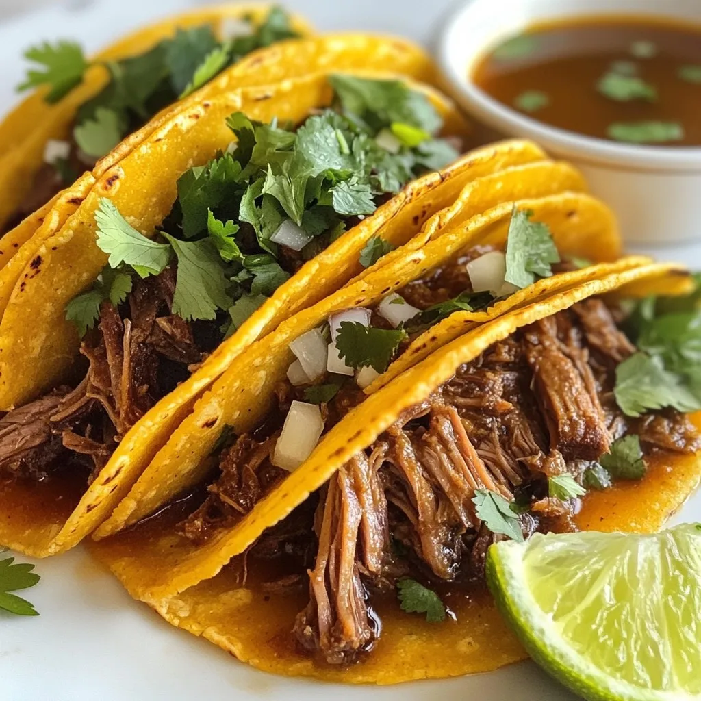 To make classic birria tacos, you need a few key ingredients. Here are the essentials: - 2 lbs beef chuck roast, cut into chunks - 1 lb short ribs - 4 dried guajillo chiles, stems and seeds removed - 2 dried ancho chiles, stems and seeds removed - 4 cloves garlic, minced - 1 onion, chopped - 1 tablespoon cumin - 1 tablespoon oregano - 1 teaspoon cinnamon - 4 cups beef broth - 2 tablespoons apple cider vinegar - Salt and pepper to taste - Corn tortillas These ingredients give your birria its rich flavor and tender texture. The two types of beef create a wonderful mix of taste. The dried chiles bring heat and depth. You can enhance your birria tacos with a few optional garnishes: - Chopped cilantro - Diced onion - Lime wedges for serving These toppings add freshness and brightness. A squeeze of lime can really lift the flavors. If you need to make any changes, there are good options. You might use different cuts of meat, like brisket or pork. For a lighter version, try jackfruit for a vegetarian twist. If you can't find guajillo or ancho chiles, use any dried chiles you like. Just remember, this will change the flavor. These substitutions allow you to adjust based on what you have or prefer. {{ingredient_image_1}} First, toast the guajillo and ancho chiles in a dry skillet. Use medium heat for about 2-3 minutes. You want them to smell fragrant. After toasting, soak them in hot water for 20 minutes. This softens the chiles. Drain and blend them with 1 cup of beef broth until smooth. This blend adds rich flavor to the dish. Next, heat a splash of oil in a large pot over medium-high heat. Season the beef chuck and short ribs with salt and pepper. Brown the meat on all sides for about 5-7 minutes. This step builds flavor. Once browned, remove the meat and set it aside. In the same pot, add the chopped onion and minced garlic. Sauté them until soft and fragrant, about 3-4 minutes. This step brings out their natural sweetness and adds depth to your dish. Return the browned meat to the pot. Pour in the blended chile sauce, the remaining beef broth, apple cider vinegar, cumin, oregano, and cinnamon. Stir everything together well. This mix brings all the flavors together. Bring the mixture to a simmer. Cover the pot and reduce the heat to low. Let it cook for about 2-3 hours. The meat needs to be tender and easily pulled apart. This slow cooking makes the meat juicy and full of flavor. Once cooked, remove the meat from the pot. Use two forks to shred it. Return the shredded meat to the pot, mixing it well with the broth. This helps the meat soak up all the tasty juices. Warm the corn tortillas in a pan or over an open flame. Fill each tortilla with a generous amount of the birria meat. Don’t be shy; the more, the better! Serve the tacos with a small bowl of the broth for dipping. Top each taco with chopped cilantro and diced onion. A squeeze of lime adds a nice touch. Enjoy the burst of flavors in every bite! For the best birria tacos, I recommend using beef chuck roast and short ribs. These cuts have fat that adds flavor and keeps the meat tender. The fat melts while cooking, making the meat juicy and rich. If you want to try different meats, lamb or goat are also great options. Just remember, tougher cuts work best for this long-cooking method. The broth is key to birria tacos. Start by toasting the dried guajillo and ancho chiles. This step brings out their rich flavor. After soaking, blend them with beef broth for a smooth sauce. The mix of cumin, oregano, and cinnamon gives the broth depth. Don't forget to taste as you go! Adjust the salt and pepper to your liking. Warming the corn tortillas makes a big difference. I like to heat them in a dry skillet over medium heat for about 30 seconds on each side. If you want a smoky taste, try warming them over an open flame. Just keep an eye on them to avoid burning. Warm tortillas make the tacos soft and tasty. Dip your tacos in the rich broth for the best experience. This adds flavor and keeps them moist. Serve each taco with a small bowl of broth on the side. You can also top with chopped cilantro and diced onion for extra flavor. Squeeze a fresh lime wedge over the top for a bright finish. Enjoy each bite! Pro Tips Quality Ingredients: Use high-quality beef and fresh spices for the best flavor in your birria tacos. Chiles Matter: Toasting the chiles enhances their flavor, so don't skip this step for a richer sauce. Slow and Low: The longer you simmer the meat, the more tender it becomes. Aim for at least 2-3 hours. Broth is Key: Serve the tacos with the broth for dipping; it adds moisture and depth to the flavor. {{image_2}} You can enjoy birria tacos without meat. Use jackfruit or mushrooms to mimic the texture. Both options soak up flavors well. Use the same spices and broth for a rich taste. Cook them down until tender. You’ll get a savory bite that’s full of flavor. While beef is classic, you can try other meats. Pork is a great choice for a different taste. Goat meat also works well, giving a unique flavor. Chicken can be a lighter option, too. Each meat will soak up the spices, making it delicious. Presentation makes your tacos even more fun. Stack your tacos on a colorful plate. Add a small bowl of broth for dipping. Garnish with fresh cilantro and diced onion on top. Serve lime wedges on the side for extra zest. This makes your meal not only tasty but also beautiful! After enjoying your birria tacos, let any leftovers cool down. Place the meat and broth in separate airtight containers. This keeps the meat juicy and tasty. Store them in the fridge for up to three days. If you want to save them for longer, check out the freezing instructions below. To freeze your birria, first ensure it cools completely. Place the shredded meat and broth in freezer-safe bags. Remove as much air as possible. Label the bags with the date. This way, you'll know when to use them. You can freeze the birria for up to three months. When you’re ready to use it, thaw it in the fridge overnight. When you’re ready to enjoy your birria again, reheat it gently. Pour the broth into a pot and add the meat. Heat it over low heat, stirring occasionally until warmed through. This helps keep the flavors intact. You can also reheat the meat in the microwave, but be careful not to overcook it. Serve with fresh tortillas and your favorite toppings for a delicious meal. Traditional birria is a rich stew from Mexico. It often uses goat, but beef is popular too. The meat simmers in a mix of spices and chiles for hours. This makes it tender and full of flavor. People serve birria in tacos or in bowls with broth. It’s a dish that brings warmth and comfort to the table. Yes, you can use a slow cooker for birria tacos. First, sear the meat on the stove. This adds great flavor. Then, place the meat in the slow cooker. Add the blended chiles, broth, and spices. Cook on low for 6-8 hours. The meat will be tender and easy to shred. Classic birria tacos have a mild to medium spice level. The guajillo and ancho chiles give flavor without too much heat. If you like it spicier, add more chiles or some jalapeños. You can adjust the heat to suit your taste. For birria tacos, you can use various toppings. Here are some great options: - Chopped cilantro - Diced onion - Lime wedges - Crumbled queso fresco - Sliced radishes These toppings add color and flavor, making your tacos even better. This recipe yields about six servings. Each taco is filled with tender meat and rich broth. You can easily adjust the recipe for more guests by doubling the ingredients. Enjoy sharing these tasty tacos with friends and family! Classic Birria Tacos are rich in flavor and easy to make. We covered key ingredients, from meat choices to optional garnishes. I shared a step-by-step guide for perfect preparation, along with tips for the best taste. You learned about variations, storage options, and common questions. Enjoy crafting your tacos with your own twist! Each bite takes you to new flavors and experiences. Dive in, experiment, and share with friends and family. Taste the fun of making Birria Tacos at home!