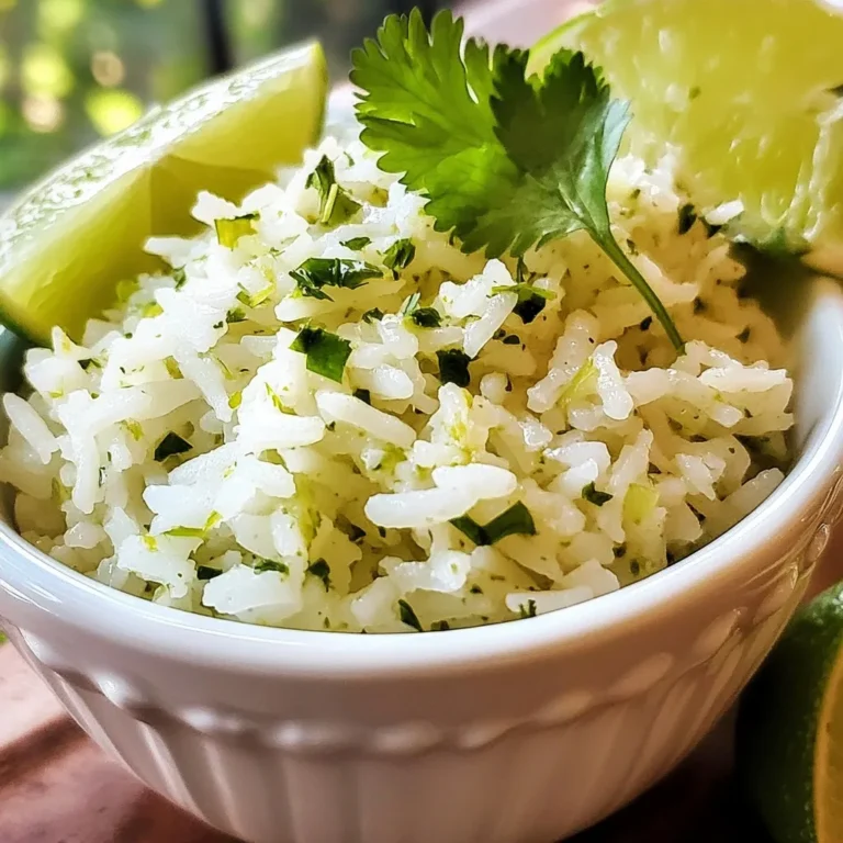 - 1 cup long-grain white rice - 2 cups vegetable broth (or water) - 1 tablespoon olive oil - 1 clove garlic, minced - Zest of 1 lime - Juice of 2 limes - 1 cup fresh cilantro, chopped - 1 teaspoon salt - 1/2 teaspoon black pepper These main ingredients create a bright and fresh flavor. The long-grain white rice gives a fluffy texture. The vegetable broth adds depth and richness. Lime brings a zesty taste, while cilantro adds freshness. - Diced jalapeños for heat If you love spice, diced jalapeños can be a great add-in. They bring warmth and flavor. You can mix them in at the end for a nice kick. Adjust the amount to your taste. - Choose high-quality ingredients for the best flavor. - Look for fresh cilantro with vibrant green leaves. - Use fresh limes for juice and zest; they add more brightness. - When buying rice, select brands known for quality. - For broth, select low-sodium options to control salt levels. Using fresh, quality ingredients makes a big difference. They enhance the dish and elevate each bite. {{ingredient_image_1}} To start, you need to rinse the rice. This step is key for fluffy rice. Place 1 cup of long-grain white rice in a fine-mesh strainer. Hold it under cold water and rinse until the water runs clear. This removes excess starch. Starch can make the rice sticky. After rinsing, let the rice drain well. This helps prevent water from making your rice mushy later. Grab a medium saucepan and set it on medium heat. Add 1 tablespoon of olive oil to the pan. Once the oil is warm, toss in 1 clove of minced garlic. Sauté the garlic until it smells good, about 1 minute. Keep stirring to avoid burning it. Next, add the rinsed rice to the saucepan. Stir it around for 2 to 3 minutes. You want the rice to toast slightly. This gives it a nice flavor. Now, pour in 2 cups of vegetable broth or water. Bring the mixture to a boil. Add 1 teaspoon of salt and 1/2 teaspoon of black pepper. Reduce the heat to low and cover the pot. Let it simmer for 15 to 18 minutes. The rice should absorb all the liquid and become tender. After the rice cooks, remove it from heat. Let it sit, covered, for 5 more minutes. This step helps the rice get fluffy. Use a fork to fluff the rice gently. Now, stir in the zest of 1 lime and the juice of 2 limes. Don’t forget to add 1 cup of chopped fresh cilantro. Mix everything well to blend the flavors. If you like some heat, fold in diced jalapeños. This adds a spicy kick to your zesty cilantro lime rice. Enjoy this bright and fresh side dish! To make perfect Zesty Cilantro Lime Rice, follow these steps: - Rinse the rice: Start by rinsing the rice under cold water. This removes excess starch. It helps keep the rice fluffy and avoids clumping. - Toast the rice: Sauté the rinsed rice in olive oil for a few minutes. This gives it a nice flavor and helps it stay separate. - Simmer gently: Once you add the broth, bring it to a boil. Then, reduce the heat and cover the pot. Let it simmer without stirring. This helps the rice cook evenly. Want to make your rice even better? Here are some tips: - Add spices: Try adding a pinch of cumin or smoked paprika. These spices give depth to the flavor. - Fresh herbs: You can mix in other herbs like parsley or green onions for a fresh twist. - Zesty additions: For extra zing, add more lime juice or zest. This brightens the dish and enhances the lime flavor. Zesty Cilantro Lime Rice pairs well with many meals. Here are some ideas: - Tacos and burritos: Serve it as a side with your favorite tacos or burritos. The flavors complement each other well. - Grilled meats: It goes great with grilled chicken or fish. The fresh taste of the rice balances the smoky flavor of the meat. - Salads: Mix the rice into salads for added texture and flavor. It works well in a Mexican-style salad or a grain bowl. Pro Tips Rinse Your Rice: Rinsing the rice helps to remove excess starch, resulting in a fluffier texture that won't clump together. Toast the Rice: Sautéing the rice in olive oil before adding liquid enhances its nutty flavor and adds depth to your dish. Let It Rest: Allowing the rice to sit covered for a few minutes after cooking lets it absorb any remaining moisture and improves the overall texture. Add Lime Gradually: Start with a smaller amount of lime juice and adjust to taste to achieve your desired level of acidity without overpowering the dish. {{image_2}} You can easily make Zesty Cilantro Lime Rice vegan and gluten-free. Use vegetable broth instead of water to keep it vegan. This broth adds rich flavor. For gluten-free needs, ensure your broth is certified gluten-free. The rice itself is gluten-free, so you're already set there! Want to switch up the flavor? Try adding coconut milk instead of some broth. This gives the rice a creamy texture and a hint of sweetness. You can also mix in different herbs like parsley or mint. Each herb offers a unique twist. For a citrus boost, add some orange zest along with the lime. If you love heat, add diced jalapeños before cooking. This gives your rice a spicy kick. You can also use cayenne pepper for a different spice level. If you prefer mild, skip the jalapeños. Instead, try sweet peppers for a pop of color without the heat. To store leftover rice, let it cool first. Transfer the rice to an airtight container. This helps keep it fresh and prevents any strange odors. Place the container in your fridge. The rice should last up to four days in the refrigerator. If you want to keep the rice longer, freezing is a great option. Spoon the cooled rice into freezer bags. Try to remove as much air as possible before sealing. Label the bags with the date. When you’re ready to eat, let it thaw overnight in the fridge. You can reheat it in a microwave or on the stove. Add a splash of water to help with moisture. In the fridge, the rice stays fresh for about four days. In the freezer, it can last for up to three months. After that, the quality may drop. It’s best to eat it within those time frames for the best taste and texture. To make your rice extra fluffy, rinse it well. Rinsing removes excess starch, which helps prevent clumping. Use cold water and rinse until it runs clear. After rinsing, drain the rice well. When cooking, use the right water-to-rice ratio. For long-grain white rice, two cups of water for one cup of rice works well. Bring the water to a boil before adding the rice. This helps in achieving a light and fluffy texture. Let the rice simmer on low heat with a lid on. This keeps the steam in and helps the rice cook evenly. After cooking, let it sit covered for 5 minutes. This allows the grains to firm up. Finally, fluff the rice gently with a fork before serving. Yes, you can use brown rice instead of white rice. Brown rice has a nuttier flavor and more nutrients. Keep in mind that it takes longer to cook. For brown rice, use a 2.5 cups of water for every cup of rice. You may need to cook it for about 40-45 minutes instead of the 15-18 minutes for white rice. Make sure to check the rice for doneness. It should be tender but still chewy. You may also want to increase the resting time after cooking. Let it sit for about 10 minutes for best results. Cilantro lime rice pairs well with many dishes. It goes perfectly with grilled chicken, fish, or shrimp. The fresh flavors enhance these proteins nicely. For a vegetarian option, try it with black beans or grilled veggies. The rice also complements spicy dishes. You can serve it alongside tacos or burritos for a complete meal. Salads with lime dressing or avocado also go well. For a refreshing touch, serve it with a light cucumber salad. The bright flavors create a nice balance on the plate. This blog post covered how to make flavorful Zesty Cilantro Lime Rice. We discussed key ingredients, cooking steps, and tips for customization. Remember to choose fresh, high-quality ingredients for the best taste. Whether you're making it spicy or keeping it simple, these variations fit everyone. With the right storage, you can enjoy this dish later, too. For any questions, the FAQs section has you covered. Enjoy your cooking and the vibrant flavors this dish brings to your table!