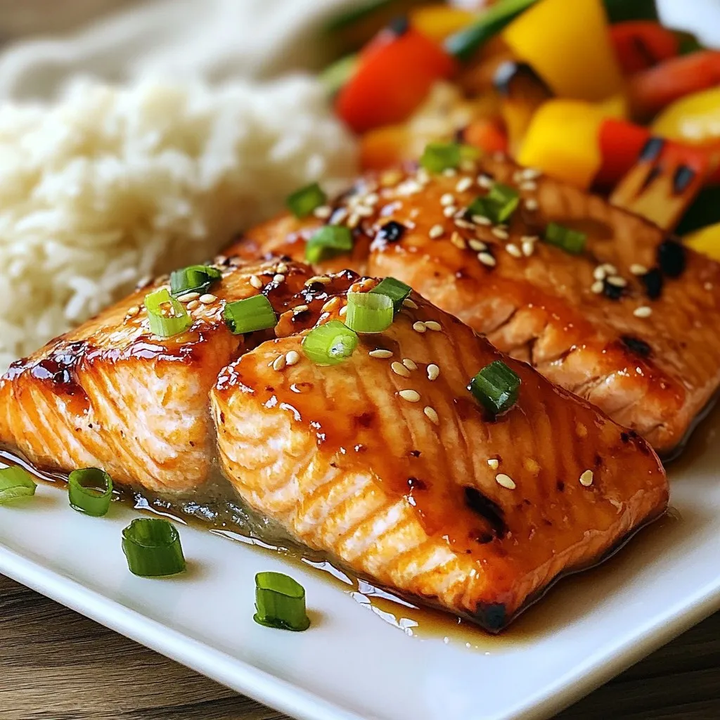 - 4 salmon fillets - 1/4 cup honey - 1/4 cup soy sauce (low sodium recommended) - 3 cloves garlic, minced - 1 tablespoon fresh ginger, grated - 2 tablespoons sesame oil - 1 tablespoon rice vinegar - 1 tablespoon cornstarch (optional for thickening) - Salt and pepper to taste - 2 green onions, chopped (for garnish) - Sesame seeds (for garnish) For this recipe, you need simple yet tasty ingredients. The salmon fillets serve as the star of the dish. Each fillet brings a rich, buttery flavor. Honey adds sweetness. Soy sauce gives a savory kick. Garlic and ginger bring warmth and depth. Sesame oil adds nuttiness. Rice vinegar cuts the richness and balances flavors. You can use low-sodium soy sauce for a healthier option. This choice keeps the dish light while still keeping that soy flavor. Cornstarch thickens the sauce, making it cling to the salmon. Don’t forget the salt and pepper! They help enhance all the flavors. For garnish, chopped green onions and sesame seeds add a pop of color and crunch. These ingredients work well together. They create a bright, savory dish that is easy to make. Plus, they bring global flavors right to your kitchen. {{ingredient_image_1}} - Whisking together the marinade Start by mixing the marinade. In a bowl, whisk together 1/4 cup honey, 1/4 cup soy sauce, 3 minced garlic cloves, 1 tablespoon grated ginger, 2 tablespoons sesame oil, and 1 tablespoon rice vinegar. Blend until smooth. This mix gives the salmon a sweet and savory flavor. - Seasoning salmon fillets Take 4 salmon fillets and sprinkle them with salt and pepper. This adds a nice touch of flavor. After seasoning, place the fillets in the bowl with the marinade. Make sure they are fully coated. - Marinating time and tips Let the salmon sit in the fridge for at least 30 minutes. If you have more time, marinate for up to 2 hours. This step helps the flavors sink in. - Prepping the baking sheet Preheat your oven to 400°F (200°C). Line a baking sheet with parchment paper. This makes cleanup much easier and prevents sticking. - Baking time and temperature Once marinated, put the salmon fillets on the baking sheet, skin side down. Bake for about 12 to 15 minutes. The salmon should flake easily with a fork when done. - Signs that the salmon is done Check for a light pink color in the center. If the salmon flakes apart easily, it’s perfect! - Reheating the marinade While the salmon bakes, take the leftover marinade. Pour it into a small saucepan and bring it to a gentle boil. This step makes the sauce safe to eat. - Thickening with cornstarch If you want a thicker sauce, mix 1 tablespoon of cornstarch with cold water. Stir this mixture into the boiling marinade. Let it simmer for 5 to 7 minutes until it thickens. - Serving suggestions Once the salmon is ready, drizzle the thickened sauce over the top. I love garnishing with chopped green onions and sesame seeds for added crunch and color. Serve it over rice or alongside grilled veggies for a tasty meal! The best cooking methods for salmon are baking and grilling. Baking makes it easy to keep the fish moist. Grilling adds a nice smoky flavor. If you choose to grill, use a medium heat to avoid drying it out. To avoid overcooking the salmon, keep an eye on the time. Salmon cooks fast, usually in 12-15 minutes at 400°F. Check if it flakes easily with a fork. If it does, it's done! For easy cooking, use these suggested tools: - A mixing bowl for the marinade. - A whisk to blend the sauce. - A baking sheet lined with parchment paper for easy cleanup. You can add herbs and spices to boost the flavor. Fresh herbs like cilantro or parsley work well. Also, consider adding a pinch of black pepper or paprika for warmth. Adjust the sweetness and saltiness of the sauce to your taste. If you like it sweeter, add more honey. If you prefer saltier, add a touch more soy sauce. For brightness, pair the salmon with citrus. Squeeze fresh lemon or lime juice on top after cooking. This adds a fresh zing that elevates the dish. Pro Tips Marinate Longer for More Flavor: If time allows, marinate the salmon for 1-2 hours to enhance the flavor even more. Use Fresh Ingredients: Fresh garlic and ginger can elevate the dish. If you're using powdered versions, use them sparingly. Check for Doneness: Salmon is perfectly cooked when it flakes easily with a fork and is opaque throughout. Avoid overcooking to maintain moisture. Experiment with Garnishes: Besides green onions and sesame seeds, try adding crushed peanuts or a sprinkle of chili flakes for a different flavor profile. {{image_2}} You can swap salmon for chicken or tofu. Both options taste great with the honey garlic soy sauce. For chicken, use boneless thighs or breasts. They cook well with this marinade. Tofu is a great vegetarian choice. Choose firm tofu for the best texture. - Cooking times: - Chicken thighs: Bake at 400°F (200°C) for 20-25 minutes. - Chicken breasts: Bake for 25-30 minutes. - Tofu: Bake for 15-20 minutes until golden brown. Adjust the cooking time based on the thickness of the protein. Always check if it's fully cooked through. You can spice things up by adding sriracha or chili flakes. This adds a nice kick to the dish. If you like heat, start with a little and taste as you go. You can also try different types of vinegar. Rice vinegar gives a mild taste, while apple cider vinegar adds a fruity note. For a stronger flavor, use balsamic vinegar. Each choice changes the dish in a fun way. Don't be afraid to experiment! To store salmon properly, let it cool first. Place the salmon in an airtight container. Cover it tightly to keep it fresh. You can also wrap it in plastic wrap. This helps to prevent the fish from drying out. The shelf life of cooked salmon is about three days in the fridge. After that, the taste may change. It might not taste as good after a few days. Always check for any off smells before eating. For freezing cooked salmon, let it cool completely. Wrap each piece in plastic wrap. Then put the wrapped salmon in a freezer bag. Try to remove as much air as possible. This helps prevent freezer burn. When you're ready to eat it, thaw the salmon in the fridge overnight. To reheat, place it in a preheated oven at 350°F (175°C) for about 10-15 minutes. This keeps the salmon moist and tasty. Avoid microwaving, as it can dry out the fish. You should marinate salmon for at least 30 minutes. If you have more time, an hour is even better. This allows the flavors to soak in well. The salmon will taste sweeter and more flavorful with extra marinating time. Yes, you can use regular soy sauce. However, low sodium soy sauce is a better choice. It has less salt, making your dish healthier. Regular soy sauce can make the dish too salty. Adjust the amount of salt you add if you use regular soy sauce. You can serve honey garlic soy salmon with many side dishes. Here are some great options: - Steamed rice - Grilled vegetables - Roasted broccoli - Quinoa salad - Stir-fried greens These sides balance the flavors of the salmon well. They add color and nutrition to your plate. Enjoy your meal! This blog post covered how to create a tasty honey garlic soy salmon. You learned about key ingredients, marinating and baking the salmon, and making a delicious sauce. I shared tips for perfecting your dish and explored variations using other proteins. Lastly, we looked at storage options for your leftovers. Try these steps and enjoy a meal that's both easy and flavorful. Happy cooking!