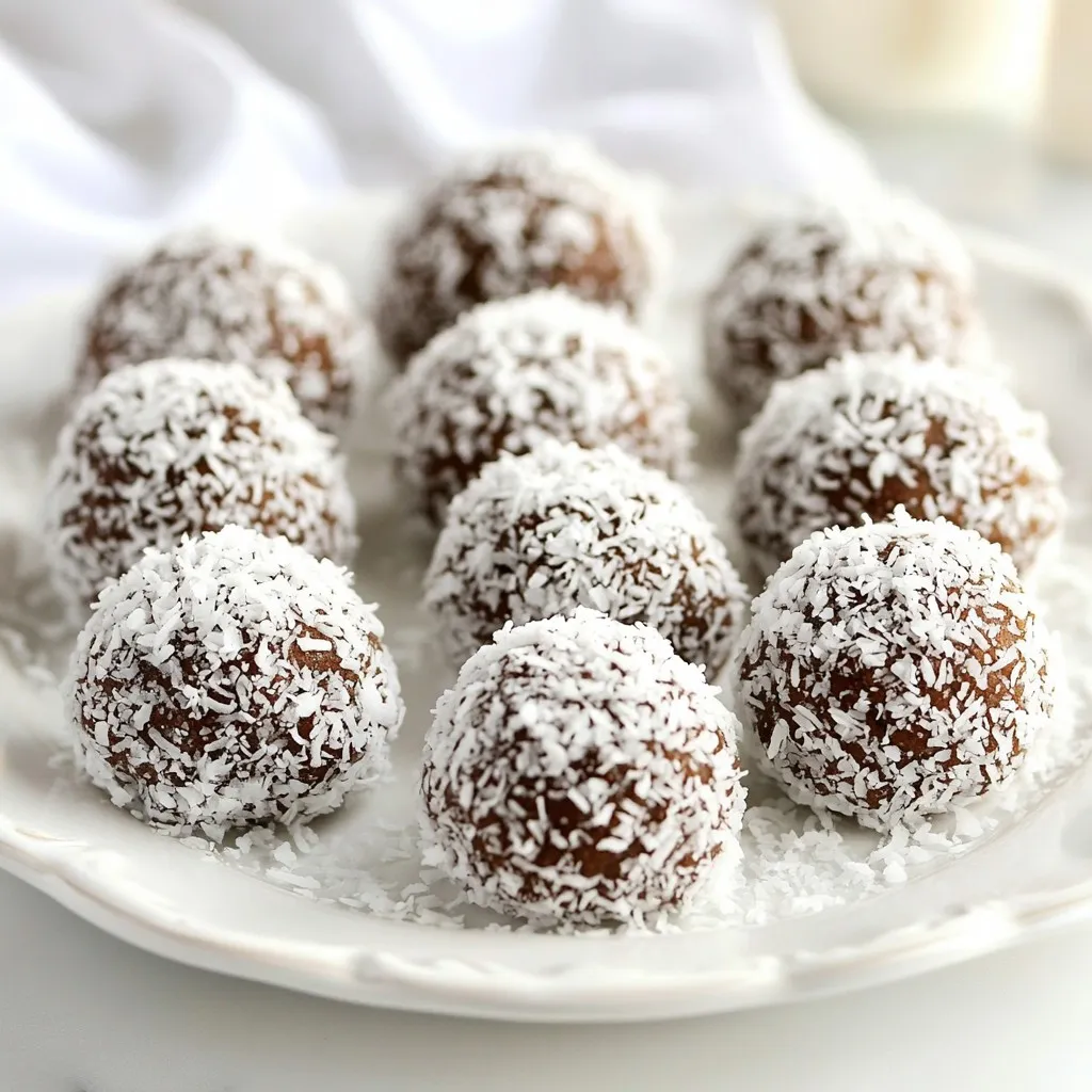 To make Chocolate Coconut Snowball Cookies, you need simple, wholesome ingredients. Here’s the list: - 1 cup unsweetened shredded coconut - 1/2 cup almond flour - 1/2 cup cocoa powder - 1/4 cup melted coconut oil - 1/2 cup maple syrup - 1 teaspoon vanilla extract - 1/4 teaspoon salt - 1/2 cup dark chocolate chips - Extra shredded coconut for rolling These ingredients come together to create a rich, chocolatey treat. The unsweetened shredded coconut adds texture and flavor. Almond flour keeps the cookies soft and chewy. Cocoa powder gives the cookies their deep chocolate taste. Coconut oil adds healthy fats and a light coconut flavor. Maple syrup serves as a natural sweetener, enhancing the cookie's taste. Vanilla extract adds warmth, while salt balances the sweetness. Dark chocolate chips melt beautifully into the dough, adding rich pockets of chocolate. When you roll the cookies in extra shredded coconut, it gives them a fun and festive look. This simple yet delightful recipe uses ingredients that are easy to find. So, gather these items, and get ready to make some delicious cookies! {{ingredient_image_1}} Start by preheating your oven to 350°F (175°C). Line a baking sheet with parchment paper. This will keep the cookies from sticking. In a large bowl, combine the following dry ingredients: - 1 cup unsweetened shredded coconut - 1/2 cup almond flour - 1/2 cup cocoa powder - 1/4 teaspoon salt Mix these ingredients well. You want them evenly blended to ensure each cookie has great flavor. In another bowl, whisk together the wet ingredients: - 1/4 cup melted coconut oil - 1/2 cup maple syrup - 1 teaspoon vanilla extract Mix until smooth. This step adds moisture and sweetness to your cookies. Now, pour the wet mix into the dry mix. Stir with a spatula or your hands. If the dough feels too crumbly, add a teaspoon of water. You want a dough that holds together but is not sticky. Fold in 1/2 cup dark chocolate chips. Then, take about 1 tablespoon of dough. Roll it into a ball in your hands. After that, coat each ball in extra shredded coconut. This gives the cookies a nice look and extra flavor. Place the rolled cookie balls on the baking sheet. Leave some space between them. Bake in the oven for 10-12 minutes. Look for the edges to be set. Remove the cookies from the oven. Let them cool on the baking sheet for about 5 minutes. After that, transfer them to a wire rack to cool completely. Enjoy the lovely scent while they cool! For the best dough consistency, follow these simple tips. Mix your dry ingredients well. This helps all the flavors blend together. When adding the wet ingredients, do it slowly. This keeps the dough from getting too wet. If your dough feels too crumbly, add a teaspoon of water. This small amount can make a big difference. The dough should feel sticky but hold together well. Roll it into balls easily with your hands. You can adjust this recipe to fit dietary needs. For a nut-free option, try using sunflower seed flour instead of almond flour. If you want it gluten-free, check that your cocoa and baking ingredients are certified gluten-free. For a vegan twist, use maple syrup and dairy-free chocolate chips. This keeps the flavor and texture delicious while fitting various diets. Presentation matters, especially for cookies. Once your snowball cookies cool, roll them in extra shredded coconut. This gives a snowy look that matches their name. You can also sprinkle a little cocoa powder on top. Arrange the cookies on a pretty plate for serving. This simple step makes your treats look even more inviting. Show off your beautiful cookies at parties or family gatherings! Pro Tips Use Fresh Coconut: For an enhanced flavor, consider using fresh shredded coconut instead of the packaged variety. Adjust Sweetness: Feel free to adjust the amount of maple syrup based on your sweetness preference or dietary needs. Store Properly: Keep the cookies in an airtight container to maintain their freshness for up to a week. Experiment with Add-Ins: Try adding nuts or dried fruit for a unique twist on the classic chocolate coconut flavor. {{image_2}} You can make these cookies even better by adding nuts or dried fruits. Try adding chopped walnuts or pecans for a crunchy bite. If you enjoy dried fruits, add small pieces of dried cherries or cranberries. These additions add flavor and texture. Just fold them into the dough with the chocolate chips. This way, you add some fun surprises in every bite. If you want a twist on the flavor, you can change the coconut or chocolate. Use almond extract instead of vanilla for a nutty taste. You can also swap the cocoa powder for carob powder if you want something different. For a tropical vibe, try adding lime zest. Each change gives a new taste to enjoy. This recipe can be made vegan or gluten-free easily. To make it vegan, ensure you use dairy-free chocolate chips. For gluten-free, just use certified gluten-free almond flour. Both options keep the cookies tasty and friendly for all diets. Look for brands that have clear labels to avoid hidden ingredients. Store your Chocolate Coconut Snowball Cookies in an airtight container. Keep them in a cool, dry place. This helps maintain their soft texture and flavor. If you live in a warm area, use the fridge. The cool air will keep them fresh longer. To freeze these cookies, first, let them cool completely. Next, place them in a single layer on a baking sheet. Freeze them for about an hour. After that, transfer the cookies to a freezer bag. Remove any air before sealing. They will stay fresh in the freezer for up to three months. When stored properly, these cookies last about one week at room temperature. If stored in the fridge, they can last for up to two weeks. Freezing extends their life, but they are best enjoyed fresh. You’ll love their rich chocolate flavor and coconut goodness every time you bite into one! Yes, you can use sweetened coconut. It will make the cookies sweeter. Keep in mind that it may change the texture slightly. You might need to adjust the amount of maple syrup to balance the sweetness. To make these cookies nut-free, simply swap almond flour for oat flour or all-purpose flour. Both options work well in this recipe. They will help keep the cookies soft and delicious without nuts. If you need a substitute for maple syrup, try using agave nectar or honey. Both will add sweetness and moisture. Remember that honey is not vegan, so use agave if you want a vegan option. Yes, you can make these cookies in advance. They store well in an airtight container. You can also freeze the cookie dough for later use. Just roll the dough into balls and freeze them before baking. You now know how to make delicious coconut cookies with simple ingredients. We covered each step, from mixing dry and wet ingredients to baking and cooling. I shared tips for better dough and fun variations for flavors. You learned how to store your cookies for freshness. With these steps, you can create tasty treats that everyone will love. Enjoy baking and sharing these delightful cookies!
