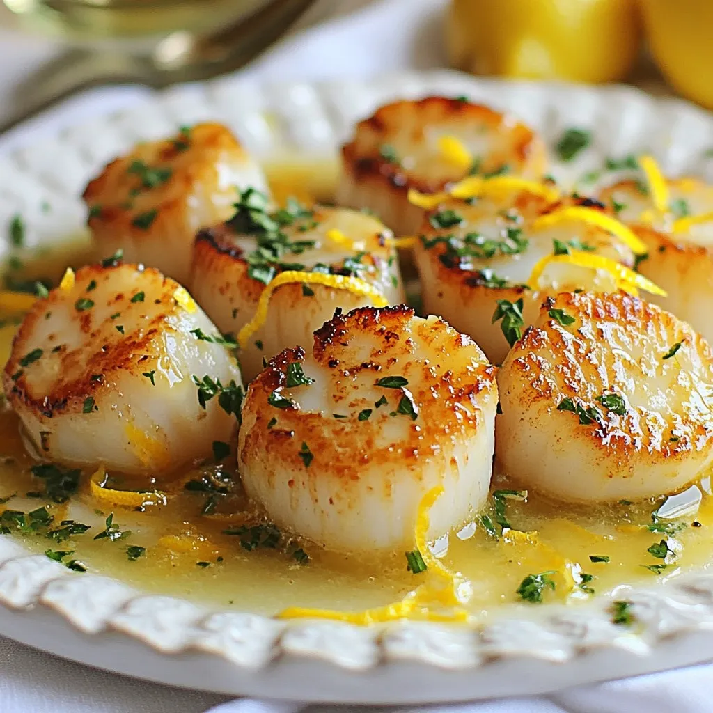 To make lemon butter scallops, gather these ingredients: - 1 lb sea scallops, cleaned and patted dry - 4 tablespoons unsalted butter - 2 tablespoons olive oil - 2 cloves garlic, minced - Zest of 1 lemon - 2 tablespoons fresh lemon juice - Salt and pepper to taste - Fresh parsley, chopped for garnish When choosing scallops, look for these signs: - Freshness: They should smell like the sea, not fishy. - Texture: They should feel firm and springy to touch. - Color: Choose scallops that are creamy white or slightly beige. - Size: Larger scallops sear better and have more flavor. You can make some easy swaps if you need to. Here are a few options: - Butter: Use ghee or coconut oil for a dairy-free version. - Olive Oil: Substitute with avocado oil for a different flavor. - Garlic: Try shallots for a milder taste. - Parsley: Use chives or basil for a unique twist. {{ingredient_image_1}} Start by taking 1 pound of sea scallops. Clean them well and pat them dry using paper towels. Dry scallops help you get a great sear. If they are wet, they will steam instead of sear. This step is key to getting that nice golden color. Grab a large skillet and place it on the stove. Add 2 tablespoons of butter and 2 tablespoons of olive oil. Set the heat to medium-high. Wait until the butter melts and the oil shimmers. This means the pan is hot enough. A hot pan helps to sear the scallops quickly. Once the pan is hot, add the scallops. Make sure not to crowd them. Leave space between each scallop. Sear them for 2 to 3 minutes without moving them. You want a golden crust. After that, gently flip each scallop. Add minced garlic, lemon zest, and the remaining 2 tablespoons of butter. Cook for another 2 to 3 minutes. The scallops should turn opaque and firm. Remove the pan from heat and drizzle lemon juice over the top. This adds a fresh taste to the dish. To get a great sear on your scallops, start with dry scallops. Pat them with paper towels. This helps the scallops brown well. Use a hot pan. Heat 2 tablespoons of butter with 2 tablespoons of olive oil. The mix should shimmer but not smoke. Place the scallops in the pan, but don’t crowd them. Give each scallop space. Sear them for 2-3 minutes without moving. This makes a golden crust. For rich flavor, add garlic and lemon zest when you flip the scallops. The garlic should be minced fine. This helps it cook quickly and blend well. Add the rest of the butter at the same time. It melts and makes a sauce. Finally, drizzle fresh lemon juice right before serving. This adds brightness and freshness to the dish. One common mistake is overcrowding the pan. Scallops need room to sear. If you crowd them, they steam instead. Another mistake is cooking them too long. Cook just until they are opaque. Overcooking makes them tough. Lastly, don’t skip the lemon juice. It ties the flavors together and lifts the dish. Pro Tips Pat Dry for Perfect Sear: Ensuring your scallops are completely dry before cooking is crucial for achieving a golden crust. Don’t Overcrowd the Pan: Give scallops enough space in the skillet to sear properly; overcrowding can cause steaming instead of searing. Use Fresh Ingredients: Fresh garlic and lemon will enhance the flavor of your dish significantly, so opt for fresh over dried or bottled. Rest Before Serving: Allow scallops to rest for a minute after cooking to help retain their juices and enhance flavor. {{image_2}} You can change the flavor of lemon butter scallops by using various herbs. Fresh herbs bring bright tastes. Try using thyme or dill. These herbs add a lovely touch. You can mix them with parsley for more flavor. Just sprinkle herbs right before serving. Feel free to add more ingredients to the dish. For a richer taste, try adding capers or sun-dried tomatoes. They give a nice contrast to the scallops. You can also add a splash of white wine while cooking. This adds depth to the sauce. Another great option is to toss in vegetables like asparagus or spinach. They make the meal more colorful and healthy. Pair your lemon butter scallops with delicious sides. A light salad with mixed greens works perfectly. The freshness of the salad balances the richness of the scallops. You can also serve them over pasta or rice. This makes the meal hearty and filling. Don’t forget a nice crusty bread to soak up the sauce. A crisp white wine, like Sauvignon Blanc, complements the dish well. After you enjoy your lemon butter scallops, you may have some left. Store them in an airtight container. This keeps them fresh and tasty. Place the container in the fridge. They last for about 1-2 days. If you need more time, consider freezing them. To reheat your scallops, use a skillet. Heat it on low. Add a bit of butter or oil for flavor. Place the scallops in the pan. Warm them for about 2-3 minutes. Flip them gently to heat evenly. Avoid cooking them too long, or they may become tough. If you want to freeze scallops, follow these steps. First, cool them completely. Then, wrap each scallop in plastic wrap. Place them in a freezer bag. Remove as much air as possible. This helps prevent freezer burn. Scallops can last in the freezer for up to three months. When you're ready to cook, thaw them in the fridge overnight. Yes, you can use frozen scallops. Just make sure to thaw them first. Place them in the fridge overnight or run them under cold water for quicker thawing. After thawing, pat them dry well. This step helps you get a good sear. If they are too wet, they will not brown nicely. Lemon butter scallops pair well with many sides. Here are a few ideas: - Garlic mashed potatoes: Creamy and buttery, they complement the dish well. - Steamed asparagus: This adds a nice crunch and color. - Lemon rice: Fluffy rice with a hint of lemon enhances the flavors. - Mixed green salad: A fresh salad brightens up your meal. Feel free to mix and match your sides based on your taste. Scallops are done when they turn opaque and firm. They should have a golden crust on the outside. Each side usually takes about 2-3 minutes to cook. You can also cut one open to check. If it is slightly translucent in the center, it may need a bit more time. Be careful not to overcook them. Overcooked scallops can become tough and chewy. This article explored the ingredients needed for delicious scallops, from selection tips to substitutes. We walked through the step-by-step process of preparing, searing, and flipping the scallops to get that perfect bite. I shared helpful tips and tricks for achieving great flavor and avoiding common mistakes. You learned about variations and serving suggestions, plus how to store and reheat leftovers. Final thoughts: Cooking scallops is simple once you know these key steps. Enjoy your cooking!