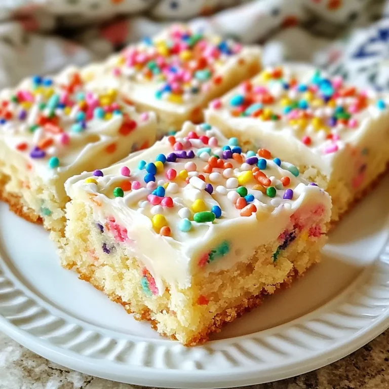- 2 ¾ cups all-purpose flour - 1 teaspoon baking powder - ½ teaspoon baking soda - ½ teaspoon salt - 1 cup unsalted butter, softened - 1 ½ cups granulated sugar - 2 large eggs - 2 teaspoons vanilla extract - ½ cup sprinkles (plus more for topping) - 1 cup cream cheese frosting (store-bought or homemade) When I make Funfetti Sugar Cookie Bars, I love to gather the ingredients first. This helps me stay organized and focused. First, I need all-purpose flour. It gives the bars their structure and chewiness. Then, I grab baking powder, baking soda, and salt. These three work together to help the bars rise and taste great. Next, I use unsalted butter. It should be softened for easy mixing. I mix that with granulated sugar. The sugar adds sweetness and helps create a light texture. I always include two large eggs. They bind the ingredients and add moisture. Vanilla extract comes next. It adds a lovely flavor that makes the bars taste amazing. Don't forget the sprinkles! I use half a cup for the batter and save some for the top. They add fun colors and a festive touch. Finally, I use cream cheese frosting. It adds richness and creaminess. You can use store-bought frosting or make your own. Either way, it makes these bars even more special. {{ingredient_image_1}} 1. Preheat your oven to 350°F (175°C). 2. Grease and line a 9x13 inch baking pan with parchment paper. Leave some overhang to help lift the bars out later. 3. In a medium bowl, whisk together 2 ¾ cups of all-purpose flour, 1 teaspoon of baking powder, ½ teaspoon of baking soda, and ½ teaspoon of salt. Set this bowl aside for later. 4. Take a large mixing bowl and cream together 1 cup of softened unsalted butter and 1 ½ cups of granulated sugar. Use an electric mixer on medium speed. Mix until the mixture is light and fluffy, which should take about 3-4 minutes. 5. Crack 2 large eggs into the bowl one at a time. Mix well after each egg. 6. Next, add in 2 teaspoons of vanilla extract, mixing until everything is combined. 7. Gradually add the dry ingredient mix from the first bowl to the wet ingredients. Mix just until combined. Avoid overmixing; this keeps the bars chewy. 8. Gently fold in ½ cup of sprinkles. Make sure the sprinkles are evenly distributed throughout the batter. 9. Pour the batter into your prepared baking pan. Use a spatula to spread it evenly. 10. Bake in the preheated oven for 20-25 minutes. Check doneness by inserting a toothpick in the center. It should come out clean when they are done. 11. Once baked, remove the pan from the oven. Let the cookie bars cool in the pan for about 10 minutes. Then, lift them out using the parchment paper and let them cool completely on a wire rack. 12. After they cool, spread 1 cup of cream cheese frosting over the top. 13. For a fun touch, add more sprinkles on top before cutting the bars into squares. To get chewy bars, avoid overmixing the dough. Mix just until the dry ingredients blend in. If you overmix, your bars will turn out tough. For a golden edge, bake until the edges are light brown. This gives the bars a nice contrast to the soft center. To test for doneness, insert a toothpick into the center. If it comes out clean, your bars are ready. Ovens can vary, so watch them closely. If your oven runs hot, check a few minutes early. Adjust the time based on how your oven behaves. When spreading frosting, use a spatula for an even layer. Start in the center and work your way out. This prevents the frosting from sliding off. To make it fun, add extra sprinkles on top. This gives a bright and festive look. Pro Tips Cool Before Frosting: Allow the cookie bars to cool completely before adding frosting to prevent it from melting and sliding off. Customize Your Sprinkles: Use a mix of different colored sprinkles to match the occasion, whether it's a birthday or a holiday! Store Properly: Keep the frosted bars in an airtight container in the refrigerator to maintain freshness for up to a week. Use Room Temperature Ingredients: Ensure your butter and eggs are at room temperature for a smoother batter and better texture. {{image_2}} You can change the flavor of your Funfetti Sugar Cookie Bars with different extracts. Try almond extract for a nutty touch, or use coconut extract for a tropical vibe. Adding chocolate chips or nuts can also enhance the taste. Mix in ½ cup of your favorite chocolate chips or chopped walnuts for a fun twist. If you need gluten-free options, substitute all-purpose flour with a gluten-free blend. This keeps the texture chewy and tasty. For vegan versions, swap eggs for flax eggs. Use 1 tablespoon of ground flaxseed mixed with 2.5 tablespoons of water for each egg. Use vegan butter and dairy-free frosting to complete the recipe. Make your cookie bars stand out by customizing the sprinkles. Choose colors based on holidays or themes. For a birthday, use bright colors; for Halloween, use orange and black. You can also switch up the frosting. Instead of cream cheese frosting, try vanilla or chocolate frosting for a different flavor. Make it fun and personal! To keep your Funfetti sugar cookie bars fresh, store them at room temperature. Use an airtight container to keep out air and moisture. This helps the bars stay soft and chewy. If you live in a hot or humid place, consider refrigerating them. Just remember to bring them back to room temperature before serving. You can freeze these cookie bars for later. First, let them cool completely. Then, wrap each square in plastic wrap. Place the wrapped bars in a freezer bag or container. This keeps them fresh for up to three months. To thaw, take them out and leave them at room temperature. You can also warm them in the microwave for a few seconds for that fresh-baked taste. These cookie bars last about a week at room temperature. If stored in the fridge, they can last up to two weeks. Look for signs of spoilage, like a dry texture or off smell. If they feel hard or crumbly, it’s best to toss them. Enjoy your treats while they are fresh and tasty! To make your Funfetti Sugar Cookie Bars soft and chewy, follow a few key steps: - Use room temperature butter. - Do not overmix the dough. This helps keep them tender. - Bake just until the edges turn golden. The center should look slightly underbaked. These steps yield a delightful texture that melts in your mouth. You can reduce the sugar, but it may change the texture. Sugar adds moisture and helps with browning. If you cut back, try reducing by ¼ cup. You might still get a tasty treat, but it may lack the same sweetness and soft texture. If you want an alternative to cream cheese frosting, consider these options: - Buttercream frosting for a sweeter taste. - Whipped cream for a lighter touch. - A simple glaze made from powdered sugar and milk. Each option adds a unique flavor, so choose what you like best! To prevent spreading, keep these tips in mind: - Chill the dough for 30 minutes before baking. - Use parchment paper to help shape the bars. - Ensure your baking powder and baking soda are fresh. These steps help your bars hold their shape while baking. Yes, you can make these cookie bars ahead of time. Bake and cool them, then store them in an airtight container. They stay fresh for about three days at room temperature. You can also freeze them for up to a month. Just thaw before serving! In this recipe, we covered all the key steps to make Funfetti Sugar Cookie Bars. I shared the ingredients, easy instructions, and tips for the best results. Remember, small changes can lead to unique flavors or textures. These bars are fun to bake and share. Store them properly to enjoy them for a longer time. Experiment with flavors and toppings to make them truly yours. Have fun in the kitchen and enjoy your delicious treat!