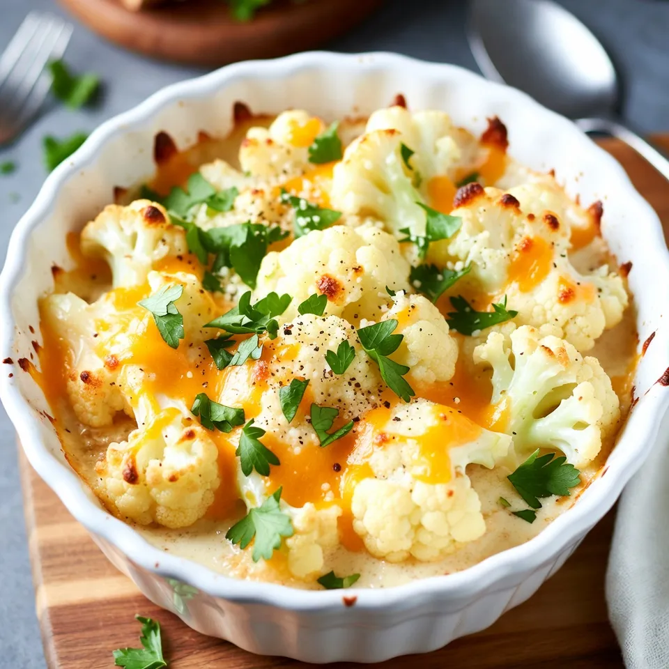 - 1 large head of cauliflower, cut into florets - 2 cups shredded sharp cheddar cheese - 1 cup grated Parmesan cheese - 2 tablespoons unsalted butter - 2 tablespoons all-purpose flour - 2 cups whole milk - 1 teaspoon garlic powder - 1/2 teaspoon onion powder - Salt and pepper to taste The heart of this dish revolves around fresh cauliflower. I love using a large head for better flavor. The sharp cheddar gives a rich taste, while the Parmesan adds a nice depth. Butter and flour allow us to create a smooth roux, which is key for the cheese sauce. Whole milk makes the sauce creamy, and the garlic and onion powder elevate the flavor profile. - 1/4 cup breadcrumbs (optional, for topping) - Fresh parsley, chopped (for garnish) Breadcrumbs can add a nice crunch on top. If you like, sprinkle them on before baking. Fresh parsley not only adds color but also a fresh taste. You can also play with seasonings. Try adding paprika or even a hint of nutmeg for a twist. These small changes can make your au gratin special and truly your own! {{ingredient_image_1}} To start, bring a large pot of salted water to a boil. The salt helps the cauliflower taste better. Cut your large head of cauliflower into small florets. Once the water is boiling, add the florets and blanch them for about 5-7 minutes. You want them just tender, not mushy. After this, drain the florets and set them aside. Next, let’s make the cheese sauce. In a medium saucepan, melt 2 tablespoons of unsalted butter over medium heat. Once it melts, add 2 tablespoons of all-purpose flour. Whisk this mix for about 1 minute to form a roux. This step gives the sauce its nice thickness. Now, slowly whisk in 2 cups of whole milk. Be careful to avoid lumps. Keep stirring until the sauce thickens, which should take about 3-5 minutes. After it thickens, add 1 teaspoon of garlic powder, 1/2 teaspoon of onion powder, and some salt and pepper to taste. Finally, stir in 1 1/2 cups of shredded sharp cheddar and 3/4 cup of grated Parmesan cheese until melted and smooth. Now, it’s time to combine everything. Take the blanched cauliflower and coat it well with the cheese sauce. Make sure every piece gets a generous amount of sauce. Pour the mixture into your greased baking dish. Sprinkle the remaining cheeses on top. If you like a crunchy topping, add 1/4 cup of breadcrumbs. Bake this in your preheated oven at 375°F (190°C) for about 25-30 minutes. You’ll know it’s ready when the top is golden and bubbling. After baking, let it cool for a few minutes. Garnish with some chopped fresh parsley before serving. Enjoy! To avoid lumps in your cheese sauce, whisk the flour into the melted butter well. This forms a roux that helps thicken the sauce. Gradually add the milk while whisking. This makes sure no lumps form. If you do see lumps, you can use an immersion blender to fix it. For melting cheese well, make sure it is at room temperature. Add the cheese slowly to the sauce. Stir until each addition melts before adding more. This creates a smooth and creamy texture. For a golden, bubbly cheese top, bake your dish until it is golden brown. The baking time should be about 25-30 minutes. Use the top broiler for the last few minutes if you want extra browning. Just watch it closely to avoid burning. Letting the dish rest for a few minutes after baking is key. This allows the sauce to set, making it easier to serve. If you skip this step, it may be too runny when you serve it. Pair this dish with a simple salad for a complete meal. A fresh green salad with a light dressing works well. You can also serve it with crusty bread for dipping. For presentation, serve the dish warm right from the oven. Garnish with chopped parsley for a pop of color. This makes your meal look as good as it tastes. Enjoy! Pro Tips Blanching Technique: Blanching the cauliflower helps retain its color and texture. Make sure to immediately transfer it to an ice bath to stop the cooking process. Cheese Selection: For a richer flavor, try mixing different types of cheese such as Gruyère or fontina along with cheddar and Parmesan. Breadcrumb Topping: If you enjoy a crunch, use panko breadcrumbs instead of regular breadcrumbs for a lighter, crispier topping. Serving Suggestions: Pair this dish with a light salad or steamed vegetables to balance the richness of the cheesy sauce. {{image_2}} You can make Cheesy Cauliflower Au Gratin lighter by using low-fat cheese. Try part-skim mozzarella or low-fat cheddar. These options keep the flavor but cut the fat. You can also add more veggies. Broccoli, spinach, or even carrots can boost nutrition and taste. To make this dish more exciting, add herbs and spices. Fresh thyme or rosemary can add a nice touch. You can also sprinkle some paprika for a hint of heat. For cheese lovers, mix different cheeses. Gruyère or gouda can add depth to the flavor. Experiment with your favorite cheeses for a unique twist. If you need gluten-free options, use gluten-free flour for the roux. This keeps the dish creamy without gluten. For a vegan version, swap the cheese with vegan cheese. Many brands now offer tasty cheese that melts well. You can also use cashew cream for a creamy texture. These swaps let everyone enjoy this dish. To store leftovers, let the dish cool first. Then, place it in an airtight container. This keeps the flavors fresh. Store it in the fridge. It stays good for up to 3-4 days. If you want to keep it longer, freeze it. Just use a freezer-safe container. It can last up to 2 months in the freezer. When reheating, I recommend using the oven. Preheat it to 350°F (175°C). Place the dish in a baking dish. Cover it with foil to keep moisture in. Bake for about 15-20 minutes. This keeps the texture creamy and smooth. If you use a microwave, reheat in short bursts. Stir every minute to avoid hot spots. Add a splash of milk if it seems dry. This will keep your cheesy cauliflower au gratin moist and tasty. Can I make this recipe ahead of time? Yes, you can prepare the dish a day before. Just follow the recipe, then cover it and store it in the fridge. When ready, bake it for about 30 minutes at 375°F (190°C). This makes it easy for meal prep. How do I know when it's done baking? Look for a golden, bubbly top. If the cheese is melted and slightly browned, it’s ready. You can also insert a fork to check if the cauliflower is tender. Can I substitute the cauliflower with another vegetable? Absolutely! You can use broccoli, Brussels sprouts, or even zucchini. Just be sure to adjust the cooking time if needed. Each veggie will bring its own flavor to the dish. What dairy-free options are available? For a dairy-free version, swap the cheese for plant-based cheese. Use almond milk or oat milk instead of whole milk. You can also use a gluten-free flour for the roux. How many servings does this recipe yield? This recipe serves about 4 to 6 people. It’s a great side dish for family dinners or gatherings. Nutritional benefits of cauliflower and cheese Cauliflower is low in calories and high in fiber. It has vitamins C and K. Cheese adds protein and calcium. Together, they make a tasty and nutritious meal that everyone can enjoy. Making cheesy cauliflower au gratin combines simple ingredients and clear steps. We talked about the key ingredients, including cauliflower, cheddar, and parmesan. Following the instructions for blanching and creating a smooth cheese sauce is vital. Tips help you bake it to a golden finish. Don't forget the variations and storage info for leftovers. This dish is versatile and tasty. Enjoy making it over and over again!