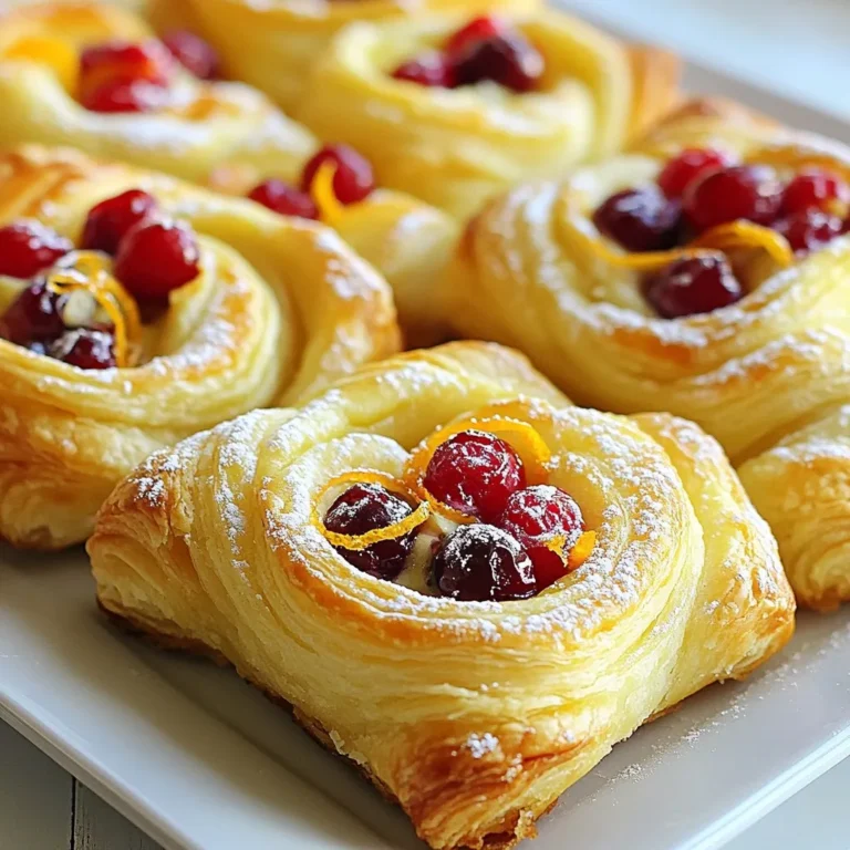 To make the perfect Cranberry Orange Danish, gather these simple ingredients: - 1 sheet of puff pastry, thawed - 1 cup fresh cranberries - 1/2 cup sugar (divided) - 1 large orange, zested and juiced - 1 tablespoon cornstarch - 1 egg (for egg wash) - 1/4 cup cream cheese, softened - 1 teaspoon vanilla extract - 1/2 teaspoon cinnamon - Powdered sugar for dusting Each ingredient plays a key role in creating this tasty treat. The puff pastry gives a flaky base. Fresh cranberries bring a tart flavor that balances the sweetness. Sugar adds just the right amount of sweetness, while orange zest and juice brighten the dish. Cornstarch helps thicken the filling. The egg wash gives the pastry a golden color. Cream cheese adds a creamy texture, and vanilla plus cinnamon brings warmth and depth. Finally, powdered sugar makes for a beautiful finish. Gather these items before you start. You’ll want everything on hand for a smooth cooking process. Each step will be easy and fun with the right ingredients! {{ingredient_image_1}} To make the filling, you need fresh cranberries. Start by putting them in a saucepan. Add 1/4 cup of sugar, orange zest, orange juice, and cornstarch. Cook this mixture over medium heat. Stir it often until it bubbles and thickens. This will take about 5-7 minutes. Once it thickens, remove it from the heat. Let it cool down while you work on the pastry. Next, take your thawed puff pastry. Place it on a lightly floured surface. Roll it out gently to smooth out any creases. This helps the pastry bake evenly. After rolling, cut the pastry into four equal squares. This will give you the base for each Danish. Now, grab a bowl for the cream cheese mixture. Blend 1/4 cup of softened cream cheese with the remaining 1/4 cup of sugar. Add a teaspoon of vanilla extract and 1/2 teaspoon of cinnamon. Mix it until it’s smooth. This creamy layer adds a nice taste to your danish. It’s time to put everything together! Preheat your oven to 400°F (200°C). Take each pastry square and place a tablespoon of the cream cheese mixture in the center. Make sure to leave space around the edges. Then, top it with a spoonful of the cranberry mixture. This will create a lovely contrast of flavors. Now, fold the corners of each pastry square toward the center. This creates a pinwheel shape. Press the edges gently to seal them. Make sure they are secure so the filling doesn't escape. Place these on a lined baking sheet, leaving some space between each Danish. To get that golden finish, beat an egg and brush it over the top of each Danish. This will give them a beautiful color when baked. Place the baking sheet in the oven and bake for 20-25 minutes. Keep an eye on them until they are golden brown and puffed. Once done, take them out and let them cool slightly. Finally, dust them with powdered sugar before serving. Enjoy your delicious Cranberry Orange Danish! To make the best puff pastry, keep it cold. Warm pastry becomes hard to work with. Thaw it in the fridge, not on the counter. Roll it out gently on a floured surface. This keeps layers light and airy. If you see cracks, don’t worry! Just patch them with a bit of extra pastry. You can change the sweetness based on your taste. If you like it sweeter, add more sugar to the cranberry filling. Start with an extra tablespoon and taste it. For less sweetness, cut back on the sugar in the cream cheese mix. Balance is key for a perfect bite. Preheat your oven to 400°F (200°C) before baking. This helps the pastry puff up nicely. Use parchment paper on your baking sheet for easy cleanup. Bake until golden brown, which takes about 20-25 minutes. This gives the best texture and flavor. Watch out for overfilling the pastries. Too much filling can leak out during baking. Make sure to seal the edges well. If they do not seal, they might fall apart. Lastly, let them cool slightly before eating. This prevents burns and helps the flavors settle. Pro Tips Use Fresh Cranberries: For the best flavor and texture, always use fresh cranberries instead of canned. They provide a tartness that complements the sweetness of the pastry perfectly. Chill the Pastry: Keep the puff pastry chilled until you are ready to use it. This will help it puff up beautifully in the oven, creating that light and flaky texture. Experiment with Flavors: Feel free to add other spices or citrus zest to the cream cheese mixture, such as nutmeg or lemon zest, for a unique twist on the classic recipe. Serve Warm: These Danishes are best served warm from the oven. If you have leftovers, reheat them in the oven for a few minutes to restore their flaky texture. {{image_2}} You can switch up the fruit in your Danish. Instead of cranberries, try fresh blueberries, cherries, or apples. Each fruit brings a new taste to the pastry. For blueberries, use the same method as cranberries. Cook them with sugar until they burst. For apples, chop them small and cook with cinnamon and sugar. This way, you get a sweet filling with a lovely texture. While cream cheese is a classic choice, you can explore other cheeses. Mascarpone adds a rich, creamy layer. Ricotta offers a lighter texture and taste. For a tangy kick, use goat cheese. Just blend your chosen cheese with sugar and flavorings like vanilla. Adjust the sweetness based on the cheese's flavor. Add spices or extracts to boost your Danish's flavor. A pinch of nutmeg pairs well with cranberries and oranges. Almond extract gives a sweet, nutty touch. If you love warmth, try adding ginger or cardamom. Mix these into the cream cheese or fruit filling. This gives your pastry a unique twist and makes it even more special. After you enjoy your Cranberry Orange Danish, store leftovers in an airtight container. Keep them in the fridge for up to three days. This helps maintain their taste and texture. Make sure the Danishes are completely cool before sealing them. This keeps moisture out. To reheat your Danishes, use the oven for best results. Preheat your oven to 350°F (175°C). Place the Danishes on a baking sheet. Heat them for about 10 minutes. This warms them through and keeps them nice and flaky. You can also use a microwave, but they may get soggy. Heat them for about 30 seconds to 1 minute. You can freeze unbaked Danishes for later. After you assemble them, place them on a baking sheet. Make sure they don’t touch each other. Freeze until solid, then transfer them to a freezer bag. They can stay in the freezer for up to three months. When ready to bake, you can bake them straight from the freezer. Just add a few extra minutes to the baking time. Yes, you can use frozen cranberries. They work well in this recipe. Just be sure to thaw them first. If they are too watery after thawing, drain the excess liquid. This keeps the filling from being runny. If you need a substitute for cream cheese, consider using ricotta cheese or mascarpone. Both have a mild flavor. You can also use Greek yogurt for a lighter option. Adjust the sugar to match your taste. You can tell the Danish is done when it turns golden brown. The puff pastry should look puffy and flaky. If you poke it gently, it should feel firm and not doughy. Puff pastry and phyllo dough are not the same. Puff pastry is thick and buttery. It puffs up when baked, creating layers. Phyllo dough is thin and crispy. It requires layering and brushing with butter to create a flaky texture. This guide helps you make a tasty cranberry Danish. We covered key ingredients, like puff pastry and fresh cranberries. The step-by-step instructions showed how to create the perfect filling and assemble the pastry. I shared tips to avoid common baking mistakes and suggested fun variations to try. Finally, we explored storage methods to keep your Danishes fresh. Remember, baking should be fun and easy! Enjoy sharing your delicious creation with family and friends.