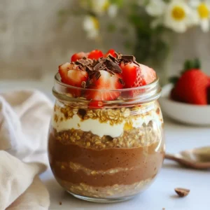 - 1 cup rolled oats - 2 cups unsweetened almond milk (or milk of choice) - 2 tablespoons cacao powder I love starting with rolled oats. They give the base a hearty texture. Using unsweetened almond milk makes the oats creamy, but you can use any milk you prefer. Cacao powder adds rich chocolate flavor without extra sugar. - 2 tablespoons maple syrup (or honey) - 1 teaspoon vanilla extract Maple syrup gives a nice sweetness. Honey works well too if you prefer it. A touch of vanilla extract brightens the flavor of the oats, making them taste special. - 2 tablespoons chia seeds - Fresh strawberries for flavor and garnish - A pinch of salt Chia seeds pack in nutrients and help thicken the mix. Fresh strawberries bring a burst of flavor. The pinch of salt balances the sweetness, enhancing all the flavors in this dish. {{ingredient_image_1}} First, grab a large mixing bowl. In it, combine 1 cup of rolled oats, 2 tablespoons of cacao powder, 2 tablespoons of chia seeds, and a pinch of salt. Stir these ingredients well. This mix gives your oats a rich chocolate flavor and a great texture. Now, take another bowl. Whisk together 2 cups of almond milk, 2 tablespoons of maple syrup, and 1 teaspoon of vanilla extract. Make sure the mixture is smooth. This blend adds sweetness and creaminess to the oats. Next, slowly pour the wet mixture into the dry ingredients. Stir as you pour. This helps coat all the oats evenly. Then, gently fold in 1 cup of hulled and sliced strawberries. These fresh berries add a burst of flavor and color. Finally, divide the mixture into jars or containers. Be sure each jar has an even amount of strawberries. Seal the jars tightly and refrigerate them overnight or for at least 4 hours. This lets the oats soak up all the flavors and softens them. When you’re ready to eat, stir the oats and add a splash of milk if needed. Enjoy your tasty chocolate strawberry overnight oats! To get the right thickness, adjust the liquid you use. If you like thicker oats, use less almond milk. If you want them creamier, add more milk. This way, you control the texture. Play around with the amount until it feels just right for you. Toppings can make your oats even better. Here are some ideas: - Sliced strawberries for freshness - Cacao nibs for a chocolate crunch - Crushed nuts for added protein and flavor These toppings not only taste great, but they also give your oats a fun look. These oats are perfect for busy mornings. You can make them the night before. Just mix everything and store it in jars. In the morning, grab a jar as you rush out. If you want to add toppings, do it right before eating. This keeps them fresh and tasty. Pro Tips Use Fresh Strawberries: Make sure to use ripe, fresh strawberries for the best flavor and texture. They add a natural sweetness that enhances the dish. Customize Your Sweetness: Adjust the amount of maple syrup or honey according to your taste preferences. You can always add less and adjust after refrigeration if you prefer a less sweet option. Chia Seed Benefits: Chia seeds not only add nutrition but also help thicken the oats as they soak. For an even thicker consistency, add an extra tablespoon of chia seeds. Meal Prep Friendly: These overnight oats can be made in batches and stored in the fridge for up to 5 days, making them a great option for quick breakfasts throughout the week. {{image_2}} You can easily make chocolate strawberry overnight oats vegan. Use unsweetened almond milk or any plant-based milk you like. Maple syrup works great instead of honey. This keeps your oats sweet and vegan-friendly. Feel free to switch up the fruit in your oats. Bananas are creamy and sweet. Blueberries add a nice burst of flavor. Raspberries give a tangy twist. Mixing fruits keeps breakfast exciting and tasty! Adding spices can boost the flavor of your overnight oats. Cinnamon brings warmth and sweetness. Nutmeg adds a cozy touch too. Just a pinch can make a big difference in taste. Try these to find your favorite flavor combo! Store your chocolate strawberry overnight oats in airtight containers. This keeps them fresh and tasty. Place them in the fridge if you plan to eat them within a few days. The oats will stay good for up to four days. If you want to enjoy them later, take care to cover them tightly to avoid drying out. You can freeze chocolate strawberry overnight oats for later. Use freezer-safe containers or jars. Leave some space at the top because the oats will expand. When you’re ready to eat, thaw them in the fridge overnight. Heat them in the microwave for a quick breakfast. Add a splash of milk to help with the texture. Chocolate strawberry overnight oats can last in the fridge for about four days. After that, they may lose flavor and texture. If you freeze them, they can last up to three months. Always check for any signs of spoilage before eating, like an off smell or change in texture. You can use steel-cut oats, but the texture will change. Steel-cut oats are chewier and heartier. They take longer to soften. If you use them, soak them in milk overnight. This will help them soften. You may also need to add more liquid in the morning. Just stir and check the texture. To make this recipe gluten-free, use certified gluten-free oats. Regular oats may have gluten from cross-contact. You can also use quinoa flakes or buckwheat groats as a substitute. Both options give you a nice texture and taste. Always check the labels to ensure they're gluten-free. Yes, you can sweeten the oats in many ways. Use agave nectar, coconut sugar, or stevia for different flavors. Adjust the amount to fit your taste. If you like them sweeter, add more. If you prefer less, start with half the amount. Taste as you go for the best result. This blog post guides you through making chocolate strawberry overnight oats. You learned about the key ingredients, then the easy steps to prepare them. I shared tips to enhance flavor and how to customize your mix. Storing options help keep your oats fresh. Making this recipe is simple, and the oats are tasty and healthy. Enjoy this nutritious meal on busy mornings, and feel free to experiment with flavors. Now, you can start creating your own delicious variations!