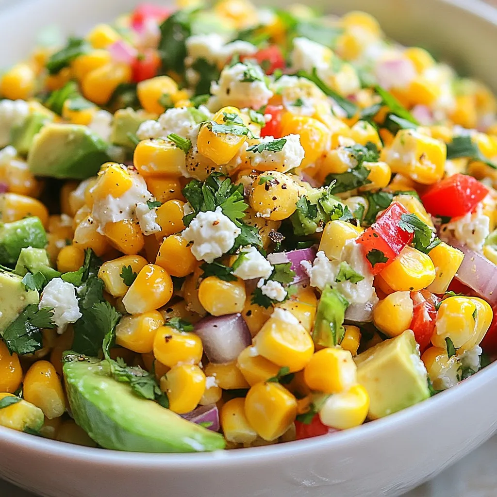To make a delicious Mexican street corn salad, you need some key items. Here is a list of the essential components: - 4 ears of corn, husked - 1 red bell pepper, diced - 1/4 cup red onion, finely chopped - 1/2 cup crumbled queso fresco - 1/4 cup fresh cilantro, chopped - 2 tablespoons mayonnaise - 1 tablespoon sour cream - 1 tablespoon lime juice - 1 teaspoon chili powder - Salt and pepper to taste - 1 avocado, diced (optional) The corn gives the salad a sweet flavor. The red bell pepper and red onion add crunch and color. Queso fresco provides a creamy, salty touch. The cilantro adds a fresh taste, while the lime juice gives it a zesty kick. Here are the detailed measurements for each ingredient: - Corn: 4 ears - Red bell pepper: 1, diced - Red onion: 1/4 cup, finely chopped - Queso fresco: 1/2 cup, crumbled - Fresh cilantro: 1/4 cup, chopped - Mayonnaise: 2 tablespoons - Sour cream: 1 tablespoon - Lime juice: 1 tablespoon - Chili powder: 1 teaspoon - Salt and pepper: to taste - Avocado: 1, diced (optional) You can personalize this salad easily. Add diced jalapeños for heat or mango for sweetness. If you prefer a vegan option, substitute the mayo and cheese with plant-based versions. This way, you can make it fit your taste and dietary needs. {{ingredient_image_1}} To make this salad, start by grilling the corn. First, husk the corn. Then, preheat your grill to medium-high heat. Place the corn directly on the grill grates. Grill it for about 10-12 minutes. Turn the corn occasionally until it gets slightly charred. This adds a nice smoky flavor. After grilling, carefully remove the corn. Let it cool until it’s safe to handle. Cut the kernels off the cob using a sharp knife. Hold the cob upright in a bowl to catch the kernels as you cut them. This helps avoid a mess! Next, combine all the salad ingredients. In a large mixing bowl, add the grilled corn, diced red bell pepper, finely chopped red onion, and crumbled queso fresco. Each of these ingredients brings its own flavor and texture to the dish. Now, let’s prepare the dressing. In a small bowl, mix together the mayonnaise, sour cream, lime juice, chili powder, salt, and pepper. Stir until smooth. This creamy dressing ties everything together. Finally, it’s time to assemble the salad. Pour the dressing over the corn mixture. Gently toss everything until well combined. If you want extra creaminess, fold in diced avocado. This adds a rich texture. To finish, stir in the fresh cilantro. This herb gives a bright taste. Taste the salad and adjust the seasoning if needed. For serving, use a colorful bowl. You can garnish with extra cilantro and a sprinkle of chili powder for an added pop of color. Enjoy! To enhance the taste of your Mexican street corn salad, focus on seasoning. Use salt and pepper to bring out the flavors. I like to sprinkle a bit of chili powder for a kick. If you want a creamier texture, consider adding ripe avocados. They add richness and a smooth feel to the salad. Choose ripe avocados that yield slightly when pressed. This shows they are ready to eat. For perfect grill marks, preheat your grill to medium-high heat. Grill the corn for about 10-12 minutes. Turn it often to get an even char. If you can't grill, you can boil the corn or roast it in the oven. Both methods work well, but grilling gives the best flavor. When serving your salad, use a colorful bowl to make it pop. Top it with extra cilantro or a sprinkle of chili powder. This adds visual appeal. Pair the salad with grilled chicken or fish for a complete meal. It also goes well with tortilla chips or a fresh salsa on the side. Pro Tips Grill to Perfection: Ensure your grill is preheated to medium-high heat for optimal charring of the corn. This adds a smoky flavor that enhances the overall taste of the salad. Fresh Corn is Best: Use fresh corn on the cob when in season for the sweetest flavor. If fresh corn isn’t available, frozen corn can be a good substitute; just thaw and drain it before use. Customize Your Heat: Adjust the chili powder according to your spice preference. For a milder version, reduce the amount, or for extra heat, add a pinch of cayenne pepper or diced jalapeños. Serving Suggestions: This salad can be served as a side dish or a topping for grilled meats. It’s also great on its own as a light lunch, so get creative with your serving options! {{image_2}} To make your Mexican street corn salad even better, think about adding spices. If you love heat, add jalapeños or a pinch of cayenne pepper. These spices give the salad a nice kick. You can also add mango or pineapple for a tropical twist. These fruits add sweetness and a fun flavor. If you want a vegan salad, you can swap out the mayo for vegan mayo. You can also use a dairy-free cheese instead of queso fresco. This keeps the salad creamy without any animal products. For gluten-free options, you’re in luck! All the main ingredients are gluten-free. Just check your mayo and any added spices to be sure. Using seasonal vegetables can change the flavor of your salad. In summer, add diced cucumber or cherry tomatoes for freshness. In fall, consider roasted butternut squash for a cozy touch. Adjust the salad to match different seasons for varied tastes and colors. This keeps your dish fun, fresh, and exciting all year long. You can make this salad ahead of time. It saves you time on busy days. Prepare the corn salad but leave out the avocado. The avocado may brown quickly. Store the salad in an airtight container in the fridge. To store leftovers, keep them in the same airtight container. You can eat the leftovers cold or heat them up later. Just remember to add fresh avocado if you want that creamy touch. Use glass or plastic containers with tight lids. These containers help keep the flavors fresh. The salad stays good for about 3 to 4 days in the fridge. Check for any signs of spoilage before eating. If it smells off, throw it out. To serve leftover salad, you can enjoy it cold right from the fridge. If you want to warm it up, heat it gently in a pan. Avoid high heat as it can make the salad mushy. If the salad feels dry after a few days, add a splash of lime juice. This will refresh the flavors and make it taste bright again. Mexican Street Corn Salad is a bright and tasty dish. It features grilled corn, fresh veggies, and creamy dressing. This salad comes from the popular Mexican street food called elote. Vendors grill corn on the cob and serve it with toppings. My salad takes those flavors and mixes them into a bowl. The result is a colorful, flavorful dish that everyone loves. Yes, you can use canned corn in this salad. Canned corn is convenient and saves time. However, fresh corn has a sweeter taste and better texture. Grilling fresh corn adds a nice smoky flavor. If you use canned corn, rinse it well to remove extra salt. It can work, but fresh corn is best for this dish. You can store Mexican Street Corn Salad in the fridge for up to three days. Keep it in an airtight container to stay fresh. The flavors will blend more over time, making it even tastier. Just remember, if it has avocado, it may not last as long. The avocado can brown and change the look of the salad. Enjoy it fresh for the best taste! In this post, we explored the delightful Mexican Street Corn Salad. We discussed the main ingredients, like corn and cheese, along with measurements and fun variations. You learned step-by-step instructions for preparation, mixing, and serving. Plus, we shared tips for enhancing flavor and texture. To wrap it up, this salad is easy to customize and great for any occasion. Enjoy making it your own with fresh, seasonal ingredients!