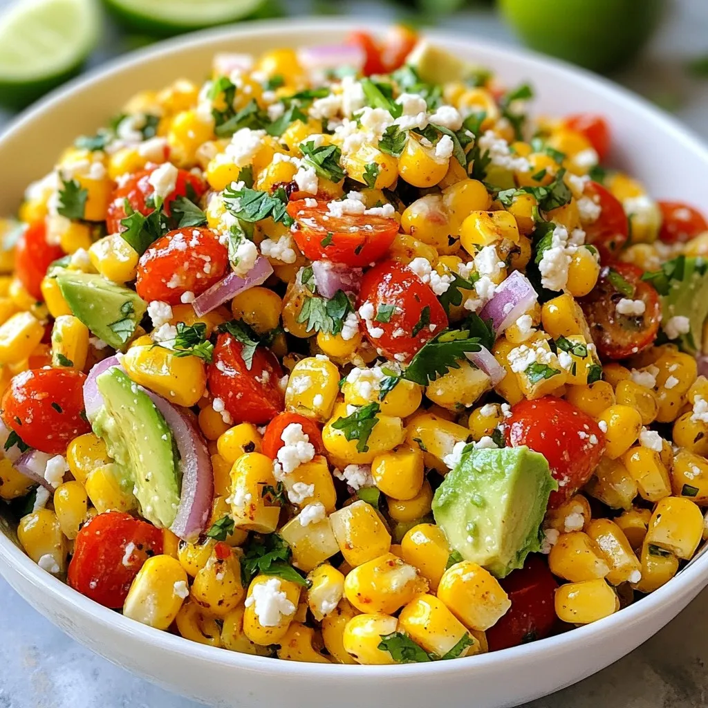 To make a great Mexican street corn salad, you need: - 4 ears of corn, kernels removed (or 4 cups frozen corn) - 1 red bell pepper, diced - 1 small red onion, finely chopped - 1 cup cherry tomatoes, halved - 1/4 cup fresh cilantro, chopped - 1/2 cup crumbled cotija cheese (or feta) - 2 tablespoons mayonnaise - 1 tablespoon lime juice - 1 teaspoon chili powder - Salt and pepper to taste - 1 avocado, diced (optional) You can swap fresh items for frozen ones. If you can't find fresh corn, use frozen corn. It saves time, and the taste stays great. For cotija cheese, feta works well too. You can also use other peppers, like yellow or green. If you want a kick, try jalapeños instead of red bell pepper. If you're out of cilantro, fresh parsley can add a nice flavor. To prepare this salad, you will need a few simple tools: - A sharp knife for chopping - A cutting board for safe slicing - A large mixing bowl to combine ingredients - A small bowl to mix the dressing - A whisk or fork for blending the dressing These tools help make the process quick and easy. You will enjoy making this fresh and flavorful dish! {{ingredient_image_1}} To start, you can use fresh corn or frozen corn. If you choose fresh corn, grill the ears over medium heat. Grill for about 10 minutes and turn them often. You want them to be lightly charred. Once done, let them cool. Then, slice off the kernels with a knife. If you use frozen corn, thaw it in hot water. Drain it well before adding it to the salad. Next, grab a large mixing bowl. In this bowl, combine the corn kernels with other fresh ingredients. Add the diced red bell pepper, finely chopped red onion, and halved cherry tomatoes. These ingredients give the salad color and crunch. If you like, add chopped fresh cilantro and crumbled cotija cheese. If you want a creamier texture, toss in diced avocado. Gently mix everything together. Now, let’s make the dressing. In a small bowl, whisk together mayonnaise, lime juice, chili powder, salt, and pepper. This dressing adds a rich flavor to the salad. Pour the dressing over the corn mixture. Gently toss everything together. Make sure all ingredients get coated well. Taste the salad and adjust the seasoning. You can add more salt, pepper, or lime juice as needed. Serve the salad right away, or chill it for up to an hour. This allows the flavors to blend beautifully. To get the best taste in your Mexican street corn salad, use fresh corn. If you grill fresh corn, it gives a smoky flavor. Char the corn for ten minutes until it is lightly brown. This adds depth to the salad. Use ripe avocados for creaminess. The lime juice brightens the dish. Adjust the chili powder to match your spice level. This salad is great for meal prep. You can make it a day early. Just wait to add the avocado until right before serving. This keeps it fresh and green. Store the salad in a sealed container. If you want the flavors to blend, let it sit for one hour in the fridge. Serve your salad in a big bowl. Top it with extra cotija cheese and fresh cilantro. This makes it look colorful and inviting. Add lime wedges on the side for an extra zing. You can also serve it with tortilla chips for crunch. This salad pairs well with grilled meats or tacos too. Pro Tips Choosing the Corn: Fresh corn will give you the best flavor and texture, but frozen corn is a great time-saver and still delicious. Adjusting Heat: If you prefer a spicier kick, add diced jalapeños or an extra sprinkle of chili powder to the dressing. Serving Fresh: This salad is best served immediately, but if you need to prepare it ahead of time, add the avocado just before serving to prevent browning. Mixing It Up: Feel free to experiment with other ingredients like black beans, corn, or different cheeses for a unique twist! {{image_2}} If you like heat, add more chili powder or cayenne pepper. You can also mix in diced jalapeños for a fresh kick. This spicy twist brings extra flavor and makes the salad pop. Just remember, you can always adjust spice levels to suit your taste. For a richer taste, include diced avocado. This adds creaminess and pairs well with the crunchy corn. The avocado gives a nice balance to the spice and acidity. You can mash it slightly for a thicker dressing. This makes the salad even more delicious and satisfying. To make the salad vegan, skip the cotija cheese and mayonnaise. Instead, use a plant-based yogurt or cashew cream for a creamy texture. Nutritional yeast can give a cheesy flavor without dairy. This way, everyone can enjoy the fresh and tasty salad! To keep your Mexican Street Corn Salad fresh, store it in an airtight container. Make sure to cool the salad to room temperature first. This helps to prevent moisture buildup inside the container. If you have any extra lime juice, squeeze a little on top before sealing. This can add flavor and help keep the salad vibrant. This salad is best enjoyed cold, so reheating is not usually needed. If you prefer warm corn, heat just the corn in a pan over medium heat. Avoid reheating the whole salad, as it can make the vegetables soggy. If you must warm it, do so gently in the microwave for a short time. Your salad can last in the fridge for up to three days. After that, the ingredients may start to lose their quality. If you want to freeze it, keep in mind that the texture will change. I suggest freezing only the corn. Thaw it and mix it with fresh ingredients when ready to serve. This keeps the flavors fresh and the texture crisp. If you can't find cotija cheese, feta cheese works great. Both have a salty flavor. You can also use queso fresco for a milder taste. These cheeses crumble well, just like cotija. Yes, you can prepare this salad ahead of time. Make the salad and store it in the fridge. Wait to add the dressing until just before serving. This keeps the salad fresh and crisp. Adding protein to your salad boosts its nutrition. Grilled chicken or shrimp are tasty choices. Black beans or chickpeas make it vegetarian-friendly. You could even add crispy bacon for extra flavor! In this blog post, I covered how to make Mexican Street Corn Salad. You learned about key ingredients, helpful tools, and step-by-step prep. I shared tips for great flavor and easy serving ideas. You also saw fun variations to try, including spicy and vegan options. Finally, I provided storage tips to keep your salad fresh. Now, grab your ingredients and start creating! Enjoy this vibrant dish with friends and family. It’s flexible, fun, and a hit at any meal.
