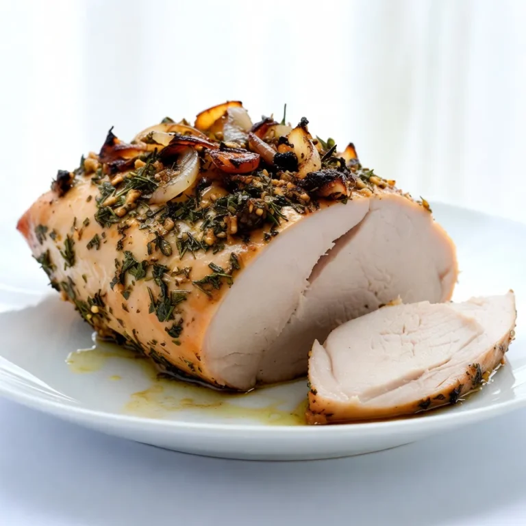 - 1 boneless turkey breast (about 3-4 pounds) - 5 cloves garlic, minced - 1/4 cup fresh rosemary, finely chopped - 1/4 cup fresh thyme, finely chopped - 1/4 cup olive oil - 2 teaspoons salt - 1 teaspoon black pepper - 1 tablespoon lemon zest - 1 tablespoon fresh lemon juice - 1 medium onion, quartered - 2 cups low-sodium chicken broth When making Garlic Herb Roasted Turkey Breast, you need a good turkey breast. I suggest a boneless turkey breast weighing around three to four pounds. This size cooks evenly and stays moist. The garlic adds a rich flavor. Fresh rosemary and thyme bring a wonderful herbal note. Olive oil helps the herbs stick and keeps the meat juicy. Salt and black pepper add the right amount of seasoning. Lemon zest and juice brighten the dish and balance the flavors. The onion adds sweetness and depth. To make the herb paste, mix minced garlic, chopped rosemary, thyme, olive oil, salt, black pepper, lemon zest, and lemon juice. This mix packs a punch! It infuses the turkey with flavor and keeps it from drying out. Rub half of the paste under the turkey skin. Spread the rest on the outside. This method helps the herbs flavor the meat. It also creates a flavorful crust as the turkey roasts. The chicken broth in the pan helps keep the meat moist during cooking. You need some basic tools to make this dish. Here’s what I recommend: - Roasting pan - Meat thermometer - Small bowl for mixing the herb paste - Paper towels for drying the turkey - Basting brush for the juices A good meat thermometer is key. It helps ensure your turkey reaches the safe temperature of 165°F (74°C). Use a roasting pan that holds the turkey and broth well. This keeps everything neat and easy. With these ingredients and tools, you are ready to create a juicy and flavorful garlic herb roasted turkey breast! {{ingredient_image_1}} Start by preheating your oven to 375°F (190°C). This step helps cook the turkey evenly. Next, take your boneless turkey breast and pat it dry with paper towels. Drying the meat is key. It allows the skin to get crispy. Carefully loosen the skin from the breast. Do this gently so you do not rip it. Create small pockets under the skin. This is where you will add flavor. Now, let’s make the herb paste. In a small bowl, combine five minced garlic cloves, 1/4 cup of finely chopped rosemary, and 1/4 cup of finely chopped thyme. Add 1/4 cup of olive oil, 2 teaspoons of salt, and 1 teaspoon of black pepper. Then, mix in 1 tablespoon of lemon zest and 1 tablespoon of fresh lemon juice. This paste gives the turkey a bright and fresh taste. Take half of the herb paste and squeeze it under the skin. Use your fingers to spread it around. Rub the rest of the paste on the outside of the turkey. Place a quartered onion in the bottom of a roasting pan. Set the turkey breast on top of the onions. Pour in 2 cups of low-sodium chicken broth. This broth keeps the turkey moist while cooking. Roast the turkey in your preheated oven for about 1.5 to 2 hours. Check that the internal temperature reaches 165°F (74°C). Baste the turkey with pan juices every 30 minutes. This adds more flavor and keeps it juicy. When done, take the turkey out and let it rest for 15 to 20 minutes. This helps lock in all the juices. Slice the turkey and serve it with the pan juices on top for extra flavor. Enjoy your delicious garlic herb roasted turkey breast! Basting adds flavor and moisture to your turkey breast. I recommend basting every 30 minutes. Use the pan juices and spoon them over the turkey. This keeps the meat juicy and enhances the herb flavors. Plus, it gives the skin a lovely golden color. Don't skip this step; it makes a huge difference! Resting time might seem unimportant, but it's crucial. After roasting, let your turkey breast rest for 15 to 20 minutes. This allows the juices to settle back into the meat. If you cut too soon, juices flow out, and the turkey can dry out. Trust me, waiting is worth it for juicy slices! The key to a perfect turkey breast is temperature. Use a meat thermometer to check the internal temperature. Aim for 165°F (74°C) in the thickest part of the meat. This ensures safety and juiciness. If your turkey breast is not done, roast it a bit longer. Keep checking every 10 minutes until it reaches the right temperature. Pro Tips Resting is Essential: Allow the turkey to rest after roasting to ensure the juices redistribute, resulting in a more flavorful and moist meat. Use a Meat Thermometer: To ensure perfect doneness, use a meat thermometer to check that the internal temperature reaches 165°F (74°C). Customize the Herbs: Feel free to experiment with different herbs, such as sage or parsley, to create a unique flavor profile that suits your taste. Save the Pan Juices: Don't discard the pan juices after roasting; they can be used to make a delicious gravy or sauce to serve alongside the turkey. {{image_2}} You can change herbs to suit your taste. If you don’t have rosemary, use sage or tarragon. Both add a nice flavor to the turkey. Thyme can be swapped for oregano or basil. Each herb gives a unique twist to the dish. Feel free to mix and match. Just keep the amounts the same for best results. Spices can also add fun flavors. Try adding paprika for a smoky touch. You can use cumin for a warm, earthy flavor. A pinch of cayenne gives a nice kick if you like heat. Experiment with your favorite spices. This can change the whole vibe of the dish, making it truly yours. Pair your turkey with simple sides that shine. Roasted vegetables like carrots and Brussels sprouts work great. A fresh salad with lemon vinaigrette adds brightness. Mashed potatoes or rice soak up the tasty juices. You might also serve cranberry sauce for a sweet touch. These sides will make your meal even more special. To keep leftover turkey fresh, place it in an airtight container. Make sure to cool the turkey to room temperature first. If you have slices, layer them with parchment paper to keep them from sticking. Store the container in the fridge for up to three days. If you want to keep it longer, consider freezing. When reheating turkey, avoid drying it out. Preheat your oven to 325°F (163°C). Place the turkey in a baking dish. Add a splash of chicken broth or water to keep it moist. Cover the dish with foil to trap steam. Heat for about 20-30 minutes or until warmed through. Check that it reaches 165°F (74°C) before serving. Freezing turkey is a great way to save it for later. Wrap slices tightly in plastic wrap, then place them in a freezer bag. Remove as much air as possible before sealing. You can freeze turkey for up to three months. When ready to eat, thaw it in the fridge overnight before reheating. You should roast a turkey breast for about 20 to 25 minutes per pound. For example, if your turkey breast weighs 4 pounds, roast it for 1.5 to 2 hours. Always check the internal temperature. It should reach 165°F (74°C) for safe eating. This ensures the meat is juicy and cooked through. Yes, you can use a frozen turkey breast, but it needs to be thawed first. Thaw it in the fridge for 24 hours for every 5 pounds. Never thaw it at room temperature. This keeps bacteria from growing. Once thawed, you can follow the same steps in the recipe. The best way to check if your turkey is done is to use a meat thermometer. Insert it into the thickest part of the breast. It should read 165°F (74°C). Another way is to check if the juices run clear when you cut into it. If they are pink, the turkey needs more time. You learned how to cook a flavorful garlic herb roasted turkey breast. I shared key ingredients, step-by-step instructions, tips, and storage information. Each detail helps you roast the turkey to perfection. Remember, resting your turkey makes it juicier. Explore your own herb choices and side dishes. After all, roasted turkey is great for any meal. Use these ideas to impress others and enjoy. You now hold the recipe to delicious turkey at home. Happy cooking!