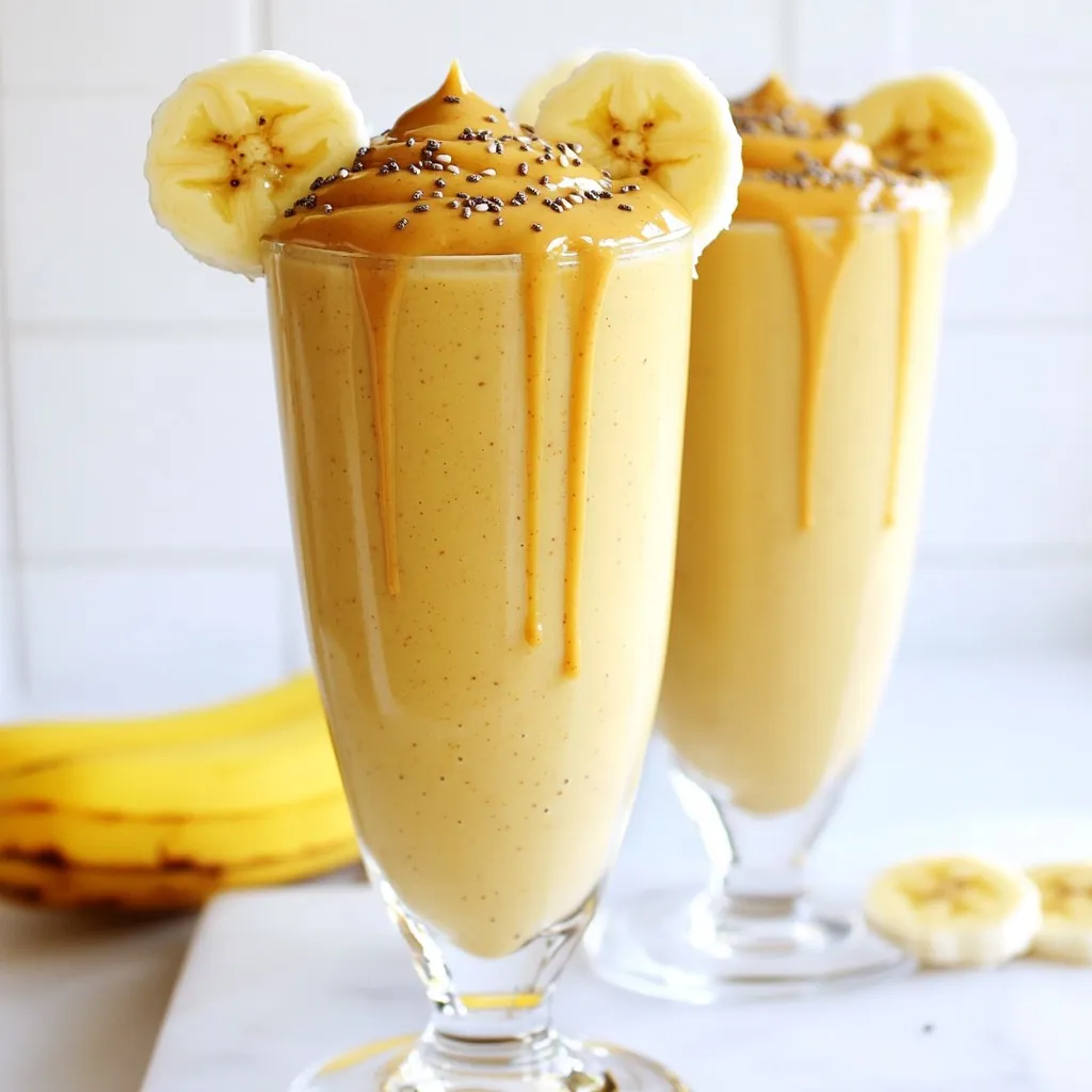 - 2 ripe bananas, frozen - 2 tablespoons natural peanut butter - 1 cup unsweetened almond milk (or any milk of choice) - 1 tablespoon honey or maple syrup (optional) - 1 tablespoon chia seeds - 1/2 teaspoon vanilla extract - A pinch of cinnamon - Ice cubes (optional, for a thicker texture) This smoothie is rich in nutrients. Each serving provides energy from bananas and healthy fats from peanut butter. It also offers fiber from chia seeds and protein from almond milk. A typical serving contains: - Calories: 300 - Protein: 8g - Fat: 12g - Carbohydrates: 38g - Fiber: 7g You can easily swap some ingredients to fit your taste: - Use ripe fresh bananas if you don't have frozen ones. - Any nut butter works instead of peanut butter, like almond or cashew. - Use dairy milk if you prefer it over almond milk. - Maple syrup can replace honey for a vegan option. - You can add ground flaxseed instead of chia seeds for a different flavor. - For extra sweetness, add a few dates or a splash of coconut milk. Experiment with these options to create your perfect Peanut Butter Banana Smoothie! {{ingredient_image_1}} To start, gather all your ingredients. You need: - 2 ripe bananas, frozen - 2 tablespoons natural peanut butter - 1 cup unsweetened almond milk (or any milk of choice) - 1 tablespoon honey or maple syrup (optional) - 1 tablespoon chia seeds - 1/2 teaspoon vanilla extract - A pinch of cinnamon - Ice cubes (optional, for a thicker texture) Peel the frozen bananas. Break them into smaller chunks. This helps the blender mix everything smoothly. Now, let’s blend! In a blender, add the banana chunks. Next, pour in the peanut butter and almond milk. If you like it sweeter, add honey or maple syrup. Then, toss in chia seeds, vanilla extract, and cinnamon. Blend on high until it’s smooth and creamy. If you want a thicker smoothie, add a few ice cubes and blend again. Taste it. If it needs more sweetness, add more honey or syrup. Pour the smoothie into tall glasses. Give it a quick stir to combine everything well. For a fun touch, top each glass with a swirl of peanut butter. Sprinkle some chia seeds on top too. You can even add banana slices on the rim for a fancy look! Enjoy your drink! To get the best texture for your smoothie, use frozen bananas. They make your drink creamy and cold. If the smoothie is too thin, add ice cubes. Blend until smooth, then check the thickness. Keep blending if you want it thicker. You can also add more banana for added creaminess. Start by adding the liquid first. This helps the blades move easily. Next, add the bananas and peanut butter. Chia seeds and flavorings come last. Blend on high for about 30 seconds. Stop and scrape the sides if needed. This helps mix everything well. Blend until smooth and creamy. You can change the flavor of your smoothie easily. Try adding a scoop of cocoa powder for a chocolate twist. Berries like strawberries or blueberries also work well. For a protein boost, add Greek yogurt. If you want a tropical taste, include pineapple. Each add-in changes the drink, making it fun to explore! Pro Tips Choose Ripe Bananas: Use very ripe bananas for the best flavor and natural sweetness. Peanut Butter Variations: Experiment with different types of nut butters for unique flavors. Chill Your Glasses: For an extra-refreshing experience, chill your glasses in the freezer before serving. Add Protein: Boost the protein content by adding a scoop of your favorite protein powder. {{image_2}} You can use many types of milk in this smoothie. Almond milk is great, but you can try oat milk or soy milk, too. If you prefer dairy, whole milk or even Greek yogurt works well. Each option changes the taste and texture slightly. Choose what you like best! Want to mix it up? You can add cocoa powder for a chocolate taste. Just one tablespoon will do. If you love berries, toss in some strawberries or blueberries. They blend well with bananas and peanut butter. You can even add a scoop of your favorite protein powder for more flavor and energy! If you want more protein, consider adding Greek yogurt or protein powder. Both options give your smoothie a creamier texture and a protein boost. You might also try adding hemp seeds or flaxseeds. They add healthy fats and extra nutrients without changing the taste much. Yes, you can store leftover smoothie. Pour it into a container and seal it tight. It will stay fresh in the fridge for one day. The taste and texture might change a bit, but it’s still good to drink. Freezing is a great option for smoothies. You can freeze your smoothie in ice cube trays. Once frozen, pop the cubes into a bag. This way, you can blend them later for a quick treat. Just add a little almond milk when you blend. Use glass jars or BPA-free plastic containers. They keep your smoothie fresh and safe. Make sure to leave some space at the top. Smoothies can expand when frozen, so avoid spills. If you need a substitute, try almond butter. It has a similar taste and texture. Sunflower seed butter is another great option for those with nut allergies. You can also use tahini, made from sesame seeds, which adds a unique flavor. Yes, this smoothie is healthy! It has natural sugars from bananas and healthy fats from peanut butter. Almond milk adds creaminess without extra calories. Chia seeds give you fiber and omega-3s. This smoothie provides energy and nutrients, perfect for breakfast or a snack. To thicken your smoothie, add ice cubes or more frozen bananas. You can also use less almond milk or add yogurt. Chia seeds will also help, as they expand and absorb liquid. Blend until you reach your desired thickness. Absolutely! Spinach or kale blend well without changing the flavor much. Adding greens boosts the nutrient content, making your smoothie even healthier. Start with a small handful and blend it in. You won’t even taste it! This blog covered how to make a Peanut Butter Banana Smoothie. We discussed the right ingredients, their nutrition, and how to adjust flavors. I shared tips for blending and achieving the best texture. You learned how to store your smoothie and answered common questions. Enjoy making this smooth and tasty drink! It’s a healthy choice and easy to customize. You’ll love the fun variations you can create. Dive into your cooking adventures and make it your own!