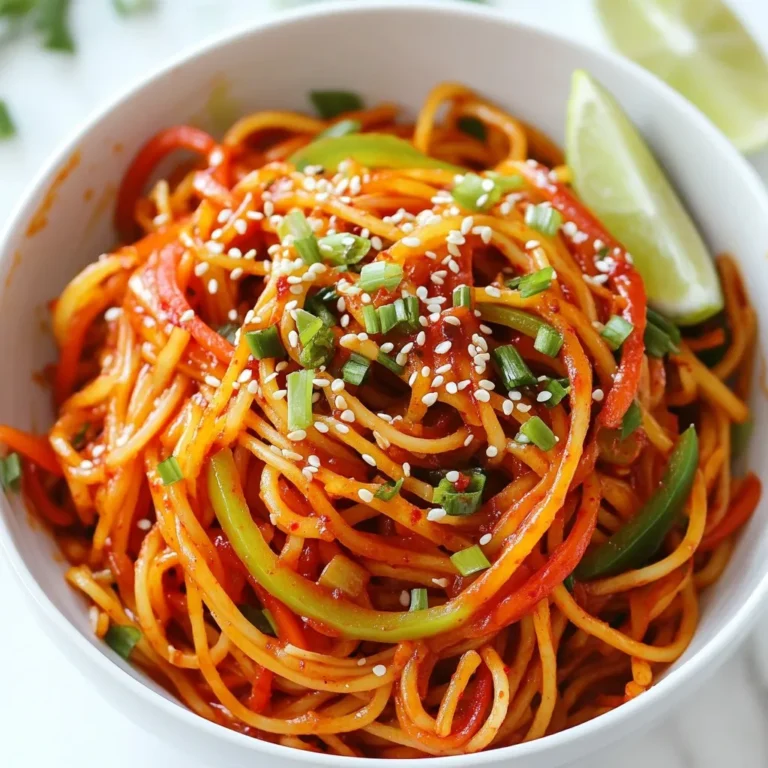 - 8 oz (225g) rice noodles - 2 tablespoons gochujang (Korean chili paste) - 1 tablespoon soy sauce - 1 tablespoon sesame oil - 1 tablespoon honey or maple syrup - 2 garlic cloves, minced - 1 cup shredded carrots - 1 bell pepper, thinly sliced (any color) - 2 green onions, chopped - Fresh cilantro for garnish (optional) - Lime wedges for serving Rice noodles are the base for this dish. They soak up the sauce well. Gochujang gives the noodles their spicy and rich flavor. Soy sauce adds a savory kick. Next, sesame oil adds a nutty taste that enhances the dish. Honey or maple syrup balances the heat with sweetness. Garlic brings a nice aroma and depth to the sauce. Don’t forget the veggies! Shredded carrots add crunch and sweetness. Bell peppers provide color and freshness. Green onions give a pop of flavor on top. For a bright finish, serve with lime wedges and cilantro. These extras make the dish even better! {{ingredient_image_1}} Start by boiling water in a large pot. Add the rice noodles. Cook them for about 5 to 7 minutes. You want them soft but still chewy. Drain the noodles, then rinse them under cold water. This stops the cooking. Set the noodles aside for later. In a small bowl, mix together the gochujang, soy sauce, and sesame oil. Stir until smooth. Next, add honey or maple syrup and sesame seeds. This sauce is what makes the dish spicy and sweet. Set it aside while you cook the veggies. Heat vegetable oil in a large skillet over medium heat. Add minced garlic and sauté for about 30 seconds. You want it fragrant, not burnt. Toss in the shredded carrots and bell pepper. Stir-fry for 2 to 3 minutes. The vegetables should be soft but still crunchy. Now it's time to add the cooked noodles. Toss them into the skillet with the gochujang sauce. Stir everything together well. Make sure the noodles and vegetables are coated in the spicy sauce. Stir-fry for another 2 to 3 minutes until everything is hot. Remove the skillet from heat. Toss in some chopped green onions for freshness. Serve the noodles hot. You can garnish with fresh cilantro if you like. Add lime wedges on the side for a zesty kick. Enjoy your delicious spicy Korean gochujang noodles! To get the best texture for your rice noodles, cook them for about 5 to 7 minutes. You want them soft but still chewy. Drain the noodles well, then rinse them under cold water. This stops the cooking and keeps them from getting sticky. Make sure to shake off excess water so the sauce sticks better. To amp up the flavor, consider adding extra spices. A pinch of red pepper flakes gives more heat, while a dash of black pepper adds depth. You can also toss in some protein to make the meal heartier. Cooked chicken, shrimp, or tofu works great here. Just stir-fry them with the veggies. These spicy noodles pair well with side dishes. Try serving them with steamed broccoli or a simple cucumber salad. For beverages, a cold drink balances the spice. I recommend iced tea or a light lager. Enjoying these with friends makes the meal even better! Pro Tips Tip on Noodle Texture: To achieve the perfect texture, make sure not to overcook the rice noodles. They should be tender but still have a slight chew for the best experience. Tip for Gochujang Sauce: Adjust the amount of gochujang based on your spice preference. Start with less and add more for a spicier kick to suit your taste. Tip for Vegetable Crunch: For extra crunch, consider adding some bean sprouts or snap peas during the last minute of stir-frying. Tip for Serving: Serve with lime wedges on the side. The acidity from the lime enhances the flavors of the dish and balances the spiciness. {{image_2}} You can switch up the noodles in this dish. Try using egg noodles for a richer taste. Udon noodles also work well and give a nice chew. For a gluten-free option, consider rice noodles made from brown rice. They offer the same great flavor without gluten. Want a vegetarian or vegan version? Substitute honey with maple syrup for a vegan-friendly option. You can also add tofu for protein. To adjust spice levels, reduce the gochujang. Start with one tablespoon and add more to taste. This way, you can control the heat. Feel free to add regional vegetables to this dish. Bok choy or snap peas add a fresh crunch. You can also infuse different flavors by adding coconut milk for a creamy touch. Try adding lime zest for a citrusy twist. This dish can be a canvas for your favorite flavors. To keep your spicy Korean gochujang noodles fresh, follow these steps: - Cool the noodles: Let them cool to room temperature. - Use airtight containers: Transfer the noodles into a clean, airtight container. This helps keep moisture out and prevents spoilage. - Label and date: Write the date on the container. This way, you know when you stored them. Freezing the noodles is easy and helps save them for later. - How to freeze cooked noodles: Place the cooled noodles in a freezer-safe bag or container. Squeeze out the air before sealing to prevent freezer burn. - Thawing and reheating tips: When ready to eat, take them out of the freezer. Thaw them in the fridge overnight. Reheat in a skillet with a little oil or in the microwave until hot. Knowing how long you can keep your noodles is key. - Refrigerated noodles: They last about 3-4 days in the fridge. - Frozen noodles: They stay good for up to 2 months in the freezer. However, for the best flavor, try to use them within a month. Gochujang is a thick Korean chili paste. It has a deep red color and a unique blend of spicy, sweet, and savory flavors. This paste uses fermented soybeans, red chili powder, and glutinous rice. The result is a rich umami taste. It’s a key ingredient in many Korean dishes, adding depth and heat. You can use gochujang in sauces, marinades, and soups. It also works well in stir-fries, like our spicy Korean gochujang noodles. Yes, you can prepare this dish ahead of time. Cook the noodles and veggies, then mix them with gochujang sauce. Store in an airtight container in the fridge for up to three days. For meal prep, you can also cook the noodles in advance. Keep the sauce separate until you are ready to eat. This keeps the noodles from getting soggy. When you’re ready to eat, just reheat it on the stove over low heat. Stir until everything is hot. You can easily customize this recipe to fit your tastes. If you want a milder dish, reduce the amount of gochujang. You can also try swapping rice noodles for egg noodles or udon. For protein, add tofu, chicken, or shrimp. Top your noodles with fresh veggies like cucumber or radish for crunch. You can even add a fried egg on top for extra richness. The options are endless, so feel free to get creative! This recipe guide covers everything needed for a delicious noodle dish. I shared key ingredients, like rice noodles and gochujang, and offered step-by-step instructions. You can tweak flavors with tips and tricks, making it your own. Consider variations for different diets and storage tips for leftovers. Enjoy this flavorful dish, and feel free to get creative with ingredients. Happy cooking!
