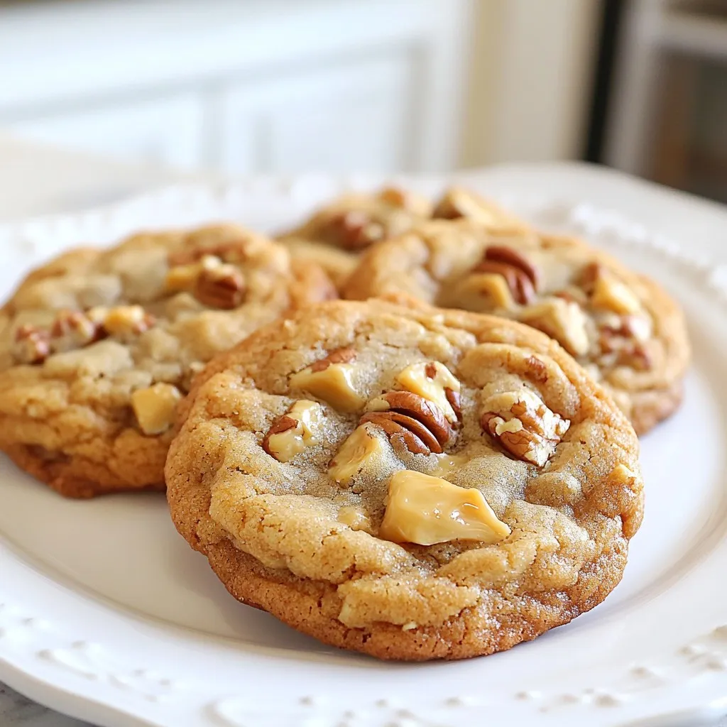 - 1 cup unsalted butter, softened - 1 cup brown sugar, packed - 1/2 cup granulated sugar - 2 large eggs - 1 teaspoon vanilla extract - 2 1/2 cups all-purpose flour - 1 teaspoon baking soda - 1/2 teaspoon salt - 1 cup butterscotch chips - 1 cup pecans, roughly chopped You need to use unsalted butter. This choice helps control the salt in the cookies. Make sure the butter is soft. It blends better with the sugars. The brown sugar gives the cookies a rich flavor. Pack it tightly in the measuring cup. The granulated sugar adds sweetness and helps cookies spread. Use large eggs for the best texture. The vanilla extract enhances the cookie’s flavor. For the dry mix, use all-purpose flour. Measure it correctly for the right cookie texture. Baking soda helps the cookies rise and gives them a soft bite. The salt balances the sweetness. Butterscotch chips add that sweet, buttery taste. Finally, pecans give a nice crunch and flavor. Chop them roughly to keep some texture. You can add chocolate chips for extra sweetness. Try walnuts if you want a different nut. If you like spices, a dash of cinnamon can add warmth. For a twist, mix in shredded coconut or dried fruits. These options can change the taste and texture of your cookies. {{ingredient_image_1}} First, set your oven to 350°F (175°C). This temperature helps the cookies bake evenly. Next, grab two baking sheets and line them with parchment paper. This keeps the cookies from sticking and makes clean-up easy. In a large mixing bowl, add 1 cup of softened butter. Then, mix in 1 cup of brown sugar and 1/2 cup of granulated sugar. Beat these together until they are light and fluffy. This step is key for a soft cookie texture. Next, add 2 large eggs to the bowl. Mix well after each egg. Finally, stir in 1 teaspoon of vanilla extract for that sweet, warm flavor. In another bowl, whisk together 2 1/2 cups of all-purpose flour, 1 teaspoon of baking soda, and 1/2 teaspoon of salt. Mixing these dry ingredients well helps the cookies rise nicely. Gradually add this mixture to the wet ingredients. Stir it until just combined. Don’t overmix, or your cookies might turn tough. Now, gently fold in 1 cup of butterscotch chips and 1 cup of roughly chopped pecans. This adds sweet flavor and crunchy texture. Using a cookie scoop or tablespoon, drop rounded balls of dough onto your prepared baking sheets. Leave enough space between each dough ball for spreading. Bake these in the preheated oven for 10-12 minutes. Look for edges that are golden, while the centers should look slightly underbaked. This gives you a chewy cookie. Once the cookies are done baking, take them out of the oven. Let them cool on the baking sheets for about 5 minutes. This short cooling time helps them set before moving. After that, transfer the cookies to wire racks to cool completely. Enjoy the warm aroma filling your kitchen! To get the best texture in your butterscotch pecan cookies, start with softened butter. This helps mix the butter and sugars well. Cream them together until the mix is light and fluffy. This step adds air and makes cookies soft. When you add the flour, don’t mix too much. Stir just until it’s combined. Overmixing makes cookies tough. Bake until the edges are golden, but the centers look soft. This gives you that perfect chewy texture. If you have leftover dough, wrap it tightly in plastic wrap. You can store it in the fridge for up to three days. To use later, let it sit at room temperature for 15 minutes before baking. If you want to keep it longer, freeze the dough. Just scoop the dough balls onto a baking sheet and freeze until firm. Then transfer them to a freezer bag. They will stay fresh for up to three months. When you’re ready to bake, just add a few extra minutes to your baking time. Serve your butterscotch pecan cookies warm for the best taste. You can drizzle melted butterscotch on top for a sweet touch. A sprinkle of chopped pecans adds a nice crunch. Pair them with a glass of milk or a cup of coffee for a delightful treat. If you want to impress guests, arrange them on a plate with a few extra pecans scattered around. This makes for a lovely presentation. Pro Tips Chill the Dough: For thicker cookies, chill the dough for at least 30 minutes before baking. This helps prevent spreading and enhances flavor. Use Fresh Ingredients: Ensure your baking soda is fresh for optimal rise. Stale ingredients can lead to flat cookies. Perfect Baking Time: Keep an eye on your cookies as they bake. Remove them when the edges are golden but the centers look slightly underbaked for a chewy texture. Storage Tips: Store cookies in an airtight container to keep them soft. You can also add a slice of bread to the container to help retain moisture. {{image_2}} You can mix in chocolate chips for a tasty twist. Just add 1 cup of semi-sweet or dark chocolate chips to the dough. The blend of butterscotch and chocolate makes for a rich flavor. It creates a delightful surprise in every bite. Try using different types of chocolate for fun variations. If you want to change up the nuts, use walnuts or almonds instead of pecans. Walnuts add a nice crunch and a slightly bitter taste, which pairs well with the sweet butterscotch. Almonds bring a sweet and nutty flavor. You can also try macadamia nuts or hazelnuts for a unique twist. For gluten-free cookies, substitute all-purpose flour with a gluten-free blend. Make sure the blend contains xanthan gum for the right texture. To make these cookies vegan, replace the butter with coconut oil or vegan butter. Use flax eggs (1 tablespoon of ground flaxseed mixed with 2.5 tablespoons of water) instead of regular eggs. These options let everyone enjoy these cookies! To keep your cookies fresh, store them in an airtight container. This helps maintain their soft texture. You can layer parchment paper between the cookies to prevent sticking. Keep the container at room temperature for the best results. If you want to save some cookies for later, freezing works great. Let the cookies cool completely first. Place them in a freezer-safe bag or container. The cookies last up to three months in the freezer. When you're ready to eat them, thaw in the fridge or at room temperature. Butterscotch pecan cookies stay fresh for about one week at room temperature. If you notice them getting dry, you can add a slice of bread to the container. The bread keeps the cookies moist. Always check for any signs of spoilage before eating. Yes, you can use margarine instead of butter. The taste and texture may change slightly. Margarine has more water than butter, which can affect how the cookies spread. If you use margarine, choose one that has a high fat content for better results. You know the cookies are done when the edges are golden. The centers should look slightly soft. They will firm up as they cool. Keep an eye on them during the last few minutes of baking to avoid overcooking. You can use chocolate chips if you prefer a different flavor. White chocolate chips also work well. For a healthier option, try dried fruit like raisins or cranberries. They add a nice chewiness and flavor. At high altitudes, reduce the baking soda by 1/4 teaspoon. You may also need to add a bit more flour. This helps with rising and prevents the cookies from spreading too much. Keep an eye on the baking time, as it may vary. Yes, you can make the dough ahead of time. Chill it in the fridge for up to 3 days. You can also freeze the dough for up to 3 months. Just thaw it in the fridge before baking. This way, you can enjoy fresh cookies anytime! In this article, I shared how to make butterscotch pecan cookies. We covered key ingredients, detailed instructions, and useful tips. You now know how to adjust for allergies and store your cookies. These simple methods help you bake with ease. Keep experimenting with variations to find your favorites. Baking should be fun and satisfying. Now, gather your ingredients and enjoy some delicious cookies.