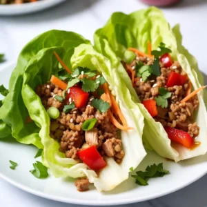 - 1 lb ground chicken - 2 tablespoons fresh ginger, minced - 2 cloves garlic, minced - 2 tablespoons soy sauce - 1 tablespoon fish sauce - 1 tablespoon honey - Juice and zest of 1 lime - 1 red bell pepper, diced - 1 cup carrots, shredded - 1 green onion, chopped - 1 head of butter or iceberg lettuce These main ingredients create a burst of flavor. The ground chicken is the heart of this dish. Fresh ginger adds a warm spice, while garlic gives depth. Soy sauce and fish sauce bring a savory umami taste. Honey balances the flavors with a touch of sweetness. Lime juice and zest brighten everything up. The red bell pepper and carrots add crunch and color. Finally, green onion adds freshness to each bite. - Chopped cilantro - Crushed peanuts - Sesame seeds These toppings can take your wraps to the next level. Chopped cilantro brings a fresh herb taste. Crushed peanuts add a nice crunch and nutty flavor. Sesame seeds sprinkle in a bit of nutty richness, too. You can mix and match these toppings to make your wraps unique. {{ingredient_image_1}} Start by heating a large skillet over medium heat. Add 1 pound of ground chicken. Cook it for about 5 to 7 minutes. You want it to brown nicely. Make sure to break it apart using a spatula as it cooks. This helps it cook evenly. Once the chicken is browned, add 2 tablespoons of minced ginger and 2 cloves of minced garlic. Stir it well and cook for another 2 minutes. You’ll smell the great aroma of ginger and garlic filling your kitchen! Next, pour in the sauce ingredients. Use 2 tablespoons of soy sauce, 1 tablespoon of fish sauce, 1 tablespoon of honey, and the juice and zest of 1 lime. Stir everything well to coat the chicken evenly. Then, add 1 diced red bell pepper and 1 cup of shredded carrots. Cook for another 3 to 4 minutes until the veggies are tender. Season with salt and pepper to taste. This mix of flavors makes the chicken truly special. Now, it’s time to assemble your wraps. Take a leaf of butter or iceberg lettuce. Spoon a portion of the chicken mixture into the center of the leaf. Top it with chopped green onions and any extra toppings you like, such as chopped cilantro, crushed peanuts, or sesame seeds. Fold the lettuce leaf around the filling. Now you have a healthy and tasty wrap ready to enjoy! - Ensure chicken is fully cooked. Use a meat thermometer to check. The chicken should reach 165°F (75°C). This keeps it safe to eat. - Adjust seasonings to taste. Start with the base recipe. Then tweak the soy sauce, lime, or honey as you like. Flavor is personal, so have fun with it. - How to arrange wraps for serving. Place the filled wraps on a large platter. Arrange them in a circle or line for a nice look. - Best serving dishes. Use a shallow bowl or a wide plate. This gives guests easy access to the wraps. - Suggestions for low-sodium options. Choose low-sodium soy sauce and fish sauce. This helps cut back on salt without losing flavor. - Substitutions for dietary restrictions. Swap ground chicken for turkey or tofu. Use gluten-free soy sauce for a gluten-free option. This way, everyone can enjoy your wraps! Pro Tips Fresh Ingredients: Always use fresh ginger and garlic for the best flavor. They add a vibrant kick that enhances the dish. Customize Your Wraps: Feel free to add other vegetables like cucumbers or avocados for extra crunch and nutrition. Perfect Lettuce Leaves: Choose the largest and most intact leaves for wrapping. This will make it easier to hold the filling without tearing. Make Ahead: Prepare the chicken mixture in advance and store it in the refrigerator. Assemble the wraps just before serving for a fresh experience. {{image_2}} You can swap proteins to mix things up. Use ground turkey for a leaner option. Tofu works well for a plant-based twist. Both options are tasty and easy to prepare. For veggies, be creative! Try cucumbers for crunch or add bok choy for a unique flavor. You can even use shredded cabbage for a different texture. The key is to keep it fresh and colorful. If you like heat, add chili flakes or fresh diced chilies. This will spice up your wraps and give them a nice kick. You can also use Sriracha or chili paste for more flavor. For a touch of sweetness, try different sauces. Teriyaki sauce adds a nice glaze. You can also use sweet chili sauce for a fun twist. Experiment and find your favorite flavor combination. These wraps pair well with simple side dishes. Try serving them with a fresh fruit salad or a light cucumber salad. Both options add freshness to your meal. For a fun gathering, create a wrap platter. Arrange the wraps on a large plate with bowls of toppings. Guests can build their own wraps, making it a fun and interactive meal. To keep your Ginger Lime Chicken Lettuce Wraps fresh, store them in the fridge. Use an airtight container to prevent moisture loss. This helps keep the flavors bright and tasty. You can refrigerate the wraps for up to three days. After that, they may lose their crunch and flavor. If you want to save some wraps for later, freezing is a good option. First, separate the chicken filling from the lettuce. Wrap the chicken tightly in plastic wrap. Then, place it in a freezer bag. This helps prevent freezer burn. You can freeze the filling for up to three months. To reheat frozen chicken filling, take it out and thaw it overnight in the fridge. When ready, heat it in a skillet over medium heat. Stir it until it is warmed through. Serve it with fresh lettuce leaves for a quick meal. Enjoy the same great taste! You can use many other options instead of lettuce. Try collard greens, rice paper, or cabbage leaves. Each choice gives a unique flavor and texture. Collard greens are sturdy and hold fillings well. Rice paper adds a fun chew. Cabbage leaves add a crunch. Pick what you enjoy! Yes, you can prepare Ginger Lime Chicken Lettuce Wraps ahead. Cook the chicken mixture and store it in the fridge. It stays fresh for about three days. When ready to eat, simply warm it up and fill your lettuce wraps. This makes for a quick meal! To add heat, include chopped fresh chili or red pepper flakes. Mix them in with the ginger and garlic for a spicy kick. You can also use sriracha or chili sauce in the sauce mix. Adjust to your spice level for the best flavor! In this post, you learned about the key ingredients for Ginger Lime Chicken Lettuce Wraps, like ground chicken, fresh ginger, and lime. We covered step-by-step cooking and how to assemble the wraps. Tips for enhancing the dish, storage, and variations make it even more fun to try. Now, you can create tasty wraps that suit your taste. Enjoy experimenting with flavors and toppings. Happy cooking!