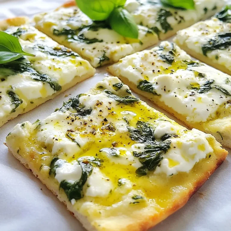 - 1 pre-made flatbread (store-bought or homemade) - 1 cup fresh spinach, chopped - 1/2 cup ricotta cheese - 1/2 cup mozzarella cheese, shredded - 1/4 cup feta cheese, crumbled - 2 cloves garlic, minced The base of our flatbread is the flatbread itself. You can use store-bought or make it from scratch. I love the taste of homemade flatbread. It gives a fresh touch. Next, we need three types of cheese. Ricotta adds creaminess, mozzarella gives stretch, and feta adds a nice salty kick. Fresh spinach brings color and nutrients. Garlic adds flavor that makes everything better. - 2 tablespoons olive oil - 1 teaspoon dried oregano - Salt and pepper to taste - Fresh basil leaves for garnish (optional) Olive oil is key for sautéing. It helps to bring out the garlic’s aroma. Dried oregano adds a classic Italian flavor. Make sure to season with salt and pepper for taste. You can add fresh basil leaves on top for a burst of freshness. This combination makes the flatbread super tasty. {{ingredient_image_1}} - Preheat the oven to 425°F (220°C). - Line a baking sheet with parchment paper for easy clean-up. - Heat two tablespoons of olive oil in a pan over medium heat. - Add two minced garlic cloves and cook for about one minute until fragrant. - Toss in one cup of chopped fresh spinach. Cook until it wilts, about two to three minutes. - Season with salt, pepper, and one teaspoon of dried oregano. - Spread half a cup of ricotta cheese evenly over the flatbread. - Distribute the spinach mixture on top of the ricotta layer. - Sprinkle half a cup of shredded mozzarella cheese and a quarter cup of crumbled feta cheese over the spinach. - Place the flatbread on the prepared baking sheet. - Bake for 10 to 12 minutes until the cheese melts and bubbles. The edges should turn golden brown. - Remove from the oven and let it cool for a couple of minutes. Slice and serve! To get great flavor, use the right cheese. For this flatbread, I love the mix of ricotta, mozzarella, and feta. Each cheese adds its own taste and texture. Ricotta is creamy. Mozzarella melts nicely. Feta gives a salty kick. Balance is key. Use equal parts ricotta and mozzarella, then a little less feta. This way, no flavor overpowers the others. A crispy flatbread is a joy. To achieve this, make sure your oven is hot. Preheat it to 425°F (220°C). Use a baking sheet lined with parchment paper. The paper helps with sticking. Bake the flatbread until the edges turn golden brown. This usually takes 10-12 minutes. Keep an eye on it to avoid burning. Want to spice things up? You can add more ingredients. Fresh herbs like basil or parsley work well. They add freshness and color. You might also try proteins like grilled chicken or bacon. These add a nice texture and flavor. Mix and match to find your favorite combination. Pro Tips Use Fresh Spinach: Fresh spinach offers a vibrant flavor and texture. If using frozen spinach, be sure to thaw and drain it well to avoid excess moisture. Experiment with Cheeses: Feel free to mix and match cheeses according to your preference. Adding a bit of goat cheese can enhance the flavor profile. Golden Brown Edges: For perfectly crispy edges, bake the flatbread on a preheated pizza stone or directly on the oven rack. Garnish for Freshness: Adding fresh herbs like basil or parsley after baking adds a pop of color and freshness that elevates the dish. {{image_2}} You can switch up the cheese in this flatbread. Try using goat cheese for a tangy flavor. It pairs well with spinach. Cheddar cheese is also a great choice. It adds a sharp taste that many love. Mix and match to find your favorite! Want to change the taste? Add bell peppers for a sweet crunch. Mushrooms bring an earthy flavor that complements spinach. Artichokes add a unique touch. Feel free to get creative with your veggie choices! If you need a gluten-free flatbread, there are great alternatives. Use cauliflower crust or chickpea flour. These options work well and taste great. Check your store for gluten-free flatbreads, too. Enjoy this dish without worry! To keep your Three Cheese Spinach Flatbread fresh, store leftovers in airtight containers. This helps keep moisture out and flavors in. Make sure to let it cool down before sealing. Place the flatbread in the fridge within two hours of cooking. It will last for about three days. For the best taste, reheat your flatbread in the oven. Preheat it to 350°F (175°C). Place the flatbread on a baking sheet and cover it with foil. Heat for about 10 minutes or until warm. This method keeps the crust crisp. You can also use a toaster oven for a quick heat-up. If you want to save some for later, freezing works well. Wrap the flatbread tightly in plastic wrap and then in foil. This protects it from freezer burn. It can stay in the freezer for up to three months. When ready to eat, thaw it in the fridge overnight, then reheat as mentioned above. You can serve this flatbread with a fresh green salad. A light vinaigrette adds a nice touch. You might also enjoy it with a bowl of tomato soup. The soup's warmth complements the flatbread's cheese. Some people like to dip it in marinara sauce. This adds a fun, tasty twist to the meal. Making flatbread at home is easy! Here’s a simple method: - Mix 2 cups of all-purpose flour with 1 teaspoon of salt. - Gradually add 3/4 cup of warm water and 2 tablespoons of olive oil. - Knead the dough for about 5 minutes until smooth. - Let it rest for 30 minutes. - Roll the dough into thin circles and cook in a hot skillet for 2-3 minutes per side. Yes, you can use frozen spinach! Just make sure to thaw it first. Drain any excess water so it doesn’t make the flatbread soggy. Frozen spinach is a great time-saver and still adds good flavor. The flatbread lasts about 3 days in the fridge. Store it in an airtight container to keep it fresh. If you don’t eat it all, you can freeze it for longer storage. Just wrap it well and place it in the freezer. It will keep for about 2 months. This blog post shared simple steps to make a three cheese spinach flatbread. You learned about essential ingredients, how to prep, sauté, and bake your dish. Tips helped you achieve the right cheese balance and a crispy crust. Don’t forget to try different cheese and veggie combinations for variety. Proper storage and reheating can help you enjoy leftovers later. Cooking can be fun and creative, so keep experimenting with flavors and ingredients! Enjoy your delicious creations!