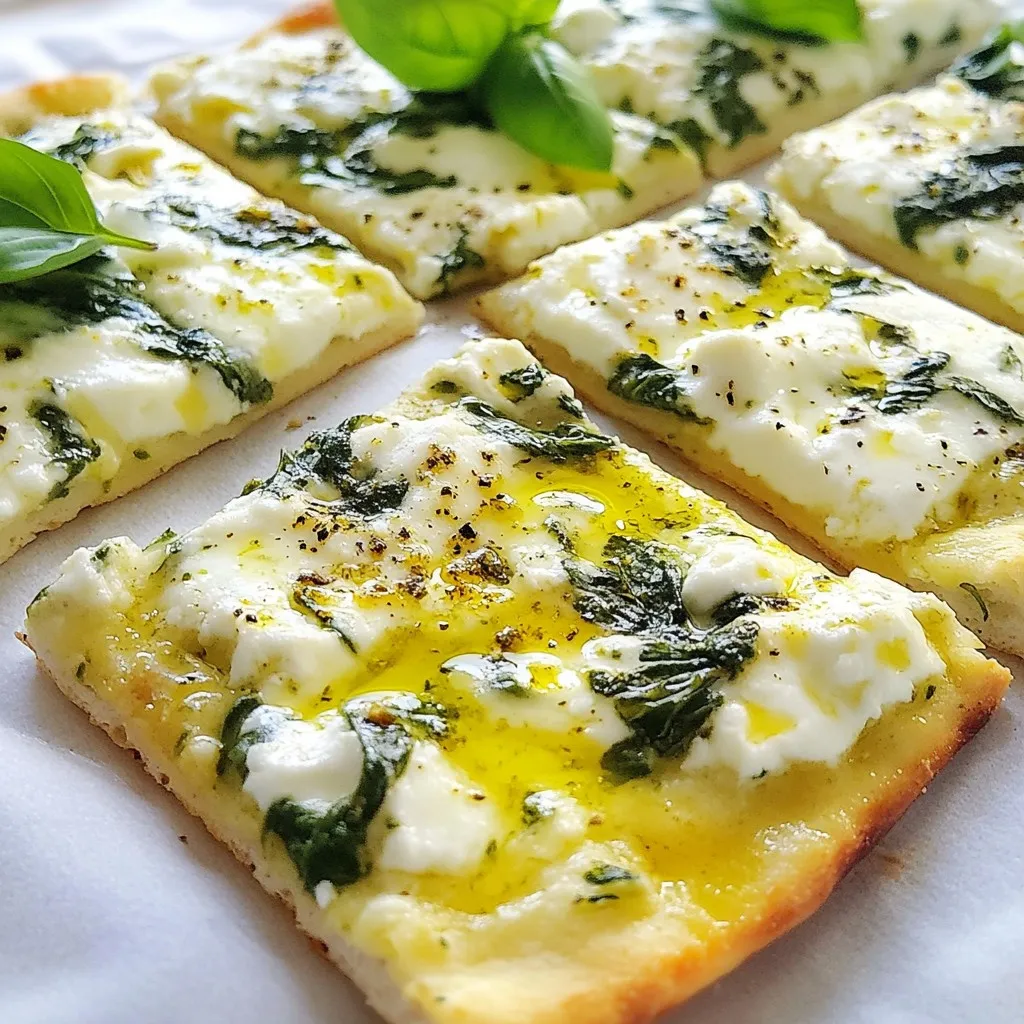 - 1 pre-made flatbread (store-bought or homemade) - 1 cup fresh spinach, chopped - 1/2 cup ricotta cheese - 1/2 cup mozzarella cheese, shredded - 1/4 cup feta cheese, crumbled - 2 cloves garlic, minced The base of our flatbread is the flatbread itself. You can use store-bought or make it from scratch. I love the taste of homemade flatbread. It gives a fresh touch. Next, we need three types of cheese. Ricotta adds creaminess, mozzarella gives stretch, and feta adds a nice salty kick. Fresh spinach brings color and nutrients. Garlic adds flavor that makes everything better. - 2 tablespoons olive oil - 1 teaspoon dried oregano - Salt and pepper to taste - Fresh basil leaves for garnish (optional) Olive oil is key for sautéing. It helps to bring out the garlic’s aroma. Dried oregano adds a classic Italian flavor. Make sure to season with salt and pepper for taste. You can add fresh basil leaves on top for a burst of freshness. This combination makes the flatbread super tasty. {{ingredient_image_1}} - Preheat the oven to 425°F (220°C). - Line a baking sheet with parchment paper for easy clean-up. - Heat two tablespoons of olive oil in a pan over medium heat. - Add two minced garlic cloves and cook for about one minute until fragrant. - Toss in one cup of chopped fresh spinach. Cook until it wilts, about two to three minutes. - Season with salt, pepper, and one teaspoon of dried oregano. - Spread half a cup of ricotta cheese evenly over the flatbread. - Distribute the spinach mixture on top of the ricotta layer. - Sprinkle half a cup of shredded mozzarella cheese and a quarter cup of crumbled feta cheese over the spinach. - Place the flatbread on the prepared baking sheet. - Bake for 10 to 12 minutes until the cheese melts and bubbles. The edges should turn golden brown. - Remove from the oven and let it cool for a couple of minutes. Slice and serve! To get great flavor, use the right cheese. For this flatbread, I love the mix of ricotta, mozzarella, and feta. Each cheese adds its own taste and texture. Ricotta is creamy. Mozzarella melts nicely. Feta gives a salty kick. Balance is key. Use equal parts ricotta and mozzarella, then a little less feta. This way, no flavor overpowers the others. A crispy flatbread is a joy. To achieve this, make sure your oven is hot. Preheat it to 425°F (220°C). Use a baking sheet lined with parchment paper. The paper helps with sticking. Bake the flatbread until the edges turn golden brown. This usually takes 10-12 minutes. Keep an eye on it to avoid burning. Want to spice things up? You can add more ingredients. Fresh herbs like basil or parsley work well. They add freshness and color. You might also try proteins like grilled chicken or bacon. These add a nice texture and flavor. Mix and match to find your favorite combination. Pro Tips Use Fresh Spinach: Fresh spinach offers a vibrant flavor and texture. If using frozen spinach, be sure to thaw and drain it well to avoid excess moisture. Experiment with Cheeses: Feel free to mix and match cheeses according to your preference. Adding a bit of goat cheese can enhance the flavor profile. Golden Brown Edges: For perfectly crispy edges, bake the flatbread on a preheated pizza stone or directly on the oven rack. Garnish for Freshness: Adding fresh herbs like basil or parsley after baking adds a pop of color and freshness that elevates the dish. {{image_2}} You can switch up the cheese in this flatbread. Try using goat cheese for a tangy flavor. It pairs well with spinach. Cheddar cheese is also a great choice. It adds a sharp taste that many love. Mix and match to find your favorite! Want to change the taste? Add bell peppers for a sweet crunch. Mushrooms bring an earthy flavor that complements spinach. Artichokes add a unique touch. Feel free to get creative with your veggie choices! If you need a gluten-free flatbread, there are great alternatives. Use cauliflower crust or chickpea flour. These options work well and taste great. Check your store for gluten-free flatbreads, too. Enjoy this dish without worry! To keep your Three Cheese Spinach Flatbread fresh, store leftovers in airtight containers. This helps keep moisture out and flavors in. Make sure to let it cool down before sealing. Place the flatbread in the fridge within two hours of cooking. It will last for about three days. For the best taste, reheat your flatbread in the oven. Preheat it to 350°F (175°C). Place the flatbread on a baking sheet and cover it with foil. Heat for about 10 minutes or until warm. This method keeps the crust crisp. You can also use a toaster oven for a quick heat-up. If you want to save some for later, freezing works well. Wrap the flatbread tightly in plastic wrap and then in foil. This protects it from freezer burn. It can stay in the freezer for up to three months. When ready to eat, thaw it in the fridge overnight, then reheat as mentioned above. You can serve this flatbread with a fresh green salad. A light vinaigrette adds a nice touch. You might also enjoy it with a bowl of tomato soup. The soup's warmth complements the flatbread's cheese. Some people like to dip it in marinara sauce. This adds a fun, tasty twist to the meal. Making flatbread at home is easy! Here’s a simple method: - Mix 2 cups of all-purpose flour with 1 teaspoon of salt. - Gradually add 3/4 cup of warm water and 2 tablespoons of olive oil. - Knead the dough for about 5 minutes until smooth. - Let it rest for 30 minutes. - Roll the dough into thin circles and cook in a hot skillet for 2-3 minutes per side. Yes, you can use frozen spinach! Just make sure to thaw it first. Drain any excess water so it doesn’t make the flatbread soggy. Frozen spinach is a great time-saver and still adds good flavor. The flatbread lasts about 3 days in the fridge. Store it in an airtight container to keep it fresh. If you don’t eat it all, you can freeze it for longer storage. Just wrap it well and place it in the freezer. It will keep for about 2 months. This blog post shared simple steps to make a three cheese spinach flatbread. You learned about essential ingredients, how to prep, sauté, and bake your dish. Tips helped you achieve the right cheese balance and a crispy crust. Don’t forget to try different cheese and veggie combinations for variety. Proper storage and reheating can help you enjoy leftovers later. Cooking can be fun and creative, so keep experimenting with flavors and ingredients! Enjoy your delicious creations!