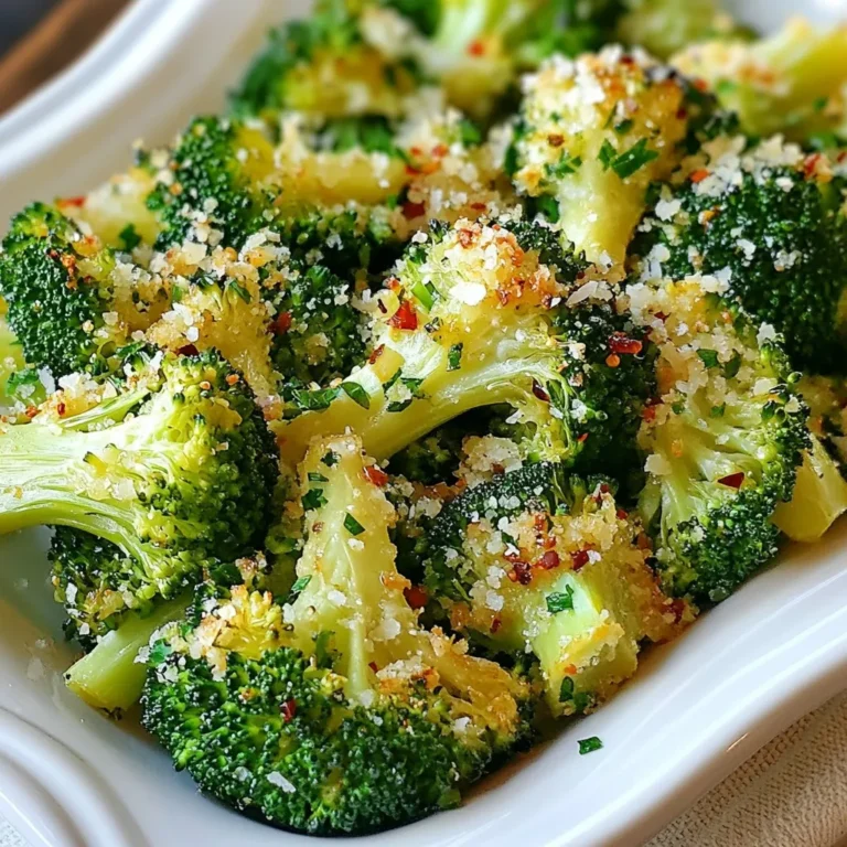 - 1 lb broccoli florets - 4 cloves garlic, minced - 3 tablespoons olive oil - Zest of 1 lemon - 2 tablespoons lemon juice - 1 teaspoon red pepper flakes (optional) - Salt and pepper to taste - ¼ cup grated Parmesan cheese (optional) - Fresh parsley, chopped for garnish You need one pound of broccoli florets. Look for bright green, firm pieces. Next, take four cloves of garlic and mince them finely. This adds a strong flavor. Use three tablespoons of olive oil for a rich taste. The zest of one lemon gives a nice aroma. You also need two tablespoons of fresh lemon juice for a tangy kick. If you want some heat, add one teaspoon of red pepper flakes. You can add salt and pepper to taste. For a cheesy touch, include a quarter cup of grated Parmesan cheese. Lastly, chop fresh parsley for a colorful garnish. To boost the flavor of this dish, consider adding some lemon zest. It adds brightness. Red pepper flakes bring heat that many enjoy. For a richer taste, the optional Parmesan cheese works well. If you want a different twist, try adding nuts, like almonds or pine nuts. They add crunch and depth. {{ingredient_image_1}} First, preheat your oven to 425°F (220°C). This high heat helps the broccoli get crispy. Next, grab a large mixing bowl. Add 1 pound of broccoli florets. Then, add 4 cloves of minced garlic. Pour in 3 tablespoons of olive oil. The oil keeps the broccoli moist. Now, zest one lemon. Add the zest to the bowl. Then squeeze in 2 tablespoons of lemon juice. If you like spice, sprinkle in 1 teaspoon of red pepper flakes. Next, season with salt and pepper to taste. Toss everything together. Make sure the broccoli gets coated well with the mixture. Spread the broccoli mixture on a baking sheet. Use parchment paper to line the sheet. This keeps it from sticking. Place the sheet in the oven and roast for 20 to 25 minutes. You want the broccoli to be tender and crispy on the edges. For an extra touch, you can add ¼ cup of grated Parmesan cheese during the last 5 minutes. The cheese will melt and add a rich flavor. Once the broccoli is done, take it out of the oven. Let it cool slightly before serving. To make it look pretty, garnish with chopped fresh parsley. This dish pairs well with grilled chicken or fish. Enjoy your bright and tasty Lemon Garlic Roasted Broccoli! To select fresh broccoli, look for bright green florets. The stems should be firm and not limp. Avoid any yellowing, as this shows age. You want the florets to be tight and not spread apart. If the broccoli smells strong, it may be past its prime. Always choose organic when possible for better flavor and fewer chemicals. Roasting broccoli is all about temperature and time. Preheat your oven to 425°F (220°C). This high heat gives you crispy edges. Spread the broccoli in one even layer on the baking sheet. Crowding the pan can lead to steaming, not roasting. Toss the florets halfway through cooking for even browning. Aim for 20-25 minutes to reach that perfect tender-crisp texture. You can easily tweak this recipe to your taste. For a nutty flavor, try adding toasted almonds or walnuts. Swap out the Parmesan for nutritional yeast for a vegan option. If you want more spice, use cayenne pepper instead of red pepper flakes. For a citrus twist, lime juice works well too. Each change gives a new flavor, keeping it fresh and fun! Pro Tips Choose Fresh Broccoli: Always select bright green broccoli with firm stems and tight florets for the best flavor and texture. Adjust Lemon Flavor: For a stronger lemon flavor, add more lemon zest or juice according to your taste preference. Experiment with Cheese: Try different types of cheese like feta or goat cheese for a unique twist on the classic Parmesan topping. Serve with Dips: Pair the roasted broccoli with a yogurt-based dip or hummus for added flavor and creaminess. {{image_2}} You can give this dish an Asian twist. Start with the same base. Add soy sauce and sesame oil to the mix. The umami flavor enriches the broccoli. You might also sprinkle sesame seeds on top for crunch. This adds a nice touch and makes it visually appealing. Want to turn this side into a main? Add some protein! Chicken or shrimp work great. Toss the protein with the broccoli before roasting. This will soak up all the lemon and garlic flavors. You can also use tofu for a plant-based option. It's a filling and healthy meal that still tastes amazing. If you want a vegan option, skip the Parmesan cheese. Nutritional yeast is a great substitute. It gives a cheesy flavor without dairy. You can also use crushed nuts for a nice texture. Mixing in some ground cashews or almonds can add richness, too. Enjoy your Lemon Garlic Roasted Broccoli in a way that fits your diet! After you enjoy your Lemon Garlic Roasted Broccoli, store any leftovers in a tight container. Let the broccoli cool to room temperature first. Then, place it in the fridge. It will stay fresh for about 3 to 4 days. Make sure to keep it covered to avoid drying out. To reheat, preheat your oven to 350°F (175°C). Spread the broccoli on a baking sheet. Heat for about 10 minutes or until warm. You can also use a microwave. Place the broccoli in a bowl, cover it, and heat for 1-2 minutes. Stir halfway to ensure even heating. If you want to save the broccoli for later, freezing is a great option. First, cool the leftovers completely. Then, pack them in a freezer-safe bag or container. Remove as much air as possible. You can freeze it for up to 3 months. To use, thaw it overnight in the fridge before reheating. Yes, you can use frozen broccoli. Just thaw it first. Drain any water. Toss it with garlic, oil, lemon, and spices. The cooking time may be a bit shorter. Watch for tenderness and crispness. You can serve this dish with many foods. It pairs well with grilled chicken or fish. Serve it alongside rice or quinoa for a full meal. You can also enjoy it with pasta or as a side for steak. This recipe is already gluten-free as written. Just use the listed ingredients. Always check labels for any hidden gluten. Parmesan cheese is optional but gluten-free too. Yes, this dish is low-carb as it stands. Broccoli is a great low-carb veggie. Use it as a side or a main dish. You can skip the cheese if you want to reduce carbs further. In this post, I shared how to make Lemon Garlic Roasted Broccoli. First, we listed the key ingredients and how to prep them. Then, I guided you through each step of the cooking process, including tips for the best flavor. You also learned variations and ways to store leftovers. This dish is healthy and easy, so you can enjoy it often. Try making it your own by adding your favorite flavors or proteins. More flavors bring more joy to simple meals.