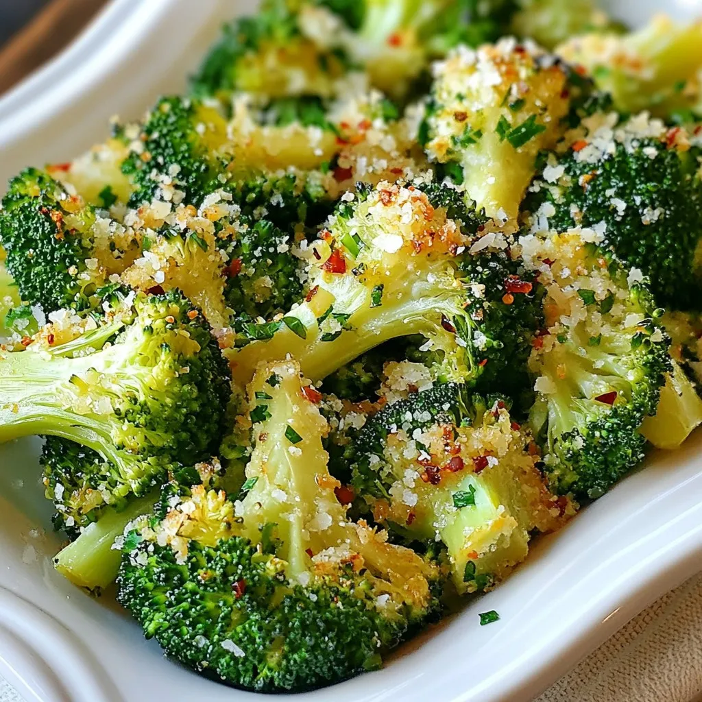 - 1 lb broccoli florets - 4 cloves garlic, minced - 3 tablespoons olive oil - Zest of 1 lemon - 2 tablespoons lemon juice - 1 teaspoon red pepper flakes (optional) - Salt and pepper to taste - ¼ cup grated Parmesan cheese (optional) - Fresh parsley, chopped for garnish You need one pound of broccoli florets. Look for bright green, firm pieces. Next, take four cloves of garlic and mince them finely. This adds a strong flavor. Use three tablespoons of olive oil for a rich taste. The zest of one lemon gives a nice aroma. You also need two tablespoons of fresh lemon juice for a tangy kick. If you want some heat, add one teaspoon of red pepper flakes. You can add salt and pepper to taste. For a cheesy touch, include a quarter cup of grated Parmesan cheese. Lastly, chop fresh parsley for a colorful garnish. To boost the flavor of this dish, consider adding some lemon zest. It adds brightness. Red pepper flakes bring heat that many enjoy. For a richer taste, the optional Parmesan cheese works well. If you want a different twist, try adding nuts, like almonds or pine nuts. They add crunch and depth. {{ingredient_image_1}} First, preheat your oven to 425°F (220°C). This high heat helps the broccoli get crispy. Next, grab a large mixing bowl. Add 1 pound of broccoli florets. Then, add 4 cloves of minced garlic. Pour in 3 tablespoons of olive oil. The oil keeps the broccoli moist. Now, zest one lemon. Add the zest to the bowl. Then squeeze in 2 tablespoons of lemon juice. If you like spice, sprinkle in 1 teaspoon of red pepper flakes. Next, season with salt and pepper to taste. Toss everything together. Make sure the broccoli gets coated well with the mixture. Spread the broccoli mixture on a baking sheet. Use parchment paper to line the sheet. This keeps it from sticking. Place the sheet in the oven and roast for 20 to 25 minutes. You want the broccoli to be tender and crispy on the edges. For an extra touch, you can add ¼ cup of grated Parmesan cheese during the last 5 minutes. The cheese will melt and add a rich flavor. Once the broccoli is done, take it out of the oven. Let it cool slightly before serving. To make it look pretty, garnish with chopped fresh parsley. This dish pairs well with grilled chicken or fish. Enjoy your bright and tasty Lemon Garlic Roasted Broccoli! To select fresh broccoli, look for bright green florets. The stems should be firm and not limp. Avoid any yellowing, as this shows age. You want the florets to be tight and not spread apart. If the broccoli smells strong, it may be past its prime. Always choose organic when possible for better flavor and fewer chemicals. Roasting broccoli is all about temperature and time. Preheat your oven to 425°F (220°C). This high heat gives you crispy edges. Spread the broccoli in one even layer on the baking sheet. Crowding the pan can lead to steaming, not roasting. Toss the florets halfway through cooking for even browning. Aim for 20-25 minutes to reach that perfect tender-crisp texture. You can easily tweak this recipe to your taste. For a nutty flavor, try adding toasted almonds or walnuts. Swap out the Parmesan for nutritional yeast for a vegan option. If you want more spice, use cayenne pepper instead of red pepper flakes. For a citrus twist, lime juice works well too. Each change gives a new flavor, keeping it fresh and fun! Pro Tips Choose Fresh Broccoli: Always select bright green broccoli with firm stems and tight florets for the best flavor and texture. Adjust Lemon Flavor: For a stronger lemon flavor, add more lemon zest or juice according to your taste preference. Experiment with Cheese: Try different types of cheese like feta or goat cheese for a unique twist on the classic Parmesan topping. Serve with Dips: Pair the roasted broccoli with a yogurt-based dip or hummus for added flavor and creaminess. {{image_2}} You can give this dish an Asian twist. Start with the same base. Add soy sauce and sesame oil to the mix. The umami flavor enriches the broccoli. You might also sprinkle sesame seeds on top for crunch. This adds a nice touch and makes it visually appealing. Want to turn this side into a main? Add some protein! Chicken or shrimp work great. Toss the protein with the broccoli before roasting. This will soak up all the lemon and garlic flavors. You can also use tofu for a plant-based option. It's a filling and healthy meal that still tastes amazing. If you want a vegan option, skip the Parmesan cheese. Nutritional yeast is a great substitute. It gives a cheesy flavor without dairy. You can also use crushed nuts for a nice texture. Mixing in some ground cashews or almonds can add richness, too. Enjoy your Lemon Garlic Roasted Broccoli in a way that fits your diet! After you enjoy your Lemon Garlic Roasted Broccoli, store any leftovers in a tight container. Let the broccoli cool to room temperature first. Then, place it in the fridge. It will stay fresh for about 3 to 4 days. Make sure to keep it covered to avoid drying out. To reheat, preheat your oven to 350°F (175°C). Spread the broccoli on a baking sheet. Heat for about 10 minutes or until warm. You can also use a microwave. Place the broccoli in a bowl, cover it, and heat for 1-2 minutes. Stir halfway to ensure even heating. If you want to save the broccoli for later, freezing is a great option. First, cool the leftovers completely. Then, pack them in a freezer-safe bag or container. Remove as much air as possible. You can freeze it for up to 3 months. To use, thaw it overnight in the fridge before reheating. Yes, you can use frozen broccoli. Just thaw it first. Drain any water. Toss it with garlic, oil, lemon, and spices. The cooking time may be a bit shorter. Watch for tenderness and crispness. You can serve this dish with many foods. It pairs well with grilled chicken or fish. Serve it alongside rice or quinoa for a full meal. You can also enjoy it with pasta or as a side for steak. This recipe is already gluten-free as written. Just use the listed ingredients. Always check labels for any hidden gluten. Parmesan cheese is optional but gluten-free too. Yes, this dish is low-carb as it stands. Broccoli is a great low-carb veggie. Use it as a side or a main dish. You can skip the cheese if you want to reduce carbs further. In this post, I shared how to make Lemon Garlic Roasted Broccoli. First, we listed the key ingredients and how to prep them. Then, I guided you through each step of the cooking process, including tips for the best flavor. You also learned variations and ways to store leftovers. This dish is healthy and easy, so you can enjoy it often. Try making it your own by adding your favorite flavors or proteins. More flavors bring more joy to simple meals.