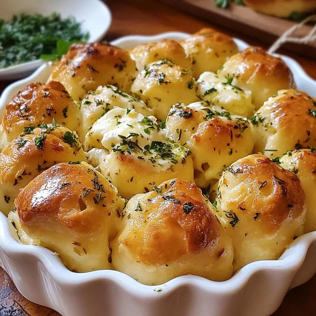 - 3 cups all-purpose flour - 2 teaspoons instant yeast - 1 teaspoon salt - 1 teaspoon sugar - 1 cup warm water (110°F) - 1/4 cup unsalted butter, melted - 3-4 cloves garlic, finely minced - 2 tablespoons fresh parsley, chopped - 1 tablespoon fresh thyme leaves - 1 tablespoon fresh rosemary, chopped - 1 teaspoon oregano - 1/2 cup grated mozzarella cheese - Extra flour for dusting - Olive oil for brushing To make the perfect herbed garlic pull apart bread, you start with the basics. I use all-purpose flour because it gives the bread a great texture. Instant yeast helps the dough rise quickly. Salt adds flavor, while sugar feeds the yeast. Warm water is key; it activates the yeast. Next, I add flavor with unsalted butter, which makes the bread rich. Garlic is a must for that aromatic kick. Fresh herbs like parsley, thyme, rosemary, and oregano bring vibrant tastes. Mozzarella cheese melts beautifully, adding a gooey, cheesy center. Finally, I keep extra flour handy for dusting. Olive oil gives a golden sheen to the bread when baked. Each ingredient plays a role in creating a delightful dish that’s both tasty and simple. {{ingredient_image_1}} Start by activating the yeast. In a large bowl, mix warm water, sugar, and instant yeast. Let it sit for about 5 minutes. You should see bubbles forming on top. This means your yeast is ready. Then, add salt and melted butter to the bowl. Stir gently to combine. Gradually add flour while mixing. You want a rough dough. Next, knead the dough on a floured surface for about 8-10 minutes. You want the dough to feel smooth and elastic. This step is key for good texture. If the dough sticks, sprinkle a bit of extra flour. Once kneaded, place the dough in a lightly greased bowl. Cover it with a damp cloth. Let it rise in a warm place for about 1 hour. You want it to double in size. This helps develop flavor and texture. While the dough rises, prepare the herbed garlic mixture. In a small bowl, mix minced garlic, chopped parsley, thyme, rosemary, oregano, and a pinch of salt. This blend adds great flavor. After the dough rises, punch it down gently. Turn it onto a floured surface. Divide the dough into about 16 equal parts. Flatten each ball slightly. Place a teaspoon of the herbed garlic mixture and some mozzarella cheese in the center. Fold the dough over the filling and pinch to seal. Arrange the stuffed dough balls in a greased bundt pan or a round cake pan. Place them closely together. Brush the tops with olive oil. Sprinkle any leftover herbs on top. Cover the pan with a cloth and let it rise for 30 more minutes. While that happens, preheat your oven to 375°F (190°C). After the second rise, bake the bread for 25-30 minutes. Look for a golden-brown color and a nice, baked smell. Once it’s done, allow it to cool for a few minutes before turning it out onto a platter. Enjoy this tasty treat warm! Kneading is key to great bread. When you knead, you build gluten. Gluten gives the bread its strength and texture. Knead for about 8-10 minutes. The dough should feel smooth and elastic when you finish. Check if the dough rises properly. After the first rise, it should double in size. If it does not, the yeast might be inactive. Always use warm water around 110°F to activate the yeast. A warm, draft-free spot helps the dough rise well. You can customize the herbs to fit your taste. Try basil, dill, or even a bit of sage. Mix and match until you find your favorite blend. Fresh herbs give the best flavor, but dried herbs work too. Cheese is another way to add flavor. Use sharp cheddar for a kick or creamy feta for a different taste. You can even mix cheeses for a fun flavor twist. Presentation makes your bread more inviting. Serve it warm on a colorful plate. Add fresh herbs around the bread for a pop of green. Dipping options are endless. Offer olive oil with balsamic vinegar for a classic choice. Herb-infused butter is another tasty idea. You can also serve it with marinara sauce for a fun twist. Pro Tips Perfect Dough Texture: Ensure your dough is smooth and elastic by kneading it well. If it feels sticky, sprinkle a little extra flour during kneading. Control Rising Temperature: For the best rise, place your dough in a warm, draft-free area. An oven with the light on or a warm corner of your kitchen works well. Flavor Variations: Experiment with different herbs and cheeses in the filling to customize the flavor of your pull-apart bread to suit your taste. Serving Suggestions: For a delightful presentation, serve with herb-infused olive oil or butter. Garnish with extra fresh herbs to enhance the visual appeal. {{image_2}} You can make this bread even better by adding cheese. Feta or cheddar works great. Feta adds a tangy taste. Cheddar gives a nice sharpness. You can also use vegan cheese for a dairy-free option. Many brands offer good melts. Choose one you enjoy for a tasty twist. Herbs are key to flavor. An Italian herb blend brings a classic taste. You can mix basil, oregano, and thyme. For a spicy kick, add red pepper flakes. This will give the bread a warm bite. You can use fresh herbs or dried ones. Each choice will change the flavor. Don’t stop at cheese and herbs! Try adding sundried tomatoes for a sweet flavor. They add a chewy texture and vibrant color. Spinach and feta is another great mix. The spinach adds freshness, while feta gives a creamy touch. Be creative and have fun with your fillings! To keep your herbed garlic pull-apart bread fresh, store leftovers in an airtight container. This helps keep the bread soft and prevents it from drying out. You can also wrap it tightly in plastic wrap. If you do not have a container, use a resealable plastic bag. Make sure to remove as much air as possible before sealing. You can freeze this bread for later enjoyment. First, let the bread cool completely. Then, wrap it tightly in plastic wrap and place it in a freezer bag. Make sure to label the bag with the date. When you’re ready to eat it, thaw the bread in the fridge overnight. To warm it up, you can bake it at 350°F (175°C) for about 10-15 minutes. This will bring back its fresh taste and soft texture. At room temperature, the bread lasts for about 2-3 days. Keep it in a cool, dry place away from direct sunlight. If you notice hard spots or a dry texture, it may be time to toss it. Signs of spoilage include a sour smell or visible mold. Always check before eating! Yes, you can use active dry yeast. Just remember to activate it first. Mix it with warm water and sugar. Let it sit for about 5-10 minutes until it bubbles. This step wakes up the yeast. Then, add it to your dough like you would with instant yeast. To check if your bread is done, look for a golden-brown color. Tap the bottom; it should sound hollow. If you have a food thermometer, check the inside. It should be about 190°F (88°C). These tips help ensure your bread bakes perfectly. This bread pairs well with many dishes. Serve it with a bowl of olive oil for dipping. You can also enjoy it with soup or salad. It makes a great side for pasta too. Try adding herb-infused butter for extra flavor. This blog post covered key ingredients and steps for making Herbed Garlic Pull Apart Bread. We explored the dough preparation, filling ideas, and various flavor options. Remember, you can customize your bread to fit your taste. The right kneading and resting are crucial for the best texture. Storing leftovers properly ensures freshness. Experiment with different herbs and cheeses for unique flavors. Enjoy the baking process, and have fun sharing this delicious treat with friends and family!