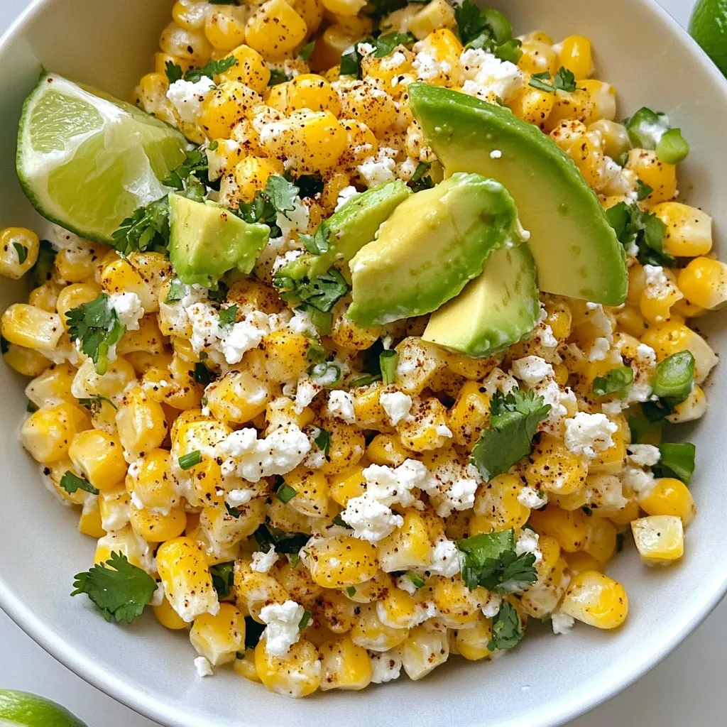 For this salad, you need 4 ears of fresh corn. Make sure to husk and clean them well. Fresh corn gives the best taste and texture. Grilling it adds a nice char. This step brings out the sweet flavor we crave in street corn. The dressing makes this salad creamy and rich. You will need: - 1/2 cup mayonnaise - 1/2 cup sour cream - 2 tablespoons fresh lime juice - 1 teaspoon chili powder - Salt and pepper to taste These ingredients blend together to give a smooth and tangy flavor. The lime juice brightens everything up. The chili powder adds a gentle kick, perfect for a fresh salad. Garnishes add flavor and color to your dish. For this salad, you should have: - 1 cup cotija cheese, crumbled (or feta as a substitute) - 1/4 cup fresh cilantro, chopped - 1 jalapeño, finely diced (seeds removed for less heat) - 1 avocado, diced (for topping) - Lime wedges (for serving) Cotija cheese adds a salty touch. Fresh cilantro gives a burst of herbal flavor. The jalapeño adds heat, but you can skip it if you want a milder salad. Diced avocado on top makes it creamy and delicious, while lime wedges enhance the flavor with each bite. {{ingredient_image_1}} First, heat your grill or grill pan over medium-high heat. This step is key for great flavor. Husk and clean four ears of fresh corn. Once the grill is hot, place the corn on it. Cook for about 10 to 12 minutes. Make sure to turn the corn often. You want nice char marks all around. When it's done, remove the corn and let it cool a bit. After cooling, cut the kernels off the cob and put them in a large mixing bowl. In a separate bowl, mix together half a cup of mayonnaise and half a cup of sour cream. Add two tablespoons of fresh lime juice for a zesty kick. Sprinkle in one teaspoon of chili powder, along with salt and pepper to taste. Stir well until smooth. This creamy dressing will bring everything together and add a rich flavor. Pour the dressing over the corn kernels in the mixing bowl. Gently fold in one cup of crumbled cotija cheese, a quarter cup of chopped cilantro, and one finely diced jalapeño. Mix until all the ingredients are well combined. Transfer the salad to a serving bowl or plate. For a nice touch, top with diced avocado. You can add more cotija cheese or cilantro if you like. Serve it right away with lime wedges on the side for that extra burst of flavor. To get those beautiful grill marks, start with fresh corn. Preheat your grill to medium-high heat. Place the corn directly on the grill. Cook for about 10-12 minutes. Turn it often to char all sides. This method gives that smoky flavor and nice marks. If you want more char, leave it on a bit longer. Just watch it closely to avoid burning. To boost the taste, use a mix of seasonings. I love using lime juice, chili powder, and salt. These add zest and depth to the salad. You can also try adding smoked paprika for a twist. Don't forget to taste as you mix. Adjust the spices to suit your taste. A little heat from jalapeño can also enhance the flavor. You can prep this salad ahead of time. Grill the corn and let it cool. Cut off the kernels and store them in a bowl. Make the creamy dressing separately and chill it. Combine everything just before serving. This keeps the flavors fresh and bright. It’s perfect for a picnic or a party. Pro Tips Fresh Corn is Key: Use fresh, in-season corn for the sweetest and most flavorful salad. Frozen corn can be a substitute, but it won't have the same texture or taste. Adjust the Heat: If you prefer a milder salad, remove all seeds from the jalapeño. For more heat, leave some seeds in or add a dash of hot sauce. Make Ahead: You can prepare the corn and dressing in advance, but wait to combine them until just before serving to keep the salad fresh and crunchy. Garnish for Visual Appeal: Adding extra cilantro and cotija cheese on top not only enhances flavor but also makes the dish look more appetizing. {{image_2}} If you love heat, add more jalapeños or a dash of hot sauce. You can also try using chipotle peppers for a smoky flavor. This adds a kick that makes the salad even more exciting. If you want more spice, add a few dashes of cayenne pepper. Just remember to taste as you go, so it’s just right for you. For a vegetarian twist, swap the mayonnaise with a vegan mayo. This keeps the salad creamy without any animal products. You can also use nutritional yeast in place of cotija cheese for a cheesy flavor. It’s a great option for those who want a plant-based dish. Feel free to mix in any fresh vegetables you love, like diced bell peppers or cucumbers. You can easily adapt this salad to the seasons. In summer, add fresh tomatoes for a juicy burst. In fall, try adding roasted sweet potatoes for a warm touch. During winter, use diced pomegranate seeds for a tart and sweet crunch. Each season offers a chance to create new flavors and textures in your salad. After enjoying your Mexican street corn salad, store any leftovers in an airtight container. This keeps the salad fresh for about three days. I recommend placing it in the fridge right away. The flavors will blend even more as it sits. Just give it a good stir before serving again. You can freeze leftover salad, but it may change in texture. To freeze, place it in a freezer-safe container. Use it within a month for the best taste. When you are ready to eat it, let it thaw overnight in the fridge. Avoid refreezing after thawing. When reheating, do it gently. Use the stove over low heat. Stir often to heat it evenly. If you want to serve it cold, just take it out of the fridge. Top it with fresh avocado and a squeeze of lime for a tasty kick. Enjoy your salad with grilled meats or tacos for a full meal! Yes, you can use frozen corn. Just make sure to thaw it first. Frozen corn has a sweet taste and a good texture. It’s a great option when fresh corn is not available. You can even char it in a pan to add flavor. If you can’t find cotija cheese, feta works well. It has a similar salty taste. You can also use grated Parmesan if you prefer a different flavor. Just keep in mind that both will change the salad's overall taste. The salad's heat mainly comes from the jalapeño. If you remove the seeds, it will be mild. If you like it spicy, leave some seeds in. You can also add more jalapeño if you want a kick. You can make the salad ahead, but keep the avocado separate. The salad tastes best fresh. If you mix everything early, the avocado may turn brown. Store it in the fridge for up to a day before serving. This salad pairs well with grilled meats, tacos, and quesadillas. It also goes nicely with barbecued chicken or fish. You can serve it at picnics or gatherings for a fresh side dish. This blog post covered how to make a delicious Mexican Street Corn Salad. We talked about the fresh corn, creamy dressing, and tasty garnishes. You learned the steps for prepping corn, making dressing, and putting it all together. Tips for grill marks and flavor enhancements added extra flair. Variations let you spice it up or swap ingredients. Finally, we discussed storing leftovers and reheating, along with FAQs. Enjoy this salad at your next meal, and make it your own with simple changes!