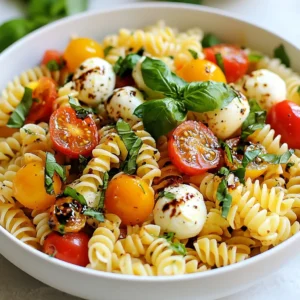 To make a tasty Caprese Pasta Salad, you will need: - 8 oz (225g) fusilli pasta - 1 cup cherry tomatoes, halved - 1 cup fresh mozzarella balls, halved (or diced mozzarella) - 1 cup fresh basil leaves, chopped - 3 tablespoons extra virgin olive oil - 2 tablespoons balsamic glaze - 1 clove garlic, minced - Salt and pepper to taste - 1 teaspoon dried oregano (optional) These ingredients come together to create a fresh and flavorful dish. If you don’t have a few items, don’t worry! Here are some easy swaps: - Fusilli pasta: You can use any pasta shape you prefer. Penne or rotini works well. - Cherry tomatoes: Substitute with grape tomatoes or any ripe tomatoes, diced. - Fresh mozzarella: Try using cubed feta or goat cheese for a different taste. - Basil: If you can’t find fresh basil, use fresh parsley or arugula instead. - Balsamic glaze: You can mix balsamic vinegar with a bit of honey for a quick fix. These substitutions keep your salad delicious and interesting. To keep your Caprese Pasta Salad fresh, follow these tips: - Pasta: Cook it al dente for the best texture. Rinse it in cold water to stop cooking. - Tomatoes: Use ripe cherry tomatoes for a sweet burst of flavor. - Mozzarella: Buy fresh mozzarella for creamy texture. Store it in water until use. - Basil: Keep basil leaves in water or wrap them in a damp paper towel. This helps them stay fresh longer. Using fresh ingredients makes all the difference in flavor and enjoyment. {{ingredient_image_1}} Start by boiling water in a large pot. Add a pinch of salt to the water. Once it boils, add 8 oz of fusilli pasta. Cook it until it's al dente. This usually takes about 8 to 10 minutes. After cooking, drain the pasta. Rinse it under cold water to stop the cooking process. This keeps the pasta firm and fresh. In a large mixing bowl, combine the cooked fusilli, 1 cup of halved cherry tomatoes, and 1 cup of halved mozzarella balls. Add 1 cup of chopped fresh basil leaves to the bowl. Mix all these ingredients gently. This creates a colorful and fresh base for your salad. In a small bowl, whisk together 3 tablespoons of extra virgin olive oil and 2 tablespoons of balsamic glaze. Add 1 clove of minced garlic for a nice kick. Season with salt and pepper to taste. If you want more flavor, add 1 teaspoon of dried oregano. Once mixed, pour the dressing over the salad mixture. Toss gently to coat everything well. To bring out the best taste in your Caprese pasta salad, focus on fresh ingredients. Use ripe cherry tomatoes for their sweetness. Fresh mozzarella adds creaminess. Always opt for extra virgin olive oil for a rich flavor. When mixing, toss gently to keep the mozzarella intact. This method preserves the texture and makes each bite delightful. If you need to tweak the recipe, it's easy. For a gluten-free option, swap fusilli with quinoa or gluten-free pasta. If you want a vegan dish, replace mozzarella with avocado or a plant-based cheese. Don't hesitate to play with herbs. For a zing, try fresh arugula or spinach instead of basil. Your salad can fit any diet with these simple changes. Presentation makes a big difference. Serve your pasta salad in a large, shallow bowl. Add extra basil leaves on top for a pop of green. Drizzle more balsamic glaze for an eye-catching finish. For a fun twist, use small jars for individual servings. This makes it easy for guests to grab and enjoy. Pro Tips Use Fresh Ingredients: Always opt for the freshest cherry tomatoes and basil for the best flavor in your Caprese pasta delight. Chill Before Serving: Allowing the pasta salad to sit for 10-15 minutes enhances the flavor as the ingredients meld together beautifully. Experiment with Cheese: If you want a richer taste, try adding burrata or a sprinkle of feta cheese for a delightful twist. Customize the Dressing: Feel free to adjust the balsamic glaze and olive oil to match your taste preferences for a personalized touch. {{image_2}} You can easily add protein to your Caprese pasta salad. Grilled chicken works well. Just slice it and mix it in. Cooked shrimp adds a seafood twist. For a vegetarian option, try chickpeas or black beans. These options boost protein and keep the salad filling. Swap ingredients based on what’s fresh. In summer, use ripe heirloom tomatoes. In fall, roasted butternut squash can add sweetness. Try arugula instead of basil for a peppery kick. Seasonal swaps make the dish fun and unique. This keeps your pasta salad exciting all year round. While fusilli is great, other pasta shapes work too. Penne or farfalle can add a new texture. Try whole wheat pasta for a nutty taste. Gluten-free pasta is a good choice for those with dietary needs. Experimenting with shapes makes your salad more appealing. To keep your Caprese pasta salad fresh, store it in an airtight container. Make sure it is fully cooled before sealing. Place it in the fridge right after serving. It will stay good for up to three days. Keep in mind that the tomatoes may release juice over time. This can make your pasta salad a bit soggy. To prevent this, consider adding tomatoes just before serving. You can eat Caprese pasta salad cold or at room temperature. If you prefer it warm, gently reheat it on the stove. Add a splash of olive oil to avoid drying it out. Stir it on low heat until it's warm. Be careful not to overheat, as it can change the taste of the fresh ingredients. Freezing Caprese pasta salad is not ideal. Fresh tomatoes, mozzarella, and basil do not freeze well. If you must freeze it, store only the pasta in a container. You can add fresh ingredients after thawing. To thaw, place the container in the fridge overnight. This way, you keep the salad fresh and tasty when you serve it again. Caprese Pasta Salad stays fresh for about three days in the fridge. Keep it in an airtight container. The flavors will taste even better after a day or two! Yes, you can make Caprese Pasta Salad ahead of time. I recommend making it a few hours before serving. This gives the flavors time to mix. Just remember to keep it chilled until you are ready to serve. Absolutely! Caprese Pasta Salad is great for meal prep. You can portion it into containers for easy meals. It works well for lunches or quick dinners. Just store it in the fridge and enjoy it throughout the week! In this blog post, we explored how to make a great Caprese Pasta Salad. We discussed all the ingredients and their best substitutes. We showed you step-by-step cooking and preparation tips. Adjustments for different diets were included too. Lastly, we covered storage, reheating, and common questions about the dish. Caprese Pasta Salad is fresh, simple, and flexible. Enjoy making your own version and impress your friends and family.