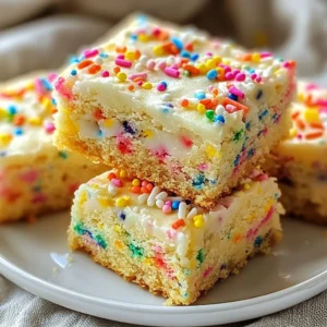 To make the best Funfetti Sugar Cookie Bars, you need a few key ingredients. Here is what you'll need: - 2 ½ cups all-purpose flour - 1 teaspoon baking soda - ½ teaspoon salt - 1 cup unsalted butter, softened - 1 cup granulated sugar - ½ cup brown sugar, packed - 1 tablespoon vanilla extract - 2 large eggs - 1 cup sprinkles (jimmies recommended) - ½ cup white chocolate chips (optional) Each ingredient plays a vital role. The flour gives structure, while butter adds richness. Sugar makes them sweet, and brown sugar adds moisture. Baking soda helps the bars rise, and salt balances the sweetness. Vanilla adds flavor, and eggs bind everything together. Sprinkles bring that festive touch, while white chocolate chips add extra sweetness. Using jimmies for sprinkles is key. They hold their shape during baking. You can skip the chocolate chips if you prefer a classic cookie flavor. This simple list keeps it fun and easy to make these bars. {{ingredient_image_1}} First, set your oven temperature to 350°F (175°C). This step is key for even baking. Then, line a 9x13 inch baking pan with parchment paper. Make sure to leave some overhang. This makes it easy to lift out the cookie bars later. In a medium bowl, combine 2 ½ cups of all-purpose flour, 1 teaspoon of baking soda, and ½ teaspoon of salt. Whisk them together until they blend well. Set this bowl aside for now. This mix gives your cookie bars a nice rise. In a large bowl, mix 1 cup of softened unsalted butter with 1 cup of granulated sugar and ½ cup of packed brown sugar. Use an electric mixer for about 2-3 minutes. You want the mixture to be light and fluffy. This step adds air, making your bars soft. Next, add 1 tablespoon of vanilla extract and 2 large eggs to the creamed mixture. Beat everything until well combined. The eggs help bind the ingredients together, creating a smooth texture. Now, gently fold in the dry ingredients. Do this until just combined. Be careful not to over-mix. Then, add in 1 cup of sprinkles and ½ cup of white chocolate chips, if you choose. Fold these in carefully so they spread evenly. Spread the dough evenly in the prepared pan. Smooth the top with a spatula. Bake in your preheated oven for 20-25 minutes. They are done when the edges are golden brown. You can check doneness by inserting a toothpick into the center. If it comes out clean, they are ready! Let the cookie bars cool in the pan for about 15 minutes. Then, lift them out using the parchment paper and let them cool completely on a wire rack. After cooling, cut into squares or rectangles and serve! To avoid over-mixing, mix just until you see no dry flour. Over-mixing makes the bars tough. It’s all about the gentle touch. Once you add the dry ingredients, use a spatula to fold them in slowly. This keeps the cookie bars soft and chewy. Check for doneness by looking at the edges. They should be golden brown. Insert a toothpick in the center; it should come out clean. Once done, let the bars cool in the pan for 15 minutes. This helps them set up before moving them. Use parchment paper to lift them out easily. After that, cool them completely on a wire rack. Want to boost flavor? Try adding a dash of almond extract. It adds a nice twist. You can also mix in nuts or different types of chips. Dark chocolate or peanut butter chips work great. These simple changes can make your Funfetti bars even more fun! Pro Tips Use Room Temperature Butter: Softened butter helps achieve a creamy texture, which is essential for fluffy cookie bars. Don’t Overmix the Dough: Mix just until the flour is incorporated to keep the bars tender and chewy. Choose the Right Sprinkles: Jimmies are best for baking as they hold their shape and color better than nonpareils. Cool Completely Before Cutting: Allowing the bars to cool fully prevents them from crumbling when you cut them. {{image_2}} Funfetti sugar cookie bars fit many fun themes. You can use them for birthdays, holidays, or parties. Change the sprinkles to match the theme. For a birthday, use bright colors. For holidays, pick red and green or pastel colors. These cookie bars can brighten any event. You can customize your bars with different mix-ins. Instead of white chocolate chips, try dark chocolate or milk chocolate chips. You can also add chopped nuts like walnuts or pecans for crunch. Another tasty option is to mix in peanut butter chips or caramel bits. Each choice gives a new flavor twist. If you need gluten-free bars, swap all-purpose flour for gluten-free flour. Make sure it’s a blend that works for baking. For a dairy-free option, use vegan butter and dairy-free chocolate chips. These swaps will keep the bars tasty while meeting dietary needs. Enjoy the same joy with different choices! Store your Funfetti sugar cookie bars in an airtight container. This keeps them fresh and soft. Place parchment paper between layers to avoid sticking. Keep the container in a cool, dry place, away from sunlight. If you want to enjoy them longer, refrigerate the bars. They stay fresh and tasty in the fridge. To freeze cookie bars, first, let them cool completely. Then, cut them into squares. Wrap each piece tightly in plastic wrap. Place the wrapped bars in a freezer-safe bag. Squeeze out any extra air before sealing. To thaw, take them out of the freezer and let them sit at room temperature for about 30 minutes. Enjoy your thawed treat! When stored at room temperature, these cookie bars last about 3 to 5 days. If you store them in the fridge, they can stay fresh for up to a week. Freezing extends their life to about 3 months. Just make sure they are well-wrapped to prevent freezer burn. No, you should not use cold butter. Softened butter mixes better with sugars. It helps to create air pockets, making your cookie bars light and soft. Cold butter does not blend well, leading to dense bars. Always let your butter sit out for about 30 minutes. This will make it easy to cream with the sugars. If you need an egg substitute, you have options. You can use unsweetened applesauce. Use 1/4 cup of applesauce for each egg. You can also use mashed banana, with the same ratio. Another option is flaxseed meal. Mix 1 tablespoon of flaxseed meal with 2.5 tablespoons of water. Let it sit for five minutes, and it becomes gel-like. Each of these choices works well in the recipe. If you want to skip the sprinkles, you can use chocolate chips instead. White chocolate chips or milk chocolate chips add a nice touch. You can also fold in nuts like walnuts or pecans. If you want to keep it simple, just leave them out. The bars will still taste great without sprinkles. Yes, you can double the recipe! Just use a larger pan, like a 12x18 inch pan. Make sure to adjust the baking time. Check for doneness a few minutes earlier, as larger batches can cook differently. More cookie bars mean more fun, so feel free to share! This recipe for cookie bars combines simple ingredients and clear steps. You learned how to mix, bake, and store them for maximum freshness. Remember, the right techniques ensure a delicious result every time. Feel free to get creative with add-ins or celebrate with fun themes. Whether for a party or a treat at home, these bars are sure to please. Enjoy baking, tasting, and sharing these sweet delights!