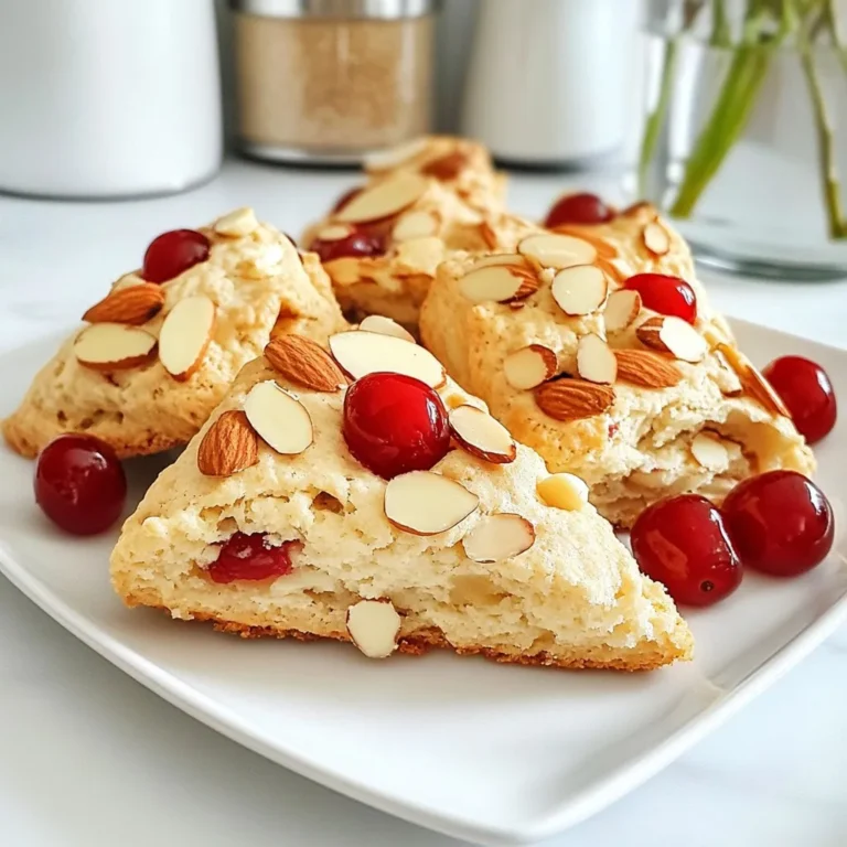 To make Cherry Almond Scones, you need to gather some simple ingredients. Each item plays a key role in the flavor and texture of these treats. Here’s the list you’ll need: - 2 cups all-purpose flour - 1/4 cup granulated sugar - 1 tablespoon baking powder - 1/2 teaspoon salt - 1/2 cup unsalted butter, cold and cubed - 1/2 cup heavy cream - 1 large egg - 1 teaspoon almond extract - 1 cup fresh or frozen cherries, pitted and halved - 1/4 cup sliced almonds, plus extra for topping - 1 egg wash (1 egg beaten with a splash of water) Each ingredient serves a purpose. The all-purpose flour forms the base. Granulated sugar adds sweetness. Baking powder helps the scones rise, while salt boosts flavor. Cold unsalted butter gives the scones their flaky texture. Heavy cream adds richness and moisture. The large egg binds the mixture together. Almond extract enhances the nutty flavor. Cherries bring a burst of juiciness. Sliced almonds add crunch and visual appeal. Finally, the egg wash gives your scones a lovely golden color when baked. By using fresh or frozen cherries, you can enjoy this recipe any time of year. These ingredients work together to create a delightful treat that’s perfect for breakfast or a snack. {{ingredient_image_1}} First, you need to preheat your oven to 400°F (200°C). This step is key for getting the scones nice and flaky. While the oven heats, line a baking sheet with parchment paper. This helps keep the scones from sticking and makes cleanup easy. In a large mixing bowl, combine 2 cups of all-purpose flour, 1/4 cup of granulated sugar, 1 tablespoon of baking powder, and 1/2 teaspoon of salt. Whisk these ingredients together until they blend well. This mix gives the scones a good rise and sweet flavor. Now, take 1/2 cup of cold, cubed unsalted butter. Add it to your flour mix. Use a pastry cutter or your fingers to cut the butter into the flour. You want to break it down until the mix looks like coarse crumbs. This step creates that flaky texture we all love. In a separate bowl, whisk together 1/2 cup of heavy cream, 1 large egg, and 1 teaspoon of almond extract. Mixing these wet ingredients well is important. This mix will bring moisture and flavor to your scones. Pour the wet mix into the dry mix. Stir gently until everything just comes together. Next, fold in 1 cup of pitted and halved cherries and 1/4 cup of sliced almonds. Be careful not to overmix; you want to keep the chunks of fruit intact. Turn the dough out onto a floured surface. Lightly knead it just enough to form a ball. Divide the dough into two equal portions. Shape each portion into a disc about 1-inch thick. Cut each disc into 6 wedges. Place the scones on your prepared baking sheet with space between them. Brush the tops with an egg wash made from 1 beaten egg and a splash of water. Sprinkle extra sliced almonds on top. Bake for 15-20 minutes or until they turn golden brown. Remove them from the oven and allow them to cool slightly before enjoying! To make the best cherry almond scones, cold butter is key. Cold butter helps create flaky layers. When your butter is cold, it doesn't fully mix with the flour. Instead, it stays in small pieces. This leads to a tender scone. Avoiding overmixing is also very important. When you mix too much, the dough gets tough. Mix just until the dry ingredients and wet ingredients come together. Then, gently fold in the cherries and almonds. This keeps your scones light and airy. Store leftover scones in an airtight container. They will stay fresh for up to two days at room temperature. If you want to keep them longer, freeze them. Wrap each scone tightly in plastic wrap. Then place them in a freezer bag. They can last up to three months in the freezer. Serve cherry almond scones warm for the best taste. Pair them with butter or jam for extra flavor. A cup of tea or coffee makes a lovely match. You can also top them with a light glaze for a sweet finish. Enjoy these scones at breakfast or as a snack! Pro Tips Use Cold Butter: Ensure your butter is very cold before cutting it into the flour. This helps create a flaky texture in the scones. Don't Overmix: When combining the wet and dry ingredients, mix just until combined. Overmixing can lead to tough scones. Fresh vs. Frozen Cherries: If using frozen cherries, make sure to thaw and drain them well to prevent excess moisture in the dough. Egg Wash for Shine: Brushing the tops of the scones with an egg wash before baking gives them a beautiful golden color and a glossy finish. {{image_2}} You can switch up the fruit in your scones. Instead of cherries, use blueberries, raspberries, or diced peaches. Each fruit brings a fresh twist. If you want a berry burst, try a mix of different berries. For gluten-free options, you can use a gluten-free flour blend. Make sure it has a good binding agent, like xanthan gum. This blend keeps your scones tender and fluffy. Spices can take your scones to the next level. Try adding a pinch of cinnamon or nutmeg to the dry mix. These spices add warmth and depth to the flavor. You can also add a dash of cardamom for a unique twist. A simple glaze can add sweetness and shine. Mix powdered sugar with a splash of vanilla and milk. Drizzle this over the warm scones for a lovely finish. For a fruity touch, add cherry juice to the glaze. This gives a nice color and flavor. Feel free to experiment with these ideas for your perfect Cherry Almond Scones! You can store your scones at room temperature. Place them in an airtight container. This keeps them fresh and tasty. Make sure to eat them within two days. If you leave them out too long, they can get dry. Freezing is a great option for scones. To freeze them, let the scones cool completely. Then, wrap each scone in plastic wrap. Place the wrapped scones in a freezer bag. They will stay good for up to three months. When you want to eat one, just take it out and let it thaw. Reheating scones is easy. Preheat your oven to 350°F (175°C). Place the scones on a baking sheet. Heat them for about 10 minutes. This makes them warm and flaky again. You can also microwave them for about 15-20 seconds. Enjoy your freshly warmed scones with a cup of tea! To keep your Cherry Almond Scones moist, use cold butter and heavy cream. This helps create a tender texture. Also, avoid overmixing the dough. Mix just until the wet and dry ingredients blend. Overmixing can make the scones tough. Yes, you can use frozen cherries! Just make sure to thaw them first and drain any excess liquid. This helps keep the dough from becoming too wet. Frozen cherries can still give you that sweet flavor and lovely color. If you don't have almond extract, you can use vanilla extract instead. Vanilla adds a nice flavor, but it won't taste quite the same. You could also try using a splash of orange zest for a fruity twist. Cherry Almond Scones stay fresh for about two days at room temperature. If you want to keep them longer, store them in an airtight container in the fridge for up to a week. You can also freeze them for up to three months. Just make sure to wrap them well! You learned how to make delicious cherry almond scones. We covered the key ingredients, step-by-step instructions, and helpful tips. Remember to use cold butter for the best texture. You can also try different fruits or add a glaze for fun twists. Store your scones properly to keep them fresh. Enjoy baking and sharing these tasty treats with friends or family!