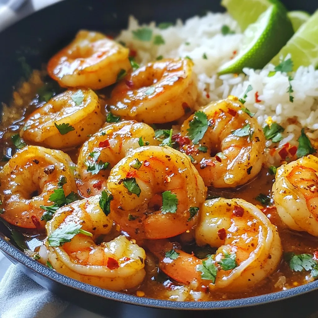 - Large shrimp: 1 pound, peeled and deveined - Honey: 3 tablespoons - Soy sauce: 2 tablespoons - Garlic: 3 cloves, minced - Ginger: 1 tablespoon, minced - Red pepper flakes: 1 teaspoon, adjusted to taste - Olive oil: 2 tablespoons - Lime juice: 1 tablespoon - Salt and pepper: to taste - Garnish: Fresh cilantro, chopped - Serving suggestion: Lime wedges When it comes to making Spicy Honey Garlic Shrimp, the right ingredients make all the difference. I always start with fresh, large shrimp. They should be peeled and deveined for the best texture. You want them to soak up all that delicious sauce. Next, honey plays a crucial role. It adds sweetness that balances the heat. I use three tablespoons for just the right amount. Soy sauce brings in umami, giving the dish depth. Three cloves of minced garlic and a tablespoon of minced ginger add a lovely aromatic touch. Red pepper flakes are key for that spicy kick. You can adjust them to your taste. If you like it milder, use less. For the cooking process, I use two tablespoons of olive oil. And don’t forget the lime juice! It brightens the dish with a fresh zing. Salt and pepper round out the flavors. After cooking, a sprinkle of fresh cilantro makes a vibrant garnish. Serve it with lime wedges for a burst of flavor. This mix of ingredients creates a dish that is not only tasty but also very simple to prepare. {{ingredient_image_1}} - Mixing the sauce: In a bowl, combine 3 tablespoons honey, 2 tablespoons soy sauce, 3 minced garlic cloves, 1 tablespoon minced ginger, 1 tablespoon lime juice, and 1 teaspoon red pepper flakes. Whisk until smooth. Set it aside. - Seasoning shrimp: Take 1 pound of large shrimp. Peel and devein them if not done. Sprinkle salt and pepper on the shrimp. This adds flavor and makes them tasty. - Heating the skillet: Grab a large skillet. Pour in 2 tablespoons of olive oil. Heat it on medium-high until it shimmers. The oil should be hot but not smoking. - Cooking the shrimp: Place the shrimp in the skillet in a single layer. Cook for 2-3 minutes. Watch as they turn pink and caramelize. This gives them a nice color and flavor. - Adding sauce: Flip the shrimp over. Pour the honey garlic sauce over them. Cook for another 2-3 minutes. Stir gently to coat the shrimp. The sauce will thicken slightly, making it even better. - Garnishing with cilantro: Once the shrimp are done, take them off the heat. Chop some fresh cilantro and sprinkle it on top. This adds a pop of color and fresh flavor. - Tips for a beautiful presentation: Serve the shrimp over jasmine rice or quinoa. Drizzle extra sauce from the skillet on top. Add lime wedges on the side for a fresh touch. This makes your dish look great and taste even better. To make your spicy honey garlic shrimp shine, balance is key. Adjusting spice levels is crucial. If you want more heat, add extra red pepper flakes. For less heat, cut back on them. Enjoying the sweet honey combined with the zing of spice makes every bite exciting. Using soy sauce adds depth. Choose a good quality soy sauce, as it enhances umami flavor. Use it wisely. A little goes a long way. Mix soy sauce well with honey and other ingredients to create a rich sauce. Overcooking shrimp can ruin your dish. Cook shrimp until they turn pink and opaque. This usually takes just 2-3 minutes on each side. They cook quickly, so keep an eye on them. If they curl up tightly, they may be overdone. To ensure your sauce thickens properly, stir it gently. After adding the sauce to the shrimp, let it bubble for a couple of minutes. This helps the flavors meld together. The sauce should coat the shrimp nicely when done. For an appealing look, serve your shrimp over fluffy jasmine rice or quinoa. The grains soak up the sauce well. Drizzle extra sauce over the shrimp for a beautiful finish. Add lime wedges on the side for color and freshness. They brighten up the dish. When plating, arrange shrimp in a single layer. This makes it look more inviting. A sprinkle of fresh cilantro on top adds a pop of green. Pro Tips Fresh Ingredients: Use fresh shrimp for the best flavor and texture. Frozen shrimp can be used, but make sure to thaw them completely and pat them dry before cooking. Adjust Spice Level: Feel free to adjust the amount of red pepper flakes according to your heat preference. Start with less if you're unsure and add more as desired. Thickening the Sauce: For a thicker sauce, let it bubble for a minute or two after adding the shrimp to allow it to reduce slightly. This will intensify the flavors. Serving Suggestions: Serve the shrimp over jasmine rice or quinoa, and garnish with lime wedges for a refreshing burst of flavor. You can also add steamed vegetables for a complete meal. {{image_2}} You can switch up the shrimp in this recipe. Here are some tasty options: - Scallops: These are sweet and cook quickly. - Chicken: Cut it into small pieces for a hearty bite. - Fish: Try firm fish like salmon or cod. If you want a vegan dish, tofu works great. Use firm tofu and press it to remove extra water. You can also use vegetables like bell peppers or zucchini. They add crunch and flavor. You can change the flavor profile by altering a few ingredients. - Honey substitutes: Agave syrup or maple syrup can replace honey. Both will add a sweet touch. - Additional spices: Add herbs like basil or cilantro for fresh notes. You can also include spices like cumin or paprika for depth. Serving ideas can make your dish exciting. - Tacos: Serve shrimp in corn tortillas with avocado and salsa. - Rice bowls: Place shrimp over jasmine rice and top with veggies. - Salads: Toss cooked shrimp with greens, nuts, and a citrus dressing. Pair your dish with a light beverage like a crisp white wine or sparkling water. These drinks will enhance the shrimp's flavors without overpowering them. To keep your spicy honey garlic shrimp fresh, store it in an airtight container. Place the shrimp inside and cover it well. Refrigerate it right after it cools down. This way, your shrimp stays tasty for up to three days. If you want to keep it longer, you can freeze it. Use a freezer-safe bag and remove as much air as possible. Frozen shrimp dishes can last for up to three months. When it's time to eat your leftovers, you can choose between a microwave or a skillet. The microwave is quick, but it may dry out the shrimp. If you want to keep the flavor and texture, use a skillet. Heat it on low and stir gently. Be careful not to overcook the shrimp, as they can become rubbery. Just heat until warm, and it's ready to enjoy again! Cooked shrimp can stay safe to eat for about three to four days in the fridge. After that, they may spoil. Check for signs of spoilage like a bad smell or a slimy texture. If you see any of these signs, it is best to throw it away. Always trust your senses to keep your meals safe! What type of shrimp should I use? Use large shrimp that are peeled and deveined. They cook quickly and absorb the sauce well. You can also use frozen shrimp if fresh is not available. Just thaw them before cooking. Can I make Spicy Honey Garlic Shrimp ahead of time? You can prepare the sauce ahead. Store it in the fridge for a day. Cook the shrimp fresh for the best taste and texture. How do I know when shrimp are fully cooked? Shrimp turn pink and curl up when cooked. They should be opaque and firm. Avoid overcooking to keep them tender. Is there a substitute for soy sauce? Yes, you can use tamari for a gluten-free option. Coconut aminos also work well for a milder flavor. Can I use fresh ingredients instead of dried spices? Yes, you can use fresh ginger instead of dried. Fresh garlic is also great. Just adjust the amounts since fresh ingredients are usually stronger. What are the best side dishes to serve with shrimp? Serve your shrimp over steamed jasmine rice or quinoa. Roasted vegetables or a fresh salad are great sides too. How to store unused sauce? Store any leftover sauce in an airtight container. Keep it in the fridge and use it within a week. You can also freeze it for future use. You’ve learned how to make Spicy Honey Garlic Shrimp from start to finish. We covered ingredients, step-by-step preparation, and tips for great flavor and presentation. Remember, this dish is not just tasty; it’s also flexible. You can adjust ingredients and try different proteins. Use these instructions to impress your friends and family. Happy cooking!