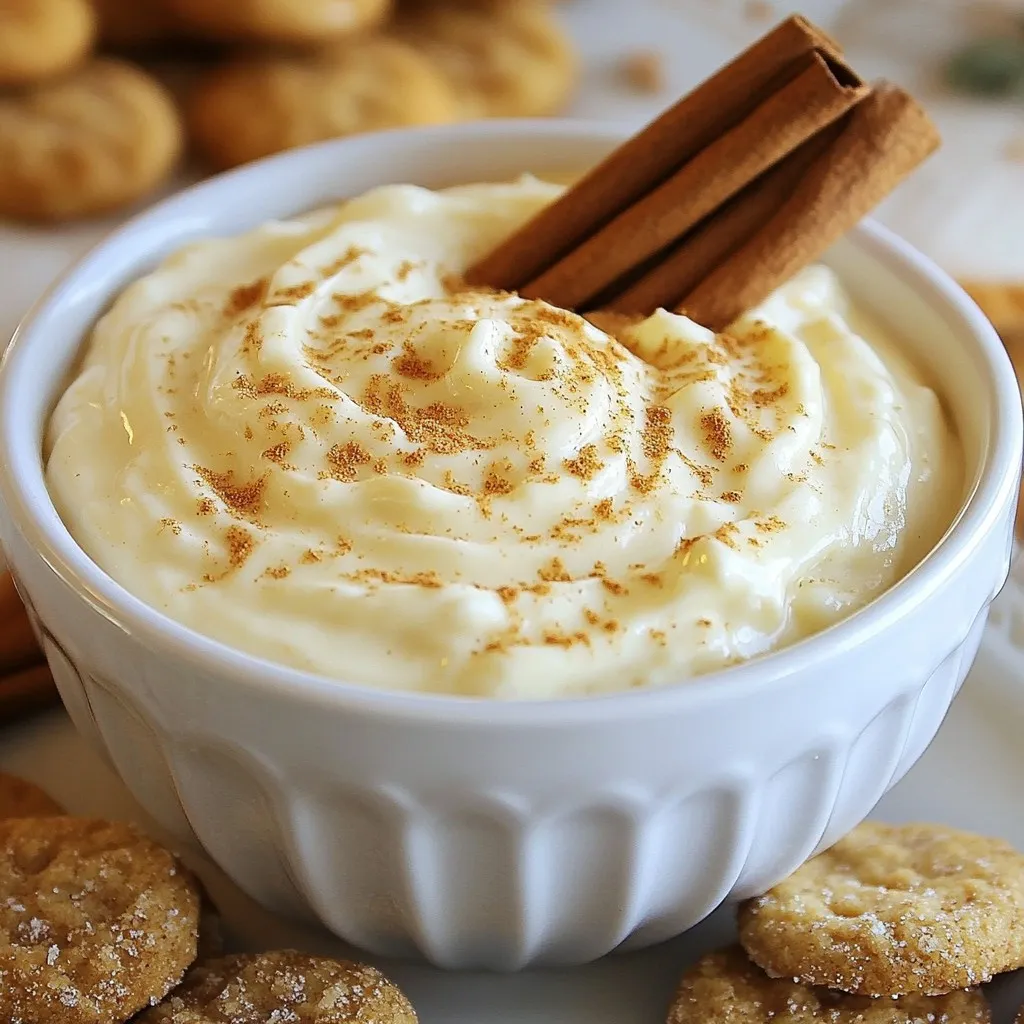 To make this delightful Eggnog Cheesecake Dip, you will need a few simple ingredients. Each one plays a key role in creating that rich, creamy texture and festive flavor. Here’s what you’ll need: - 8 oz cream cheese, softened - 1 cup powdered sugar - 1 cup sour cream - 1 teaspoon vanilla extract - 1/2 teaspoon ground nutmeg - 1/2 teaspoon ground cinnamon - 1/2 cup whipped cream, for folding - Gingersnap cookies, for serving - Optional: crushed nutmeg and cinnamon sticks for garnish Each ingredient combines to create a festive dip that tastes just like eggnog. The cream cheese gives it a rich base, while the powdered sugar adds sweetness. Sour cream brings a nice tang, balancing the flavors perfectly. Vanilla extract enhances the taste, making it warm and inviting. Don’t forget the spices! Ground nutmeg and cinnamon are must-haves for that classic holiday flavor. The whipped cream lightens the dip and makes it fluffy. Gingersnap cookies are the perfect companion for dipping, adding a spicy crunch. Feel free to get creative with the optional garnishes like crushed nutmeg or cinnamon sticks. They make your dip look even more festive! {{ingredient_image_1}} - Mixing the cream cheese Start by taking 8 ounces of softened cream cheese. Place it in a large mixing bowl. Use an electric mixer to beat it until it is smooth. This step helps create a creamy base for the dip. - Adding powdered sugar Gradually add 1 cup of powdered sugar to the cream cheese. Mix it in until the sugar is fully combined. This makes the dip sweet and adds to its creamy texture. - Incorporating sour cream and vanilla Pour in 1 cup of sour cream and 1 teaspoon of vanilla extract. Mix these ingredients until everything is well blended. The sour cream adds a nice tang to the dip. - Flavoring with spices Sprinkle in 1/2 teaspoon of ground nutmeg and 1/2 teaspoon of ground cinnamon. Stir until the spices are evenly mixed. These spices give the dip that classic eggnog flavor. - Folding in whipped cream Gently fold in 1/2 cup of whipped cream. Use a spatula to combine the whipped cream lightly. This step makes the dip airy and fluffy. - Serving suggestions Transfer the dip into a serving bowl. Smooth the top with a spatula. If you want, sprinkle some crushed nutmeg on top. You can also add cinnamon sticks as a garnish. Serve the dip with gingersnap cookies for a tasty treat. Enjoy your festive eggnog cheesecake dip! To make the best Eggnog Cheesecake Dip, start with softened cream cheese. Softened cream cheese mixes easily and gives a smooth dip. If it’s too cold, your dip will be lumpy. Leave it out for about 30 minutes before mixing. Next, when you fold in the whipped cream, do it gently. Use a spatula to lift the cream from the bottom. This keeps the dip light and fluffy. If you stir too hard, your dip will lose its airy feel. If your dip is too sweet, you can adjust the sweetness. Add a pinch of salt or more spices. This will balance the flavors and make it taste even better. To boost the flavor, consider adding extra spices. A dash of cloves or allspice can enhance the warmth of the dip. You can also try a bit of vanilla bean paste for a richer taste. Using flavored whipped toppings is another fun idea. A vanilla or cinnamon-flavored topping can add a new layer of flavor. This small change can make your dip stand out. Pro Tips Use Room Temperature Ingredients: Ensure your cream cheese and sour cream are at room temperature for a smoother, creamier dip. Experiment with Spices: Adjust the nutmeg and cinnamon to your taste, or add a pinch of clove for a more complex flavor profile. Chill Before Serving: Allowing the dip to chill in the refrigerator for an hour enhances the flavors and improves the texture. Garnish Creatively: Get creative with your garnishes! Use crushed gingersnap cookies or whipped cream for an extra festive touch. {{image_2}} You can switch things up with fun flavors. One popular twist is the pumpkin spice version. Just add pumpkin puree and a bit more cinnamon. This gives a cozy fall taste. Another great option is the chocolate eggnog dip. Mix in some cocoa powder for a rich, sweet treat. Both of these variations keep the creamy goodness while adding new flavors. You don’t have to stick to gingersnap cookies. Try pairing the dip with different cookies. Sugar cookies, gingerbread, or even shortbread work well. Each cookie brings its own charm to the dip. You can also use the dip as a spread for desserts. Spread it on graham crackers or a slice of cake. This adds a festive touch to any dessert table. To keep your eggnog cheesecake dip fresh, store it in the fridge. Use an airtight container. This will help keep it from drying out. You can also cover it tightly with plastic wrap. If you want to save it for later, you can freeze it. Just put it in a freezer-safe container. Make sure to leave some space at the top for expansion. The dip stays fresh in the fridge for about 3 to 5 days. If you freeze it, it can last up to 2 months. When you're ready to eat it, just thaw it in the fridge overnight. After thawing, it’s best to enjoy it in a few days. If it looks or smells off, toss it. Always check for freshness before serving. Yes, you can make this dip ahead of time. It tastes even better after chilling. I suggest making it a few hours before your event. Just cover it and store it in the fridge. This way, the flavors blend well. When it's time to serve, you can add the whipped cream and garnishes. If you need a substitute for sour cream, try Greek yogurt. It has a similar texture and tang. You can also use crème fraîche. Both options work well in this dip. Just use the same amount as the sour cream in the recipe. Absolutely! You can create a non-dairy version. Use non-dairy cream cheese instead of regular cream cheese. For sour cream, use non-dairy yogurt. Also, choose a non-dairy whipped topping for the whipped cream. These swaps keep the flavor rich and creamy without dairy. This article covered how to make Eggnog Cheesecake Dip. We discussed ingredients, step-by-step instructions, and tips for the best texture. You can try tasty variations, like pumpkin spice or chocolate. Proper storage keeps the dip fresh longer. In my view, this dip is perfect for gatherings or cozy nights in. Enjoy mixing flavors and sharing with friends. Happy dipping!