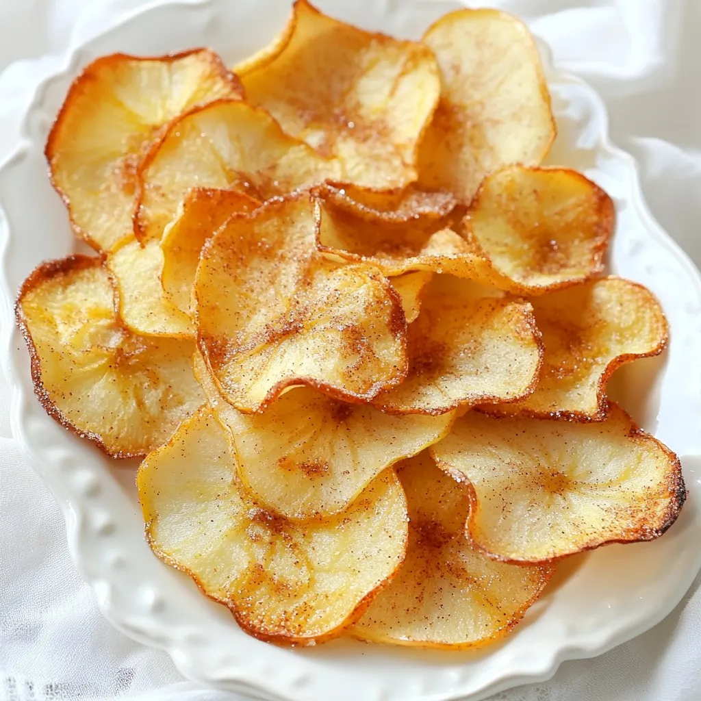 To make cinnamon sugar apple chips, gather these key items: - 3 medium-sized apples (such as Honeycrisp or Fuji) - 2 tablespoons granulated sugar - 1 teaspoon ground cinnamon - Pinch of salt - Lemon juice (for coating) These ingredients create a perfect balance of sweet and spiced flavors. The apples serve as the base, while the sugar and cinnamon add a nice touch. Choosing the right apples is crucial. I recommend these tasty options: - Honeycrisp: Sweet, crisp, and juicy. - Fuji: Sweet with a firm texture. - Granny Smith: Tart and crisp, perfect for balance. These varieties hold up well during baking and give great flavor. Feel free to get creative! Here are some optional ideas: - Nutmeg: Adds warmth and depth. - Vanilla extract: Enhances sweetness. - Brown sugar: Gives a rich flavor. You can play with these extras to make the chips your own. Enjoy experimenting! {{ingredient_image_1}} Start by washing your apples well. I like to use Honeycrisp or Fuji apples. They are sweet and crisp. After washing, dry them with a clean towel. Next, slice the apples thinly. Use a mandoline or a sharp knife. Aim for about 1/8 inch thick. Thin slices will crisp better. In a small bowl, mix the sugar, cinnamon, and a pinch of salt. This blend adds great flavor. Take your apple slices and place them in a large bowl. Drizzle a little lemon juice on top. This helps prevent browning. Toss the apple slices gently to coat. Now, sprinkle the cinnamon-sugar mix over them. Make sure every slice gets an even coat. Preheat your oven to 200°F (93°C). Line two baking sheets with parchment paper. Lay the apple slices in a single layer. Make sure they don’t overlap. Bake them for about 2 hours. Flip the slices halfway for even crispiness. Keep an eye on them. They are done when crispy and lightly browned. Let them cool completely. They will crisp up as they cool. Enjoy your crunchy snack! To get your apple chips super crispy, use a mandoline for even slices. Slice the apples to about 1/8 inch thick. Thin slices help the chips bake evenly. Lay the slices in one single layer on the baking sheet. If they overlap, they won’t cook well. Bake them slowly at a low temperature, around 200°F (93°C). Flip the slices halfway through to ensure even cooking. Keep an eye on them. They should be lightly browned and crisp when done. If you have leftover apple chips, store them in an airtight container. This keeps them fresh and crunchy. You can also use a resealable bag, but remove as much air as possible. Keep them in a cool, dry place, away from sunlight. They can last for about a week if stored right. If you want them crisp again, reheat them in the oven for a few minutes. One common mistake is not drying the apple slices enough before baking. Make sure to dry them well after washing. Another mistake is using thick slices. Thick slices take longer to cook and may turn out soft. Don't skip the lemon juice; it prevents browning and adds flavor. Lastly, avoid overcrowding the baking sheets. Giving each slice space helps them crisp up nicely. Pro Tips Choose the Right Apples: Opt for sweeter varieties like Honeycrisp or Fuji for a tastier chip. Their natural sweetness enhances the flavor of the cinnamon sugar. Uniform Slices: Use a mandoline for perfectly uniform slices. This ensures even cooking and crispiness across all chips. Watch the Baking Time: Keep an eye on the apple chips as they bake. Depending on your oven, the time may vary slightly, so check for crispiness and light browning. Storage Tips: Once cooled, store the apple chips in an airtight container to maintain their crispness. They make a great snack for days! {{image_2}} You can add more flavors to your cinnamon sugar apple chips. Try adding nutmeg for a warm spice. Just a pinch will do! If you like sweet flavors, vanilla extract works well too. A few drops will make your chips taste special. These small changes can take your snack to the next level. You don’t have to use plain sugar for sweetness. Brown sugar adds a rich flavor. It gives your chips a lovely caramel note. Honey is another option. Drizzle it over the apple slices for a natural sweetness. Both options work great and change the flavor a bit. Why stop at apples? You can use other fruits to make chips. Pears are a tasty choice that pairs well with cinnamon. Bananas also work; just slice them thin. Try experimenting with peaches or mangoes if you’re feeling adventurous. Each fruit will give you a unique and delicious chip! To keep your cinnamon sugar apple chips fresh, store them in an airtight container. You can use a glass jar or a plastic bag. Avoid using containers that let air in. Make sure the chips are completely cool before sealing them. This keeps moisture away and helps them stay crispy. To maintain the crispiness, keep the apple chips away from heat and light. Store them in a cool, dark place. If you notice any moisture in the container, transfer the chips to a new one. You can also add a small packet of silica gel to absorb moisture. This helps keep your snack crunchy for longer. Homemade apple chips can last for up to two weeks when stored correctly. If you notice any changes in texture or taste, it’s best to toss them. However, for the best flavor and crunch, enjoy them within the first week. Trust me, they make a great snack, and you won’t want to let them sit around for too long! Yes, you can use a dehydrator to make apple chips. A dehydrator dries the apples slowly, which helps keep their flavor and nutrients. Slice the apples thin, like you would for the oven. Set the dehydrator to 135°F (57°C). Dry the apple slices for about 6 to 8 hours. Check them often until they reach a crisp texture. Using a dehydrator can give you a different, but tasty, result. To prevent browning, use lemon juice. After slicing the apples, drizzle a little lemon juice over them. Toss the slices gently to coat them. The lemon juice stops oxidation, which causes browning. It also adds a nice flavor. Another tip is to soak the slices in a mix of water and lemon juice for a few minutes before coating them in cinnamon sugar. Cinnamon sugar apple chips offer several benefits. Apples are high in fiber, which helps digestion. They also provide vitamins like A and C. Cinnamon has antioxidants and may help with blood sugar levels. While sugar adds some calories, you can control how much you use. When baked, these chips are a better snack option than chips or candy. Enjoy them guilt-free! We've covered key ingredients, steps, and tips for making delicious apple chips. You can choose the best apples and even customize flavors. Remember to use simple tricks for crispiness and proper storage to keep them fresh. Explore options like different fruits and sweeteners to mix things up. Making apple chips is fun and rewarding. Enjoy these tasty snacks while knowing they are good for you!