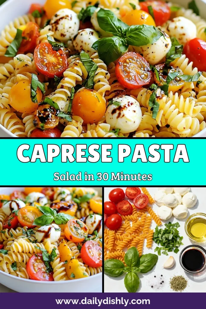 Discover the ultimate Caprese pasta recipe with this easy fusilli pasta salad! Bursting with flavor, this cherry tomato mozzarella salad is perfect for any occasion. Made with fresh basil, olive oil, and balsamic glaze, it's a delightful and refreshing fresh basil pasta dish that everyone will love. Don't miss out on this delicious, quick-to-make dish—save the recipe and impress your friends at your next gathering! #CapresePasta #FusilliSalad #EasyPastaRecipes #FreshBasilDish