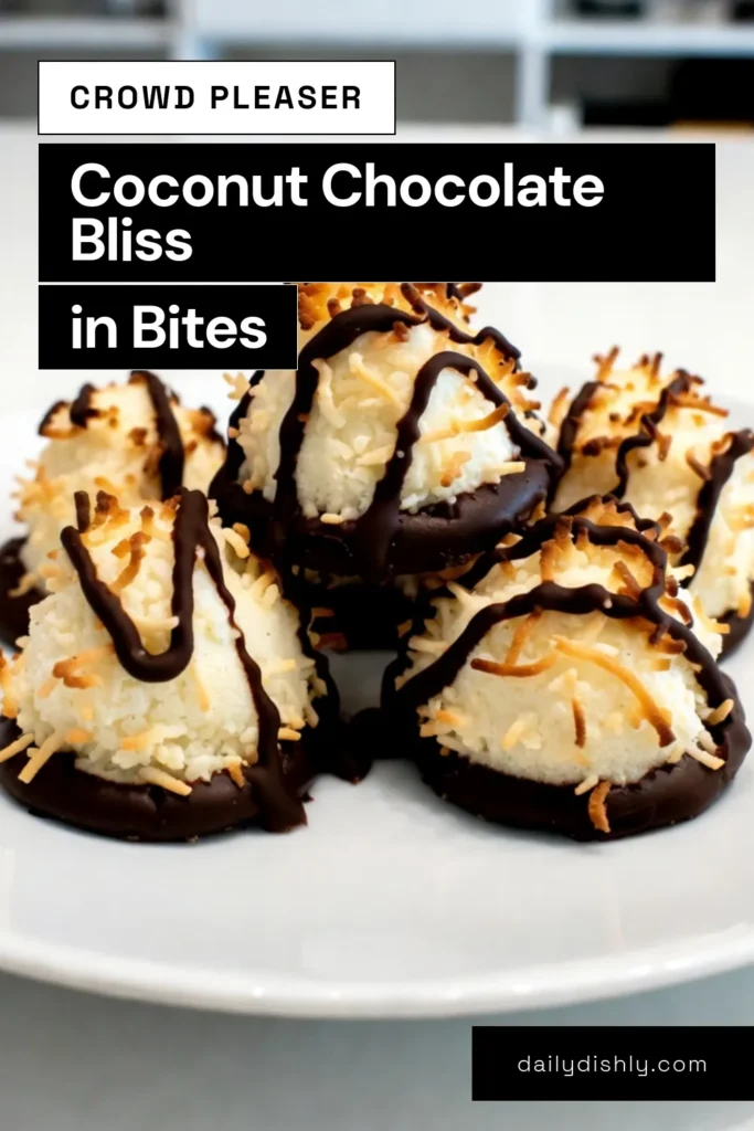 Discover the ultimate Coconut Bliss Bites recipe with these homemade coconut macaroons that are perfect for any occasion! These easy coconut desserts combine sweet shredded coconut with rich, chocolate-dipped goodness. Delight in these no-bake coconut treats that will impress your friends and family. Save this recipe now and indulge in this delectable treat today! #CoconutBliss #Macaroons #DessertRecipes #ChocolateDipped