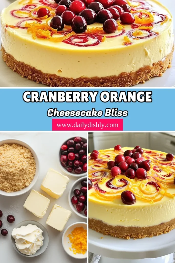 Indulge in this deliciously creamy Cranberry Orange Cheesecake, a perfect blend of tart and sweet! This Dream Cheesecake Recipe features rich cream cheese and fresh cranberries, making it the ideal holiday dessert. With simple no-bake cheesecake ingredients and an easy-to-follow method, you’ll impress your guests and satisfy your cravings. Save this recipe for your next gathering and make your celebrations sweeter! #CranberryOrangeCheesecake #CreamCheeseDessert #HolidayDessertIdeas #DessertRecipe