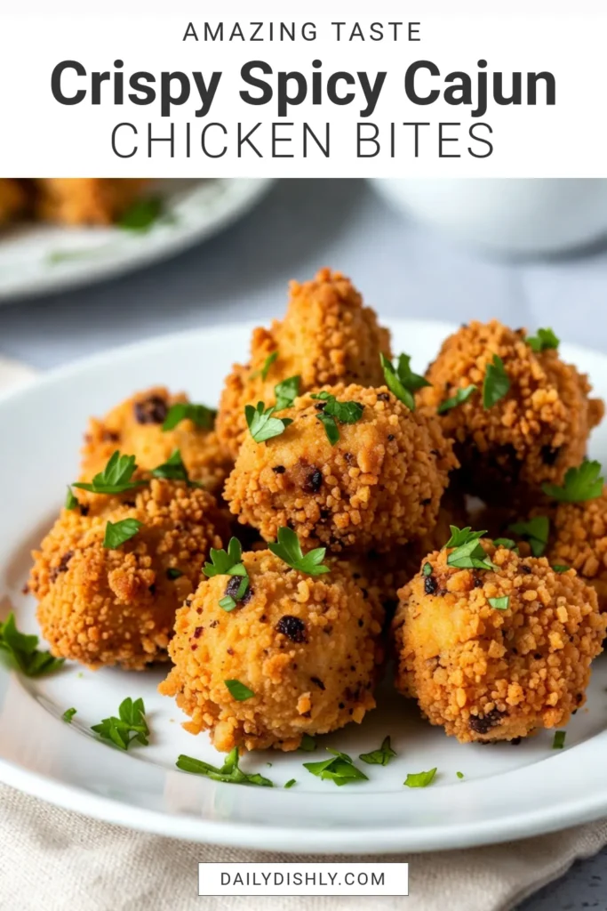 Looking for a delicious and flavorful snack? Try these Spicy Cajun Chicken Bites! This Cajun chicken recipe features juicy fried chicken bites coated in a crunchy layer that makes them perfect for any occasion. These spicy appetizers are sure to impress your guests and satisfy your cravings. Make them for your next gathering and watch them disappear! Save this spicy appetizers recipe for later! #SpicyCajunChickenBites #CajunChickenRecipe #CrunchyChickenAppetizers #FriedChickenBites