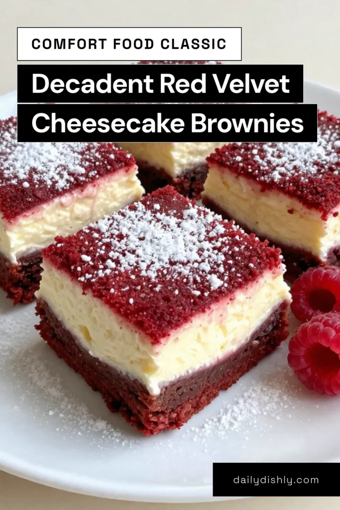 Indulge in these delicious Red Velvet Cheesecake Brownies that combine the richness of homemade red velvet brownies with a creamy cheesecake swirl. Easy to make, this red velvet dessert is perfect for any occasion! Follow our simple cream cheese brownies recipe to impress your friends and family. Don't miss out on this delightful treat—save this recipe now! #RedVelvetCheesecakeBrownies #EasyRedVelvetDessert #CheesecakeSwirlBrownies #CreamCheeseBrowniesRecipe