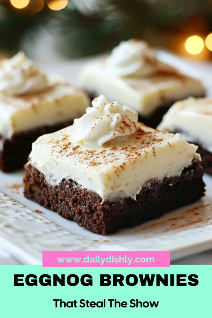 Indulge in the holiday spirit with these Eggnog Frosted Brownies! This festive brownie recipe combines rich chocolate brownies with a creamy eggnog frosting recipe, making it the perfect Christmas brownie dessert. Spark joy in your holiday baking recipes by delighting family and friends with this sweet treat. Don't miss out – click to discover how to make these delicious Eggnog brownies today! #EggnogBrownies #ChristmasDesserts #HolidayBaking #FestiveRecipes