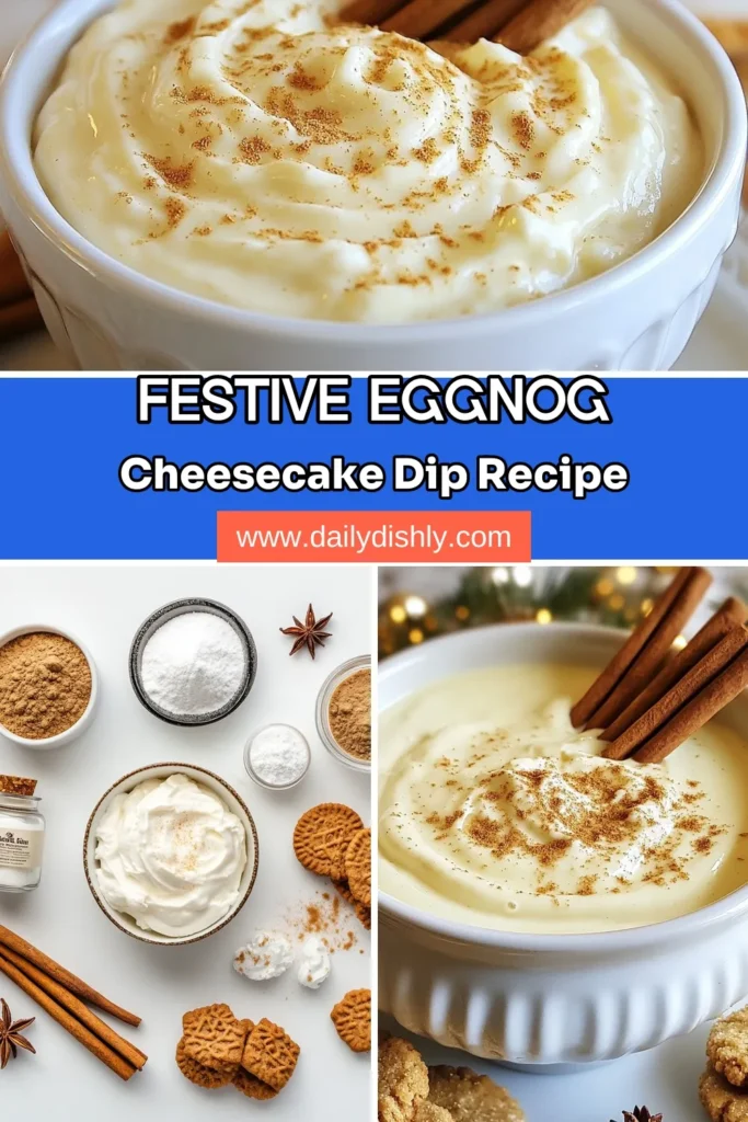 Indulge in the festive flavors of this eggnog cheesecake dip, the perfect holiday dessert dip for your next gathering! This creamy eggnog dip combines rich cream cheese and sour cream with warm spices, making it a must-try. Pair it with gingersnap cookies for an irresistible treat. Perfect for sharing and enjoying during the holidays! Get the full recipe now and elevate your festive dessert recipes! #eggnogcheesecakdip #holidaydessertdip #creamyeggnogdip #gingersnapcookiedip