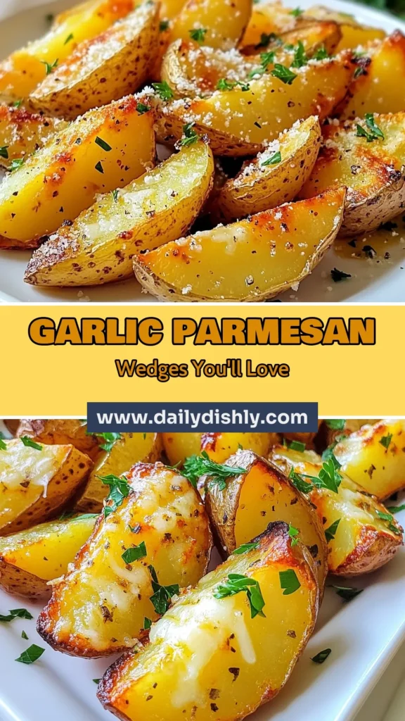 Discover the irresistible flavor of Garlic Parmesan Potato Wedges! This baked potato wedges recipe is perfect for a tasty snack or side dish. Enjoy crispy garlic potatoes coated in rich Parmesan cheese. These easy oven potato wedges are simple to make and sure to impress. Try this delicious recipe today and elevate your snacking game! Save it now for a perfect addition to your meal plan! #GarlicParmesan #PotatoWedges #SnackRecipes #EasyRecipes