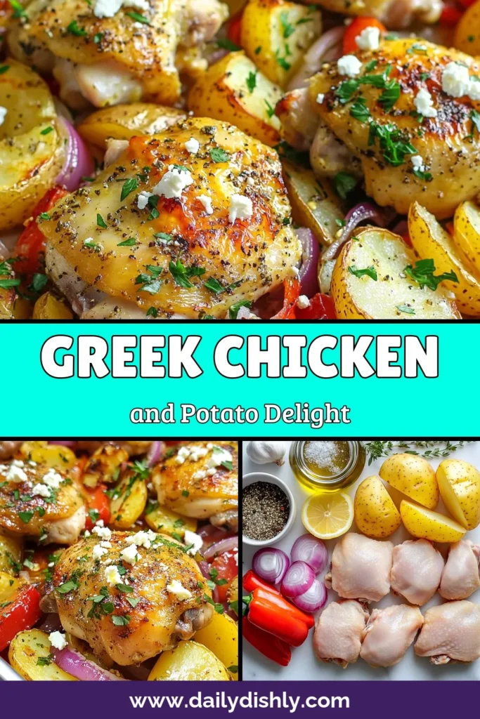 Experience the flavors of the Mediterranean with this easy Greek chicken recipe featuring tender baked chicken thighs with vegetables. This Greek Chicken & Potatoes Sheet Pan dish is perfect for a simple yet delicious dinner. With oven roasted chicken and potatoes combined with fresh veggies, it's an ideal easy Greek dinner recipe for busy nights. Try it tonight and savor the taste! Save and share for a delightful meal. #GreekChickenRecipe #MediterraneanChicken #SheetPanDinner #EasyWeeknightMeal