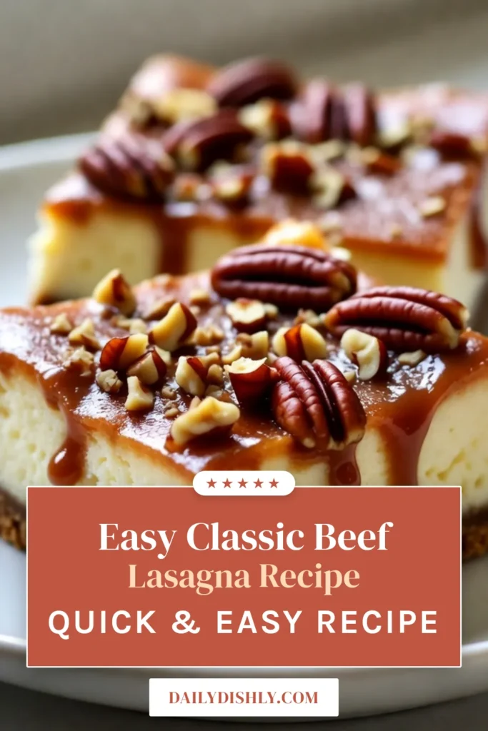 Indulge in these caramel pecan cheesecake bars, a delicious twist on classic cheesecake bars recipe! This easy caramel cheesecake combines creamy layers and crunchy pecans, perfect for your next dessert craving. No-bake cheesecake bars are a hit at gatherings and are simple to make. Try this irresistible pecan dessert bars recipe today and treat yourself to a taste sensation. Save for later! #CaramelPecan #CheesecakeBars #DessertRecipes #EasyDesserts