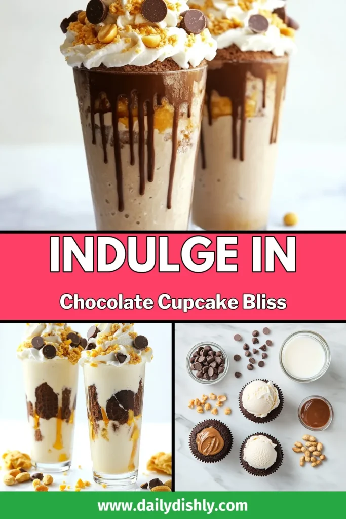 Indulge in this delicious Chocolate Peanut Butter Cupcake Milkshake! This easy chocolate milkshake blends two rich chocolate cupcakes with creamy peanut butter and vanilla ice cream for a decadent treat. Perfect for dessert lovers, this cupcake milkshake recipe is a delightful way to enjoy a chocolate cupcake dessert in drink form. Don't miss out on this creamy milkshake with peanut butter! Save now for later! #ChocolatePeanutButter #MilkshakeRecipe #DessertDrink #EasyChocolateMilkshake