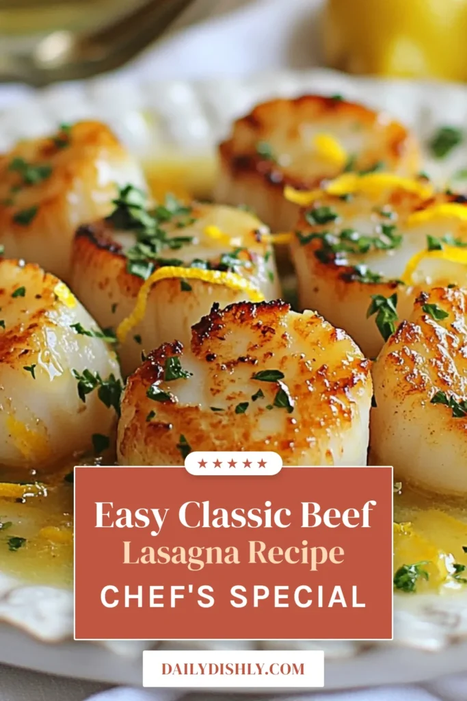 Elevate your dinner with this Lemon Butter Scallops recipe! These seared scallops with garlic are the perfect easy seafood dinner for any night. This quick scallops recipe will impress your guests and satisfy your cravings. Cooked in rich scallops in lemon sauce, they’re a delightful treat. Get cooking and enjoy this delectable dish tonight! Save this recipe for your next meal! #SeafoodRecipes #LemonButter #QuickDinner #ScallopRecipe