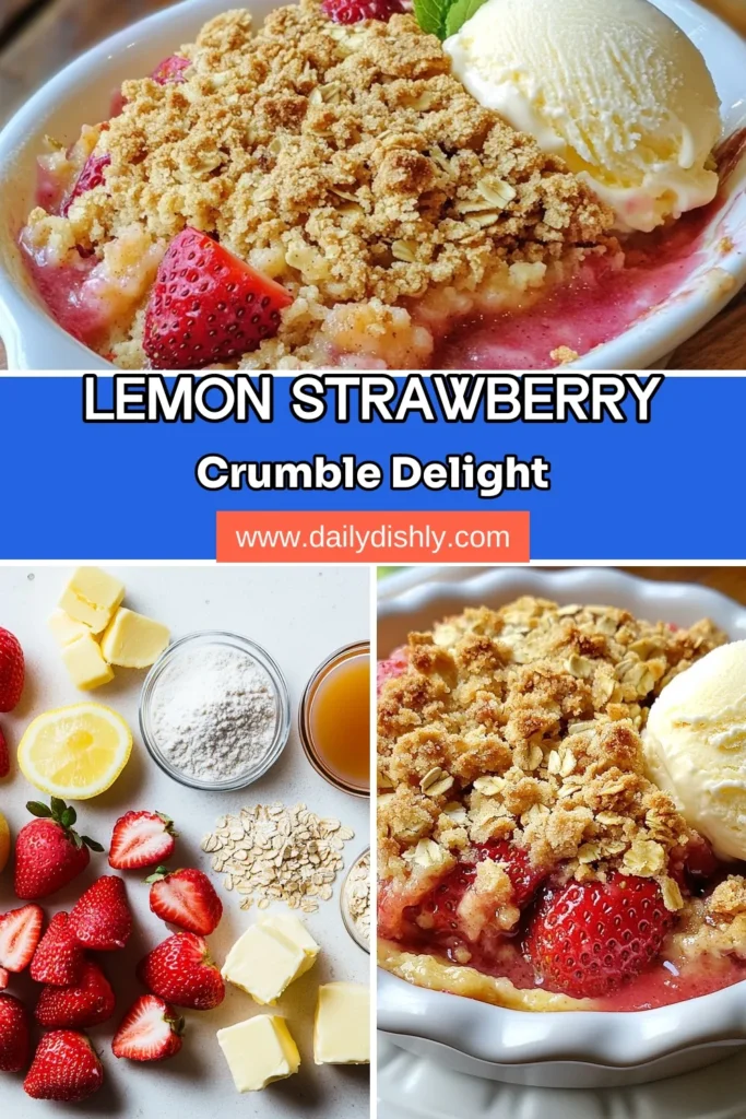 Indulge in this delicious strawberry lemon crumble, the perfect easy fruit crumble recipe for summer! Bursting with fresh strawberries and zesty lemon, this strawberry dessert with icing is a must-try. Whether you're hosting a gathering or enjoying a cozy night in, baked strawberry treats like this will impress. Don’t forget to top it with vanilla ice cream for a delightful finish. Try it today! #StrawberryLemonCrumble #SummerDessertRecipes #EasyDessert #FruitCrumble