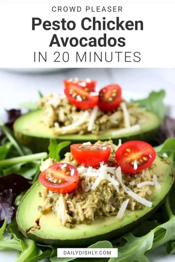 Looking for a delicious and healthy dinner idea? Try these Pesto Chicken Stuffed Avocados! This recipe combines creamy avocados with shredded chicken tossed in flavorful pesto for a satisfying meal. It's perfect for low-carb avocado meals and easy chicken dinner ideas. In just 20 minutes, you can whip up this tasty dish that's great for any occasion. Save this recipe for healthy avocado recipes that everyone will love! #PestoChickenStuffedAvocados #AvocadoStuffedChicken #HealthyRecipes #LowCarbMeals