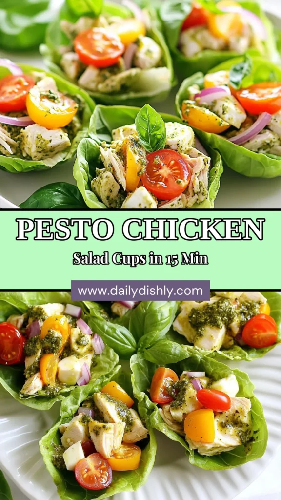 Discover the deliciousness of Pesto Chicken Salad Lettuce Cups with this easy chicken salad recipe that's both healthy and refreshing! Packed with shredded chicken, vibrant basil pesto, cherry tomatoes, and crispy lettuce, these low-carb salad cups make for a perfect snack or light meal. Ready in just 15 minutes, they are the ultimate low-carb solution. Check out this healthy chicken salad recipe and elevate your dining experience! Save this recipe for a fresh twist on meal prep! #PestoChickenSalad #LettuceCupsRecipe #LowCarbSalad #HealthyChickenSalad