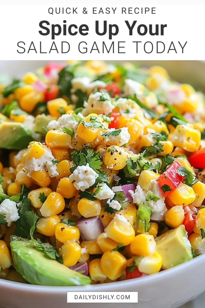 Dive into the flavors of summer with this irresistible Mexican street corn salad! This zesty corn salad recipe combines grilled corn salad with avocado, crunchy bell peppers, and creamy queso fresco for a delicious side dish. Perfect for barbecues or gatherings, this cilantro corn salad recipe is easy to make in just 30 minutes! Save this recipe for your next cookout and bring fresh, vibrant taste to your table. #MexicanStreetCornSalad #CornSaladWithQuesoFresco #GrilledCornSaladWithAvocado #CilantroCornSaladRecipe