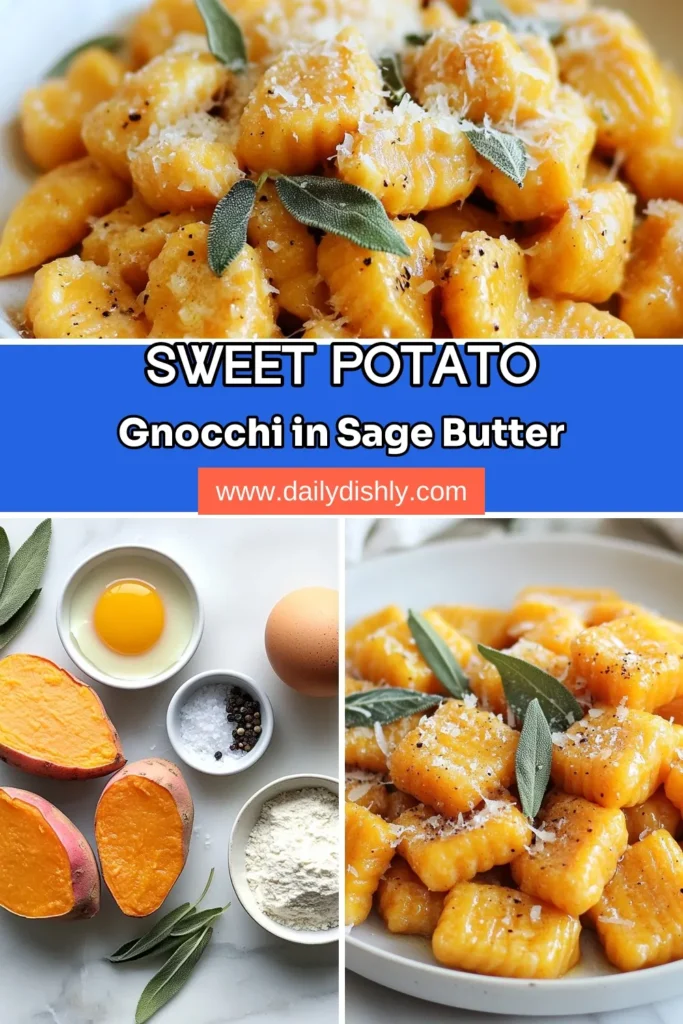 Discover the delightful flavors of Sweet Potato Gnocchi with Sage Butter, the perfect combination for a cozy meal. This Easy Sweet Potato Recipe is a must-try Homemade Gnocchi Recipe that transforms simple ingredients into Italian Gnocchi with Sage that will impress everyone. Ready in just 30 minutes, it’s a dish you won't want to miss! Save this recipe for an amazing dinner. #SweetPotatoGnocchi #SageButterPasta #EasySweetPotatoRecipe #HomemadeGnocchiRecipe