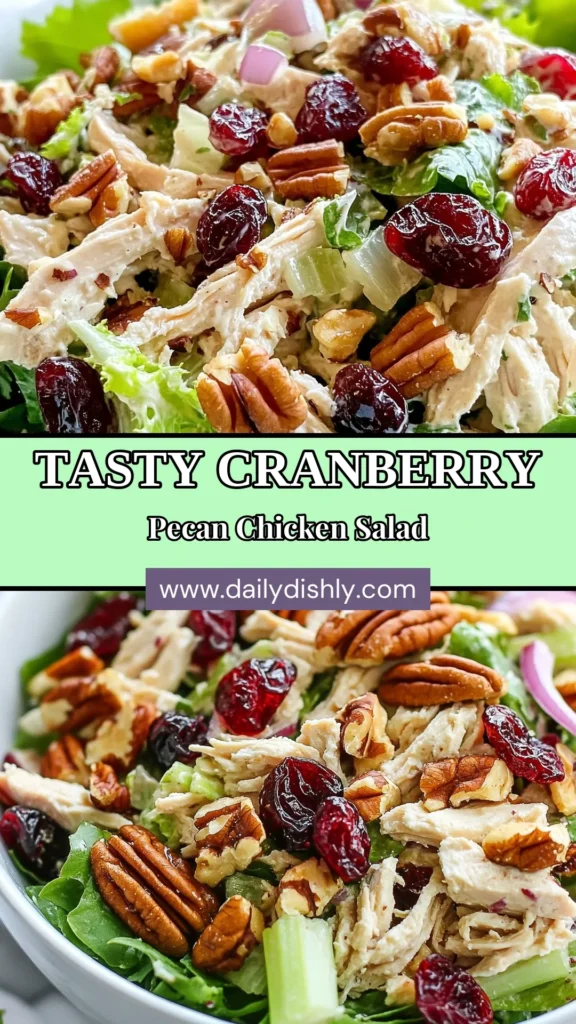 Discover the deliciousness of Cranberry Pecan Chicken Salad, a healthy chicken salad recipe that’s perfect for any meal. This easy chicken salad with nuts features tender shredded chicken, tangy dried cranberries, and crunchy pecans, all bound together with creamy Greek yogurt. Enjoy this nutritious Chicken Salad with Dried Cranberries on a bed of mixed greens. Perfect for meal prep! Save this recipe today and try it out! #ChickenSalad #HealthyEating #MealPrep #RecipeIdeas